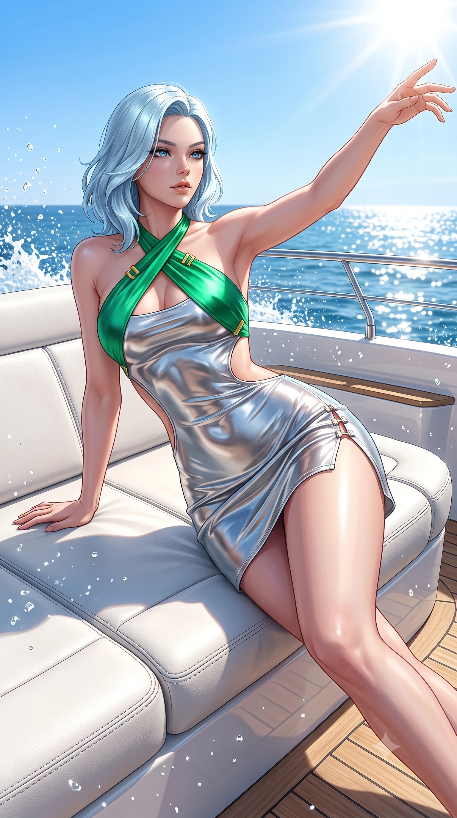 score_9, masterpiece, best quality, ultra-detailed, high-budget anime keyframe, semi-realistic 3D game render, editorial fashion photography, tasteful artistic composition, Korean woman. close-up cowboy shot from the waist and thighs up, the character dominates the composition, filling the frame with her large presence. extending one arm gracefully toward the light while her torso arches in a sleek, alluring curve with magnetic intensity while lounging seductively across a custom white leather sunbed on the teak deck of a luxury yacht under brilliant sun. The surrounding environment is rendered in vivid detail and crisp panoramic clarity. sharp splashing sea spray droplets, white leather sunbed seams, and cloudless sky in high clarity. She has an exceptionally elegant, slender, and willowy female figure with an ultra-slim waist, a gracefully sculpted slender torso, toned flat midriff, and a refined slim silhouette. sharp v-shaped jawline, high-bridge nose, intricate jewel-like eyes with depth, thick eyelashes, glossy lips with a natural sheen, flawlessly proportioned anatomical accuracy, strict slender model proportions, natural body alignment, perfectly sculpted long slender limbs, ultra-slim waistline, clean dynamic posture without body distortion. wearing a molten silver liquid-metal mini dress featuring deep side-waist cutouts and a daring crossover halter neckline in bright emerald green satin and gold hardware, tailored from semi-translucent cybernetic vinyl with glowing micro-filaments, finished with an ultra-high side slit secured by miniature magnetic clasps, the glove-like aerodynamic second-skin fit tightly clinging to her ultra-slender waist and athletic curves without adding bulk, accentuating her razor-sharp statuesque lines and slim hourglass silhouette. bathed in dazzling midday Mediterranean sunshine and sparkling ocean surface reflections. highly saturated vibrant anime colors, detailed shading with soft gradients, rich glossy textures, high-contrast stereoscopic depth, volumetric dynamic lighting, master piece, 9:16 ratio