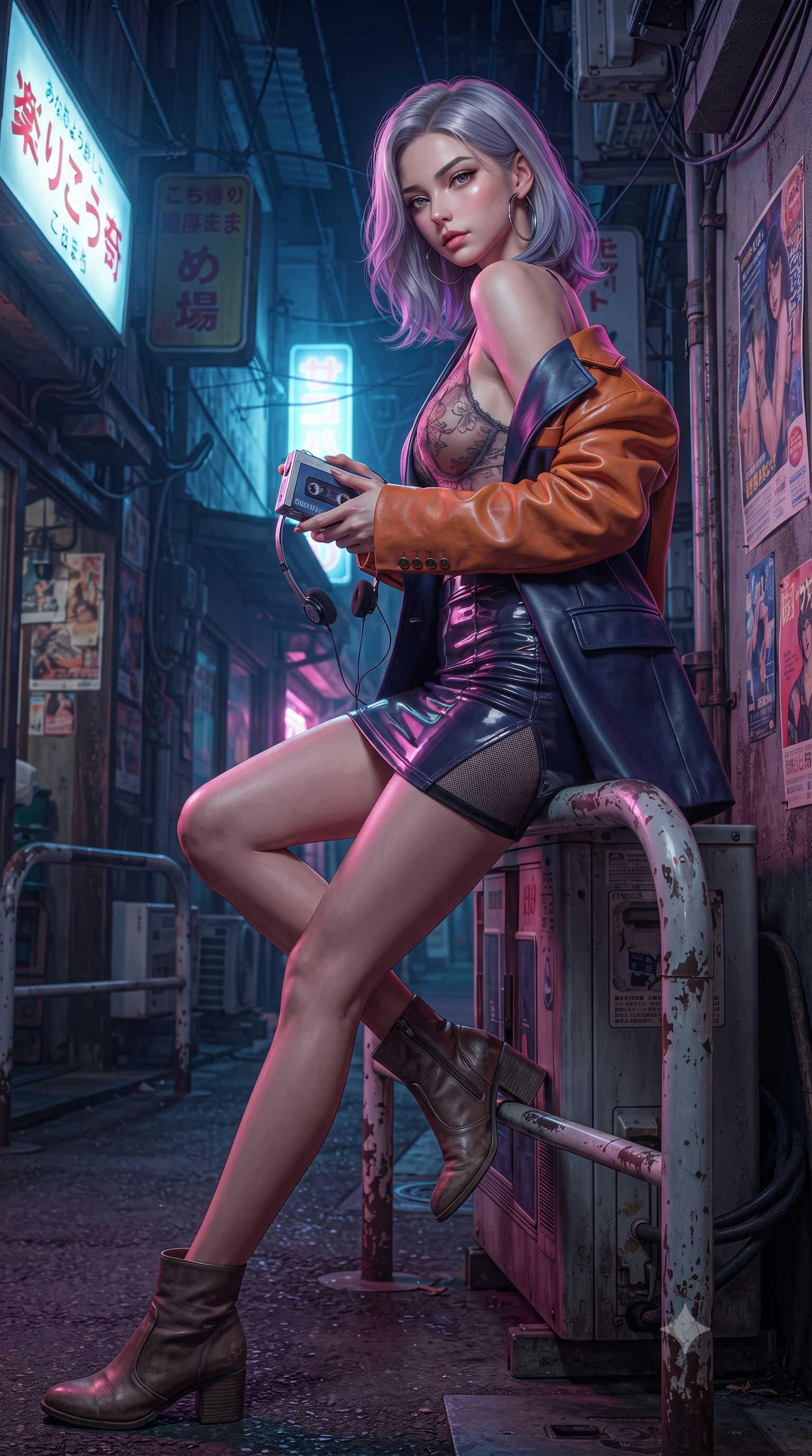 score_9, masterpiece, best quality, ultra-detailed, high-budget anime keyframe, editorial fashion photography, tasteful artistic composition, Caucasian woman. low angle full-body shot from head to toe showing her feet, filling the entire 9:16 vertical frame with her statuesque presence, stretching her vertical silhouette. walking along the moonlit terrace with poise, looking back over her bare shoulder with an irresistible smoldering bedroom-gaze while sitting perched on the metal railing of the arcade entrance with legs extended, holding a cassette walkman with effortless 80s cool. The surrounding environment is rendered in vivid detail and crisp panoramic clarity: detailed vinyl mini-skirt shine, subtle mesh fabric texture, and authentic Showa-era alley architecture in razor-sharp precision. She has an absolutely perfect, statuesque 8.5-heads proportion, an exceptionally tall and slender model-like female figure with impossibly long slender legs, an ultra-slim waist, a flat toned midriff, narrow delicate ribcage, and beautifully sculpted feminine hips creating a graceful, slim hourglass silhouette without any bulky heaviness. sharp v-shaped jawline, high-bridge nose, sparkling eyes with hypnotic seductive depth, thick curled eyelashes, glossy parted lips with a natural dewy peach sheen, alluring bedroom-eyes with an enchanting coquettish smile, exuding magnetic siren charisma and sophisticated glamour, flawlessly proportioned anatomical accuracy, strict slender model proportions, natural body alignment, perfectly sculpted long slender limbs, ultra-slim waistline, clean dynamic posture without body distortion. wearing a delicate sheer floral lace teddy layered under an open tailored oversized blazer draped casually over bare shoulders in sunset tangerine orange and deep navy indigo, woven from buttery-soft stretch lambskin leather adhering to her body like a second skin, accented with oversized polished chrome hoop earrings catching the ambient neon glow, the liquid-tight tailored fabric clinging flawlessly to her narrow waist and rounded feminine hips, emphasizing every millimeter of her sculpted slim hourglass curves without any bulky heaviness. illuminated by puddle specular bounce and sharp magenta rim lights defining her razor-sharp jawline, ultra-slim waist, and curvy hips. ultra-reflective glossy finish, specular highlights, rich textural contrasts, high-contrast stereoscopic depth, volumetric dynamic lighting, 2k, ultra detail, master piece, 9:16 ratio