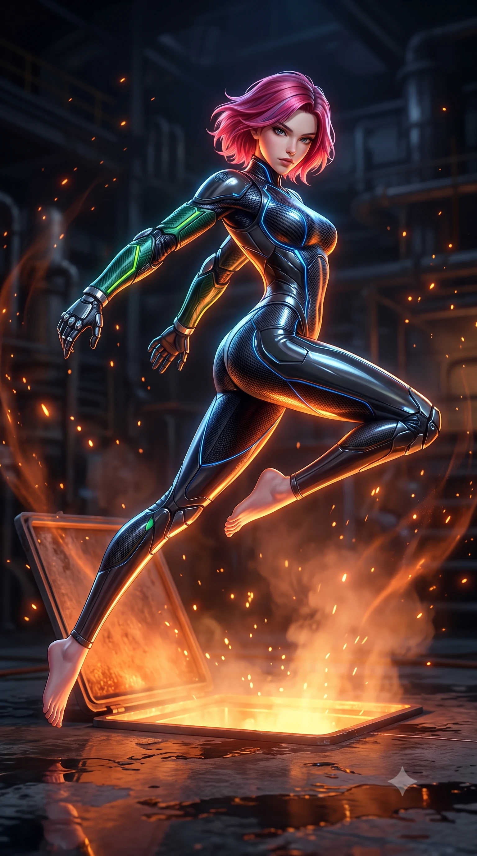 score_9, masterpiece, best quality, ultra-detailed, high-budget anime keyframe, semi-realistic 3D game render, editorial fashion photography, tasteful artistic composition, Caucasian woman. low angle full-body shot from head to toe showing her feet, filling the entire 9:16 vertical frame with her statuesque presence, stretching her vertical silhouette. pivoting dynamically in a high-speed low sweep kick along the reflective floor, her athletic torso and ultra-slim waist twisting in a fluid arc of power while arching her back in an athletic back-handspring over an open steam vent with molten orange light tracing her curves. The composition keeps background elements in soft focus with creamy bokeh. blazing thermal air ripples and sparks scattering glowing light motes across a dark industrial backdrop. She has an absolutely perfect, statuesque 8.5-heads proportion, an exceptionally tall and slender model-like female figure with impossibly long slender legs, a toned flat midriff, and an ultra-slim waist. sharp v-shaped jawline, high-bridge nose, intricate jewel-like eyes with depth, thick eyelashes, glossy lips with a natural sheen, flawlessly proportioned anatomical accuracy, strict slender model proportions, natural body alignment, perfectly sculpted long slender limbs, ultra-slim waistline, clean dynamic posture without body distortion. wearing an aerodynamic dark titanium carbon-mesh jumper with glowing blue fiber lines and reinforced Damascus-pattern arm guards in emerald green carbon composite with glowing lime laser channels, formed from high-gloss patent carbon-plating with specular chiaroscuro reflections, detailed with magnetic knuckle shock-absorbers and polished chrome articulation joints, the form-contouring material adhering flawlessly to her sculpted flat midriff and slender torso, emphasizing her long leg lines and perfectly proportioned willowy build. bathed in blazing orange magma uplights and warm amber reactor ambient radiance. rich saturated anime colors with glowing neon highlights, detailed shading with soft gradients, rich glossy textures, high-contrast stereoscopic depth, volumetric dynamic lighting, master piece, 9:16 ratio