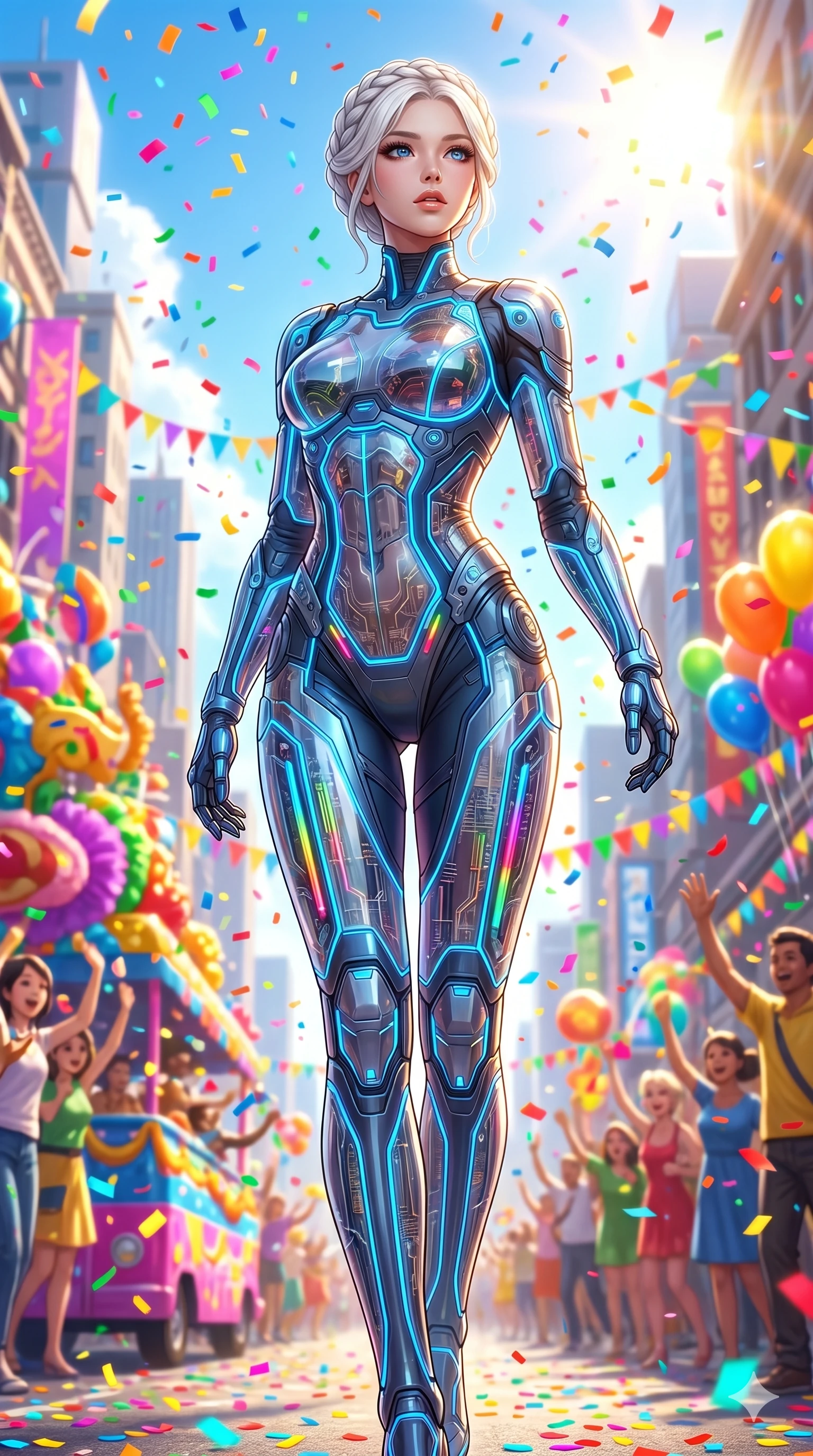 score_9, masterpiece, best quality, ultra-detailed, Set A: Photorealistic 8k CG, Japanese woman. Low angle cowboy shot filling the entire 9:16 frame with her statuesque presence. Standing in a rain of colorful confetti on a grand parade. She has an absolutely perfect 8-heads proportion, an exceptionally tall and slender female figure with impossibly long slender legs and an ultra-slim waist. Sharp v-shaped jawline, high-bridge nose, intricate jewel-like eyes with depth, thick eyelashes, glossy lips. Wearing a Tech-Fantasy outfit: cybernetic tech-suit with glowing seams and translucent PVC. Background is a bright and colorful city street with vibrant decorations and bright sunlight. 2k, ultra detail, master piece, 9:16 ratio
