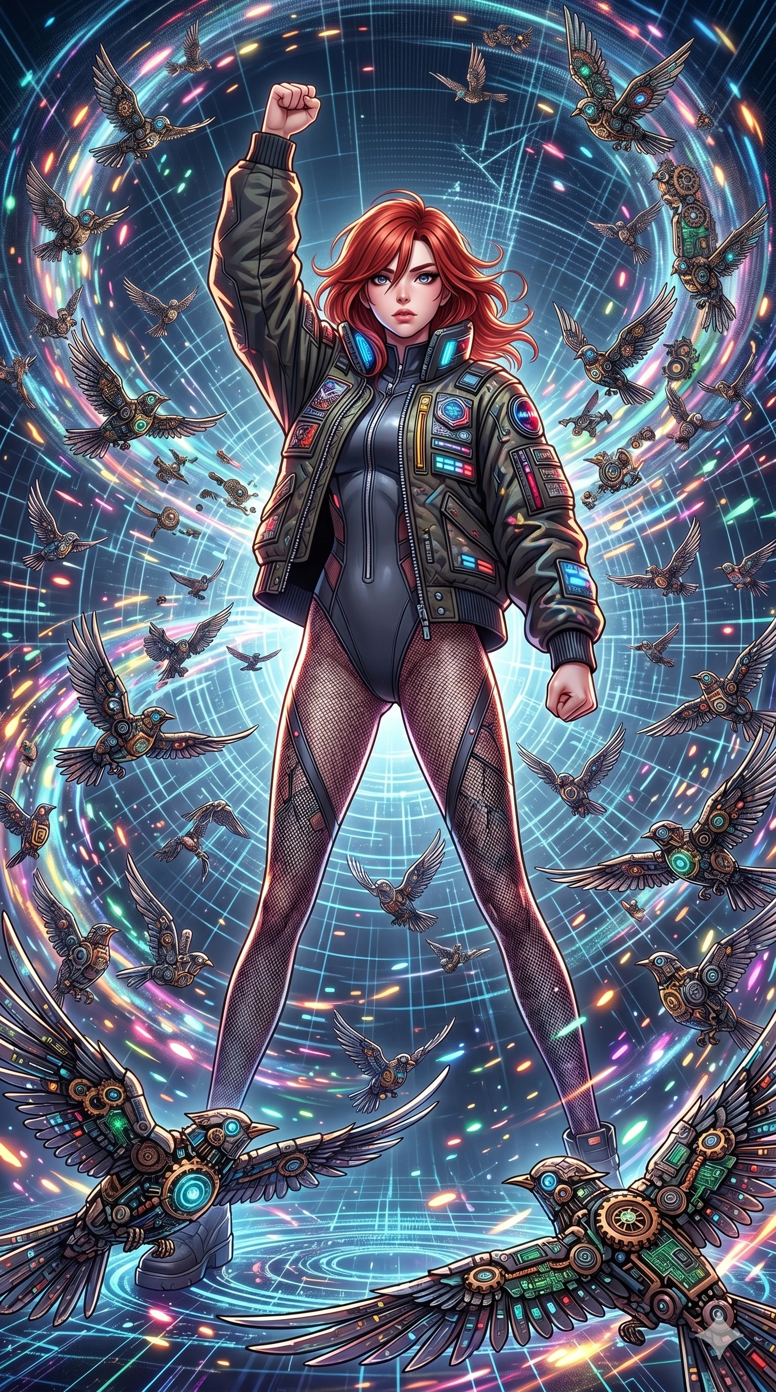 score_9, masterpiece, best quality, ultra-detailed, Set A: High-budget Anime Keyframe, Japanese woman. Low angle cowboy shot filling the entire 9:16 frame with her statuesque presence. Standing victoriously through a virtual reality void, surrounded by a whirlwind of 252 mechanical birds and surrounded by glowing energy sparks. She has an absolutely perfect 8-heads proportion, an exceptionally tall and slender female figure with impossibly long slender legs and an ultra-slim waist. Sharp v-shaped jawline, high-bridge nose, intricate jewel-like eyes with depth, thick eyelashes, glossy lips with a natural sheen. Wearing Heavy tactical bomber jacket worn over a micro-bodysuit with mesh stockings. Cinematic lighting, vibrant colors, dramatic shadows, 2k, ultra detail, master piece, 9:16 ratio