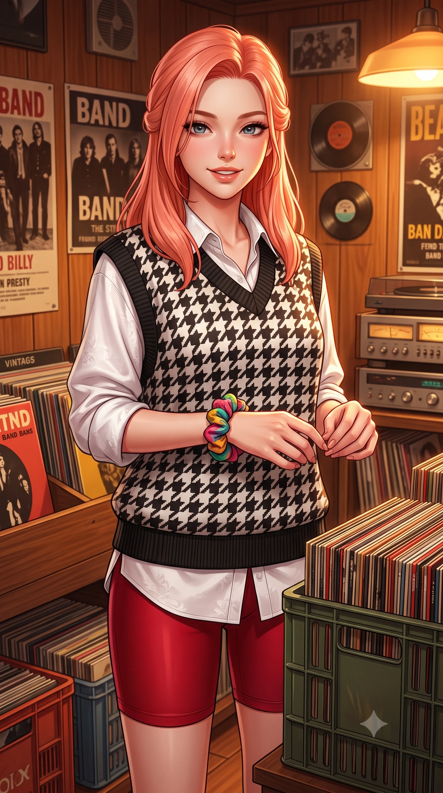 score_9, masterpiece, best quality, ultra-detailed, high-budget anime keyframe, semi-realistic 3D game render, editorial fashion photography, tasteful artistic composition, Japanese woman. close-up cowboy shot from the waist and thighs up, the character dominates the composition, filling the frame with her large presence. holding her hands loosely in front with regal, aristocratic poise, radiating an overwhelming high-society aura while browsing through crates of vintage vinyl records in a cozy, wood-paneled record shop with a fascinated, sweet smile. The surrounding environment is rendered in vivid detail and crisp panoramic clarity. warm vintage analog chiaroscuro and sophisticated jazz sanctuary aesthetics rendered with precision. She has an exceptionally elegant, slender, and willowy female figure with an ultra-slim waist, a gracefully sculpted slender torso, toned flat midriff, and a refined slim silhouette. sharp v-shaped jawline, high-bridge nose, intricate jewel-like eyes with depth, thick eyelashes, glossy lips with a natural sheen, captivating and magnetic expression, flawlessly proportioned anatomical accuracy, strict slender model proportions, natural body alignment, perfectly sculpted long slender limbs, ultra-slim waistline, clean dynamic posture without body distortion. wearing an oversized 90s knit sweater vest worn over a crisp white boyfriend shirt and cycling shorts in classic monochrome houndstooth and cherry red, crafted from liquid-smooth silk satin with subtle floral jacquard, accessorized with a colorful scrunchie on her wrist and classic retro high-top sneakers, the glove-like aerodynamic second-skin fit tightly clinging to her ultra-slender waist and athletic curves without adding bulk, accentuating her razor-sharp statuesque lines and slim hourglass silhouette. bathed in warm amber incandescent lamp glow and golden vacuum tube ambient warmth. highly saturated vibrant anime colors, detailed shading with soft gradients, rich glossy textures, high-contrast stereoscopic depth, volumetric dynamic lighting, master piece, 9:16 ratio