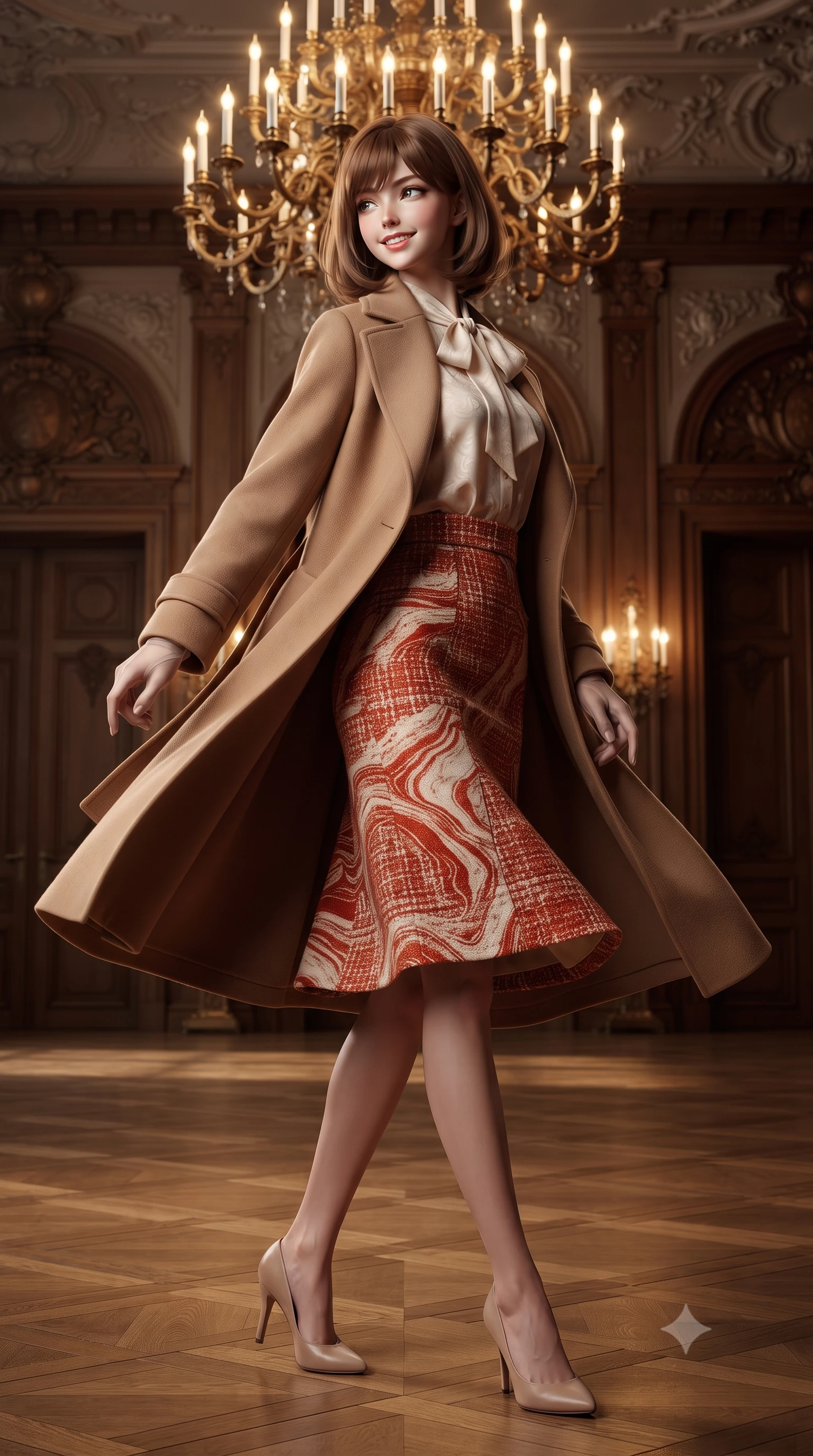 score_9, masterpiece, best quality, ultra-detailed, high-budget anime keyframe, editorial fashion photography, tasteful artistic composition, Caucasian woman. low angle full-body shot from head to toe showing her feet, filling the entire 9:16 vertical frame with her statuesque presence, stretching her vertical silhouette. executing a slow, graceful pivot turn as her skirt sways around her slender legs, glancing back with an enchanting, teasing sensual expression while twisting her slender torso in an alluring contrapposto stance on the polished parquet floor, colossal brass chandelier flames tracing her narrow waist and curvy hips. The surrounding environment is rendered in vivid detail and crisp panoramic clarity: detailed garment tailoring, delicate trims, and King Ludwig II architectural craft in razor-sharp precision. She has an exceptionally tall and slender model-like 8.5-heads proportion, an ultra-slim waist, a flat toned midriff, narrow delicate ribcage, and beautifully sculpted feminine hips creating a graceful, slim hourglass silhouette without any bulky heaviness, with impossibly long slender legs. sharp v-shaped jawline, high-bridge nose, intricate jewel-like sparkling eyes with depth, thick eyelashes, glossy parted lips with a natural peach sheen, bright cheerful beaming smile with an enchanting and coquettish sensual glint, exuding both youthful cute charm and seductive allure, flawlessly proportioned anatomical accuracy, strict slender model proportions, natural body alignment, perfectly sculpted long slender limbs, ultra-slim waistline, clean dynamic posture without body distortion. wearing a tailored double-faced camel cashmere wrap coat draped over a silk georgette bow-tie blouse and pencil skirt in Cordoba vermilion red and ivory alabaster marble, woven from structured British tweed with subtle metallic flecks, complemented by sheer opera-length evening gloves tracing her slender arms, the impeccably tailored cut draping gracefully along her slender figure with aristocratic poise. illuminated by parquet reflection bounce and sharp imperial-gold rim lights defining her razor-sharp jawline, narrow waist, and curvy hips. ultra-reflective glossy finish, specular highlights, rich textural contrasts, high-contrast stereoscopic depth, volumetric dynamic lighting, 2k, ultra detail, master piece, 9:16 ratio