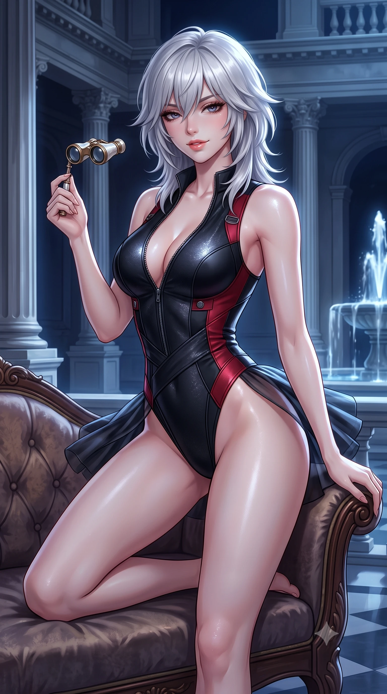 score_9, masterpiece, best quality, ultra-detailed, high-budget anime keyframe, semi-realistic 3D game render, editorial fashion photography, tasteful artistic composition, Japanese woman. close-up cowboy shot from the waist and thighs up, the character dominates the composition, filling the frame with her large presence. perched sideways on the lounge seat, one knee drawn up to showcase her slender leg line while her arched back accentuates her feminine hip curve while twisting her slender torso in an alluring S-curve, cool night breezes fluttering her micro-tutu around her long slender legs and curvy hips. The surrounding environment is rendered in vivid detail and crisp panoramic clarity: detailed satin ballet leotard cling, moonlight glints on skin, and classical French neoclassical architecture in high resolution. She has an exceptionally elegant, slender, and willowy female figure with an ultra-slim waist, flat toned midriff, narrow ribcage, and sculpted feminine hips creating an alluring, slim hourglass silhouette without bulk. sharp v-shaped jawline, high-bridge nose, sparkling eyes with hypnotic seductive depth, thick curled eyelashes, glossy parted lips with a natural dewy peach sheen, alluring bedroom-eyes with an enchanting coquettish smile, exuding magnetic siren charisma and sophisticated glamour, flawlessly proportioned anatomical accuracy, strict slender model proportions, natural body alignment, perfectly sculpted long slender limbs, ultra-slim waistline, clean dynamic posture without body distortion. wearing a form-contouring liquid-tight matte-black tactical bodysuit with a plunging front zipper and high-cut leg openings in matte obsidian black and tactical crimson red with gunmetal hardware, woven from stretch metallic lurex jersey casting radiant starlight glints across her silhouette, accented with an antique mother-of-pearl opera glass held casually in one hand, the high-slit wrap tailoring accentuating her ultra-slim waistline and the enchanting curve of her feminine hips with alluring seductive charm. illuminated by fountain water caustic bounce and sharp platinum rim lights sculpting her delicate clavicles, narrow waist, and curvy hips. highly saturated vibrant anime colors, detailed shading with soft gradients, rich glossy textures, high-contrast stereoscopic depth, volumetric dynamic lighting, master piece, 9:16 ratio
