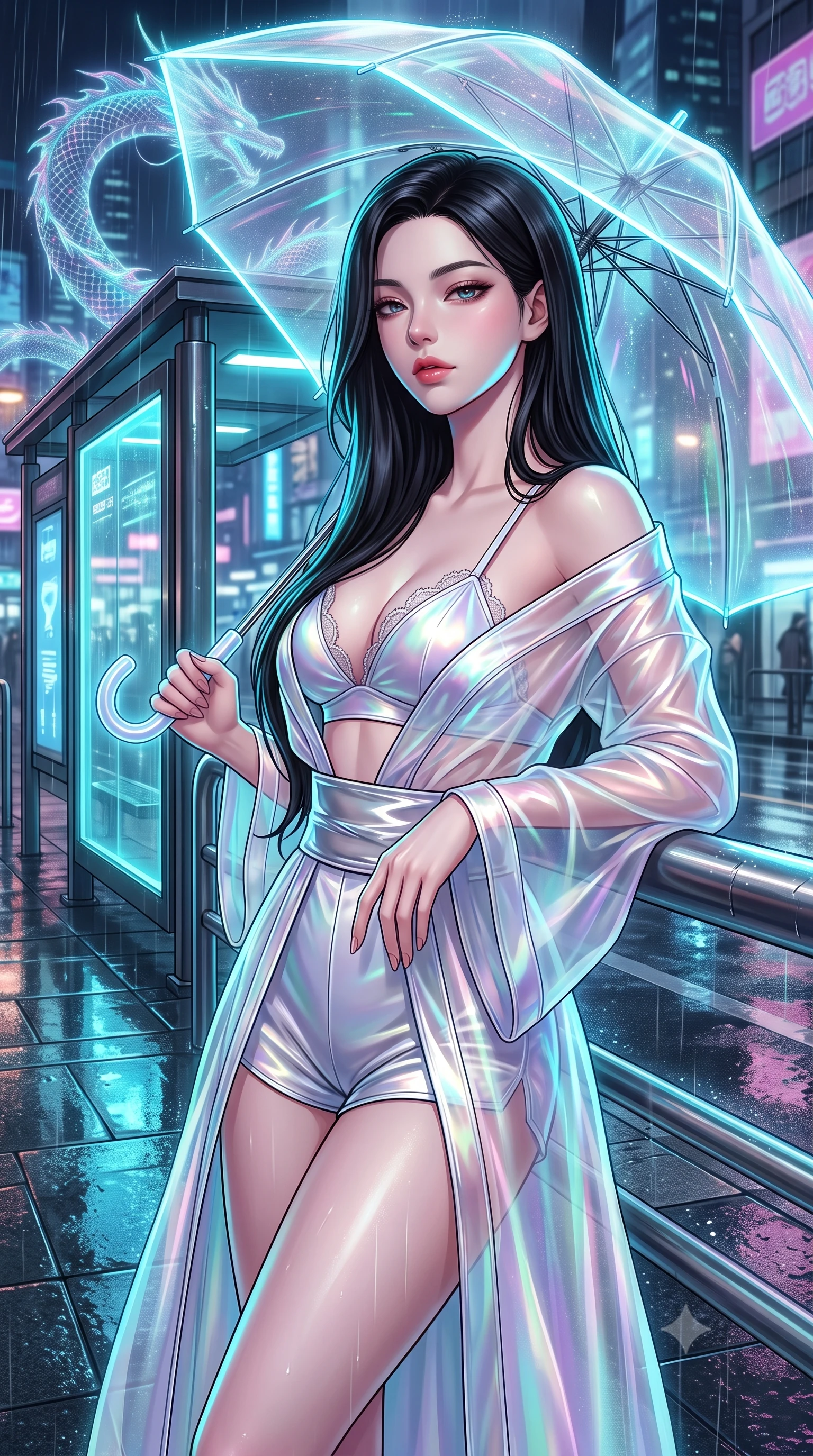 score_9, masterpiece, best quality, ultra-detailed, high-budget anime keyframe, semi-realistic 3D game render, editorial fashion photography, tasteful artistic composition, Korean woman. close-up cowboy shot from the waist and thighs up, the character dominates the composition, filling the frame with her large presence. leaning back against the balustrade with relaxed seductive grace, head tilted back slightly while casting a hypnotic, heavy-lidded gaze while leaning against the glowing smart-glass transit shelter with hips cocked back, gazing through transparent laser umbrella canopy with smoldering bedroom-eyes. The surrounding environment is rendered in vivid detail and crisp panoramic clarity: sharp wet granite paver reflections, intricate holographic scales on the floating dragon, and razor-sharp laser umbrella ribs in deep focus. She has an exceptionally elegant, slender, and willowy female figure with an ultra-slim waist, flat toned midriff, narrow ribcage, and sculpted feminine hips creating an alluring, slim hourglass silhouette without bulk. sharp v-shaped jawline, high-bridge nose, intricate jewel-like sparkling eyes with depth, thick eyelashes, glossy parted lips with a natural peach sheen, bright cheerful beaming smile with an enchanting and coquettish sensual glint, exuding both youthful cute charm and seductive allure, flawlessly proportioned anatomical accuracy, strict slender model proportions, natural body alignment, perfectly sculpted long slender limbs, ultra-slim waistline, clean dynamic posture without body distortion. wearing a translucent iridescent organza kimono robe slipping off bare shoulders over a matching satin micro-bralette and shorts in iridescent mother-of-pearl and liquid molten silver, tailored from high-gloss patent leather with mirror-like specular highlights, finished with scalloped eyelash lace trim framing her sweetheart neckline with intimate elegance, the second-skin tailored fabric adhering flawlessly to her sculpted flat midriff and slender torso, emphasizing her long leg lines and perfectly proportioned willowy build. illuminated by wet pavement reflection bounce and sharp electric-cyan rim lights defining her jawline, narrow waist, and curvy hips. highly saturated vibrant anime colors, detailed shading with soft gradients, rich glossy textures, high-contrast stereoscopic depth, volumetric dynamic lighting, master piece, 9:16 ratio