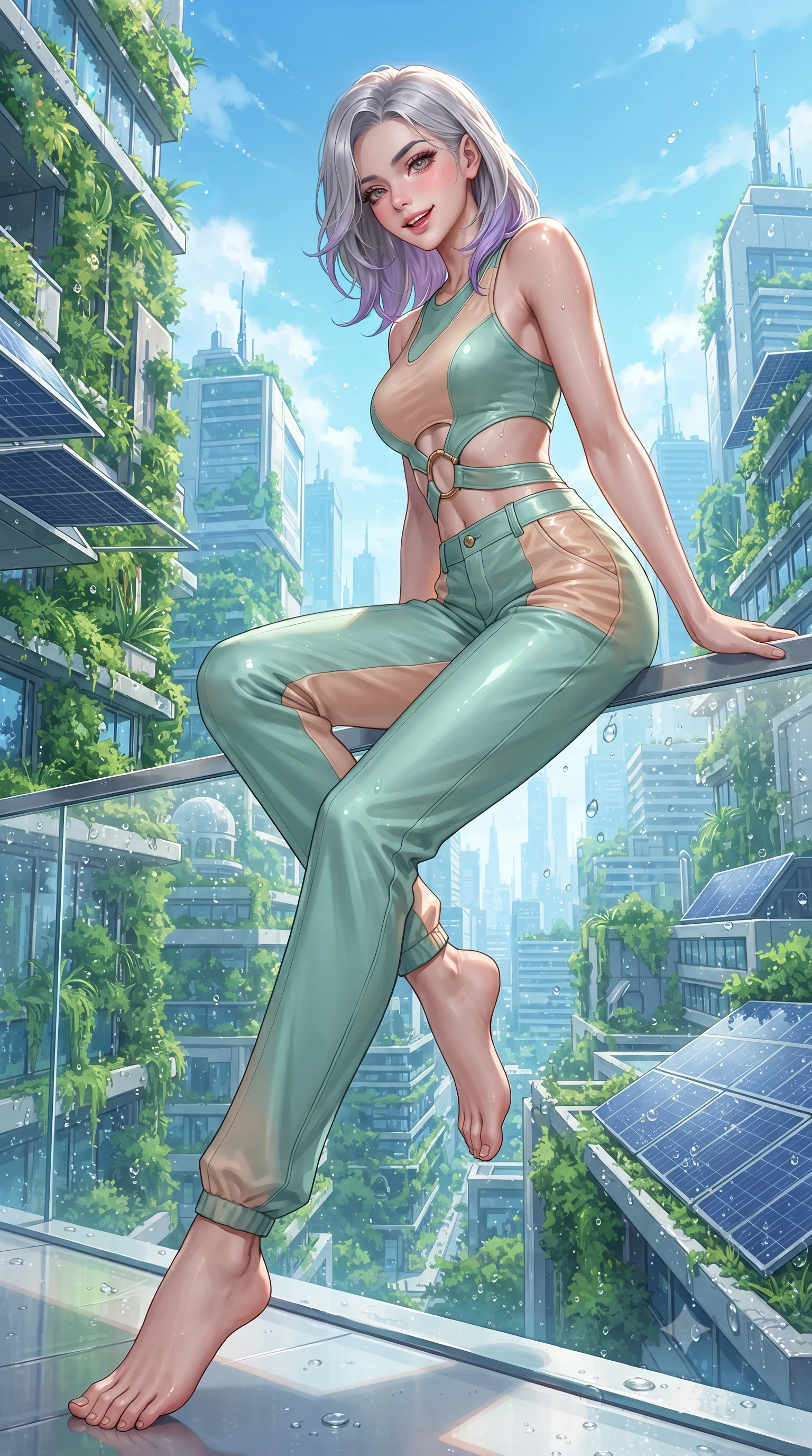 score_9, masterpiece, best quality, ultra-detailed, high-budget anime keyframe, editorial fashion photography, tasteful artistic composition, Caucasian woman. low angle full-body shot from head to toe showing her feet, filling the entire 9:16 vertical frame with her statuesque presence, stretching her vertical silhouette. sitting poised on the elevated edge with legs crossed and extended, her tall 8.5-heads proportions dominating the scene with effortless poise while leaning forward over the crystal infinity barrier with hips cocked, looking back with a playful, teasing smile. The surrounding environment is rendered in vivid detail and crisp panoramic clarity. detailed sky-high metropolis greenery, architectural solar panels, and water droplets in high clarity. She has an absolutely perfect, statuesque 8.5-heads proportion, an exceptionally tall and slender model-like female figure with impossibly long slender legs, a toned flat midriff, and an ultra-slim waist. sharp v-shaped jawline, high-bridge nose, intricate jewel-like eyes with depth, thick eyelashes, glossy parted lips with a natural sheen, intensely captivating and seductive expression, flawlessly proportioned anatomical accuracy, strict slender model proportions, natural body alignment, perfectly sculpted long slender limbs, ultra-slim waistline, clean dynamic posture without body distortion. wearing an aerodynamic eco-chic racerback crop tank with high-waisted white utility trousers in eucalyptus mint green and pale peach, made of liquid bamboo jersey adhering seamlessly to her slender frame, accented with sculptural brass ring hardware framing the torso cutouts, the breezy yet form-flattering drape swaying gracefully with her steps, accentuating her long willowy limbs and ultra-slim waistline. illuminated by wet specular highlights accentuating her collarbones, waistline, and slender curves. ultra-reflective glossy finish, specular highlights, rich textural contrasts, high-contrast stereoscopic depth, volumetric dynamic lighting, 2k, ultra detail, master piece, 9:16 ratio