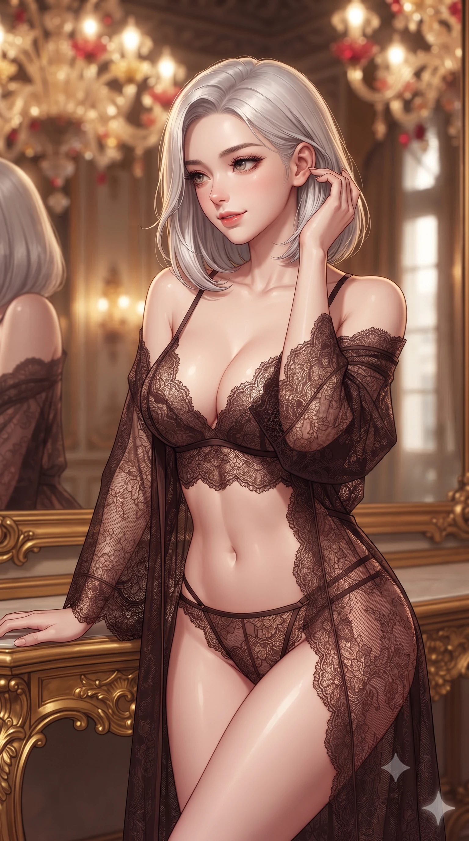 score_9, masterpiece, best quality, ultra-detailed, high-budget anime keyframe, editorial fashion photography, tasteful artistic composition, Korean woman. close-up cowboy shot from the waist and thighs up, the character dominates the composition, filling the frame with her large presence. gently brushing a lock of hair behind her ear while casting a playful, flirtatious side-gaze with long eyelashes while leaning against the gilded console table with hips cocked back, looking into the monumental antique mirror with smoldering bedroom-eyes. The background shows a soft-focus hundreds of hand-blown Murano glass floral chandelier arms, gilded rococo wall panels, and tall canal windows blurred into ruby, amber, and gold bokeh. She has an exceptionally elegant, slender, and willowy female figure with an ultra-slim waist, flat toned midriff, narrow ribcage, and sculpted feminine hips creating an alluring, slim hourglass silhouette without bulk. sharp v-shaped jawline, high-bridge nose, intricate jewel-like sparkling eyes with depth, thick eyelashes, glossy parted lips with a natural peach sheen, bright cheerful beaming smile with an enchanting and coquettish sensual glint, exuding both youthful cute charm and seductive allure, flawlessly proportioned anatomical accuracy, strict slender model proportions, natural body alignment, perfectly sculpted long slender limbs, ultra-slim waistline, clean dynamic posture without body distortion. wearing a delicate sheer lace boudoir robe worn loose and slipping off bare shoulders over a matching strappy bralette and briefs in Hannam-dong glowing amber and rich dark espresso, made of delicate semi-sheer French Chantilly lace with intricate eyelash edges, finished with scalloped eyelash lace trim framing her sweetheart neckline with intimate elegance, the liquid-tight tailored fabric clinging flawlessly to her narrow waist and rounded feminine hips, emphasizing every millimeter of her sculpted slim hourglass curves without any bulky heaviness. bathed in the multi-faceted sparkling illumination of the antique Murano chandelier dimmed to a sultry golden glow. ultra-reflective glossy finish, specular highlights, rich textural contrasts, high-contrast stereoscopic depth, volumetric dynamic lighting, 2k, ultra detail, master piece, 9:16 ratio
