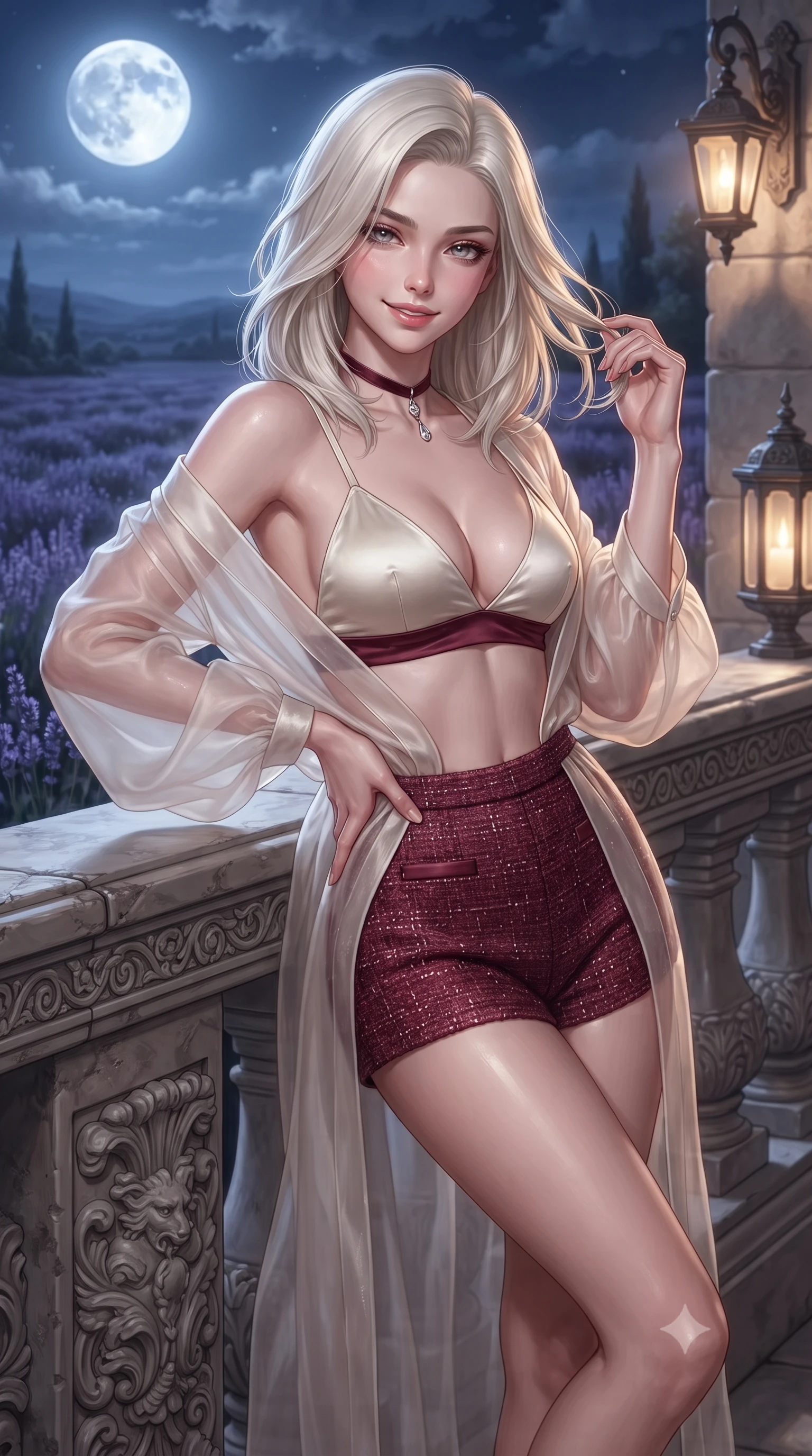 score_9, masterpiece, best quality, ultra-detailed, high-budget anime keyframe, editorial fashion photography, tasteful artistic composition, Caucasian woman. close-up cowboy shot from the waist and thighs up, the character dominates the composition, filling the frame with her large presence. twisting her slender torso in an alluring contrapposto stance, one hand resting on her sculpted hip while her fingers toy with her hair with effortless poise while leaning against the carved stone balustrade with hips cocked back, looking out over the fragrant nocturnal plateau with heavy-lidded bedroom-eyes. The surrounding environment is rendered in vivid detail and crisp panoramic clarity: detailed garment drape, silhouette lines, and historic French stonecraft in razor-sharp precision. She has an exceptionally elegant, slender, and willowy female figure with an ultra-slim waist, flat toned midriff, narrow ribcage, and sculpted feminine hips creating an alluring, slim hourglass silhouette without bulk. sharp v-shaped jawline, high-bridge nose, intricate jewel-like sparkling eyes with depth, thick eyelashes, glossy parted lips with a natural peach sheen, bright cheerful beaming smile with an enchanting and coquettish sensual glint, exuding both youthful cute charm and seductive allure, flawlessly proportioned anatomical accuracy, strict slender model proportions, natural body alignment, perfectly sculpted long slender limbs, ultra-slim waistline, clean dynamic posture without body distortion. wearing a sheer silk organza modern caftan robe worn loose and slipping off bare shoulders over a matching satin bralette and micro-shorts in Belvedere ivory pearl and Habsburg bordeaux wine, woven from structured British tweed with subtle metallic flecks, finished with a thin velvet ribbon choker and a single teardrop diamond pendant, the impeccably tailored cut draping gracefully along her slender figure with aristocratic poise. bathed in ethereal silver 4500K moonlight illuminating the lavender valley combined with warm 2400K stone wall lanterns. ultra-reflective glossy finish, specular highlights, rich textural contrasts, high-contrast stereoscopic depth, volumetric dynamic lighting, 2k, ultra detail, master piece, 9:16 ratio