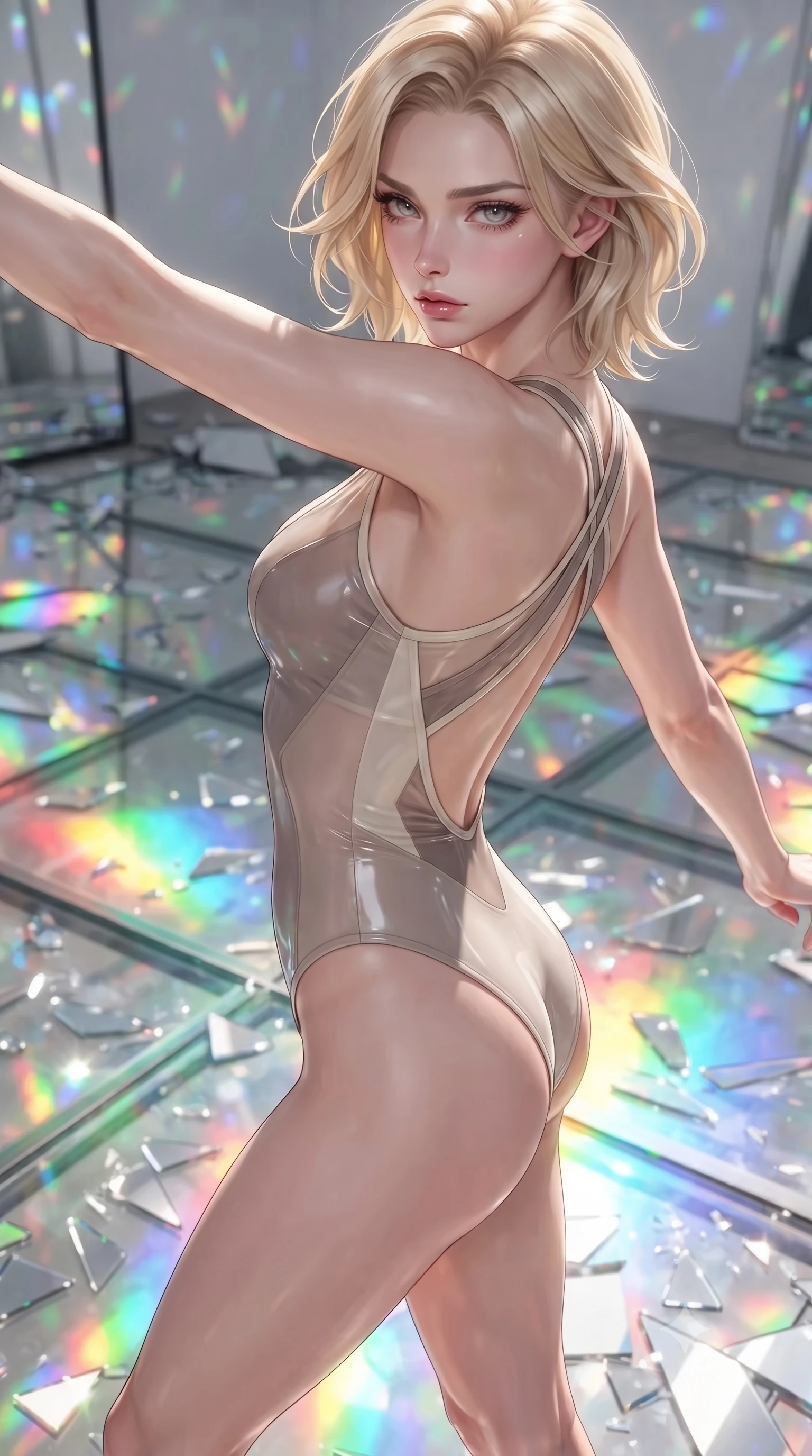 score_9, masterpiece, best quality, ultra-detailed, high-budget anime keyframe, editorial fashion photography, tasteful artistic composition, Caucasian woman. close-up cowboy shot from the waist and thighs up, the character dominates the composition, filling the frame with her large presence, background elements kept in soft focus. Gazing past the lens with composed intensity as her torso curves dynamically in mid-motion while pivoting gracefully on a glass floor drenched in vibrant multi-color light reflections, shattered mirror shards scattering brilliant rainbow reflections everywhere. She has an exceptionally elegant, slender, and willowy female figure with an ultra-slim waist, a gracefully sculpted slender torso, and a refined silhouette. sharp v-shaped jawline, high-bridge nose, intricate jewel-like eyes with depth, thick eyelashes, glossy lips with a natural sheen, flawlessly proportioned anatomical accuracy, natural body alignment, perfectly sculpted elegant limbs, clean dynamic posture without body distortion. wearing a high-cut translucent vinyl leotard with front paneling and open back in muted taupe and soft ivory, made of premium stretch velvet with a rich sheen, complemented by criss-cross back straps highlighting her bare shoulders, the tailored fabric tightly following every curve of her athletic build. bathed in brilliant multi-color rainbow light refracting through mirror fragments. ultra-reflective glossy finish, specular highlights, metallic sheen, high-contrast stereoscopic depth, volumetric dynamic lighting, 2k, ultra detail, master piece, 9:16 ratio