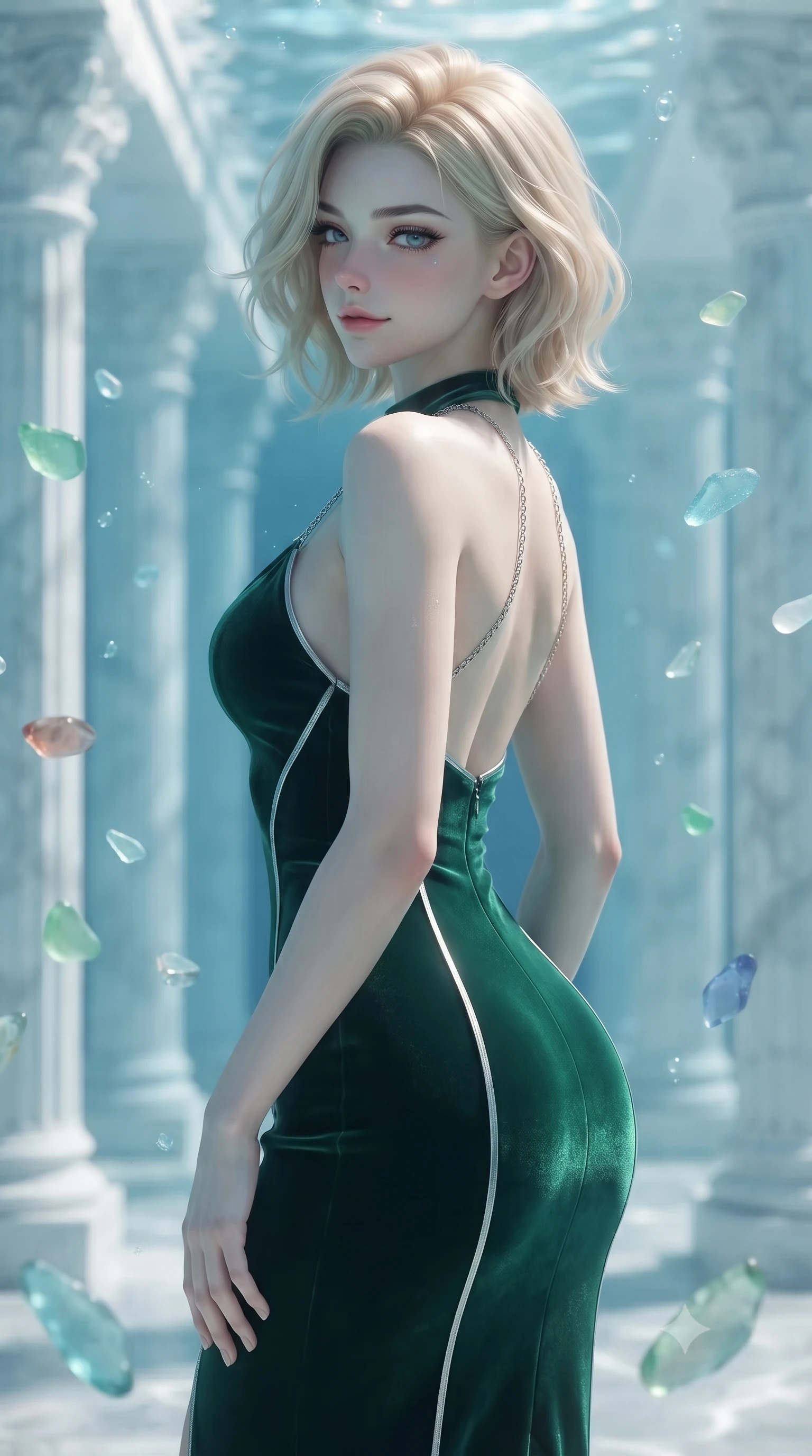 score_9, masterpiece, best quality, ultra-detailed, high-budget anime keyframe, editorial fashion photography, tasteful artistic composition, Caucasian woman. close-up cowboy shot from the waist and thighs up, the character dominates the composition, filling the frame with her large presence, background elements kept in soft focus. Glancing sidelong over her shoulder with a smoldering half-smile and heavy lashes floating gracefully through a sunken white marble colonnade underwater, translucent sea glass fragments drifting gracefully around her. She has an exceptionally elegant, slender, and willowy female figure with an ultra-slim waist, a gracefully sculpted slender torso, and a refined silhouette. sharp v-shaped jawline, high-bridge nose, intricate jewel-like eyes with depth, thick eyelashes, glossy lips with a natural sheen. wearing a velvet halter-neck midi dress following her form like a glove in deep emerald green and silver accent, formed from sleek second-skin neoprene, adorned with delicate metallic chain straps along the neckline, the elegant draped fit framing her graceful clavicle and slender torso. lit by clear sun-drenched sea light with soft ethereal shadows. ultra-reflective glossy finish, specular highlights, metallic sheen, high-contrast stereoscopic depth, volumetric dynamic lighting, 2k, ultra detail, master piece, 9:16 ratio