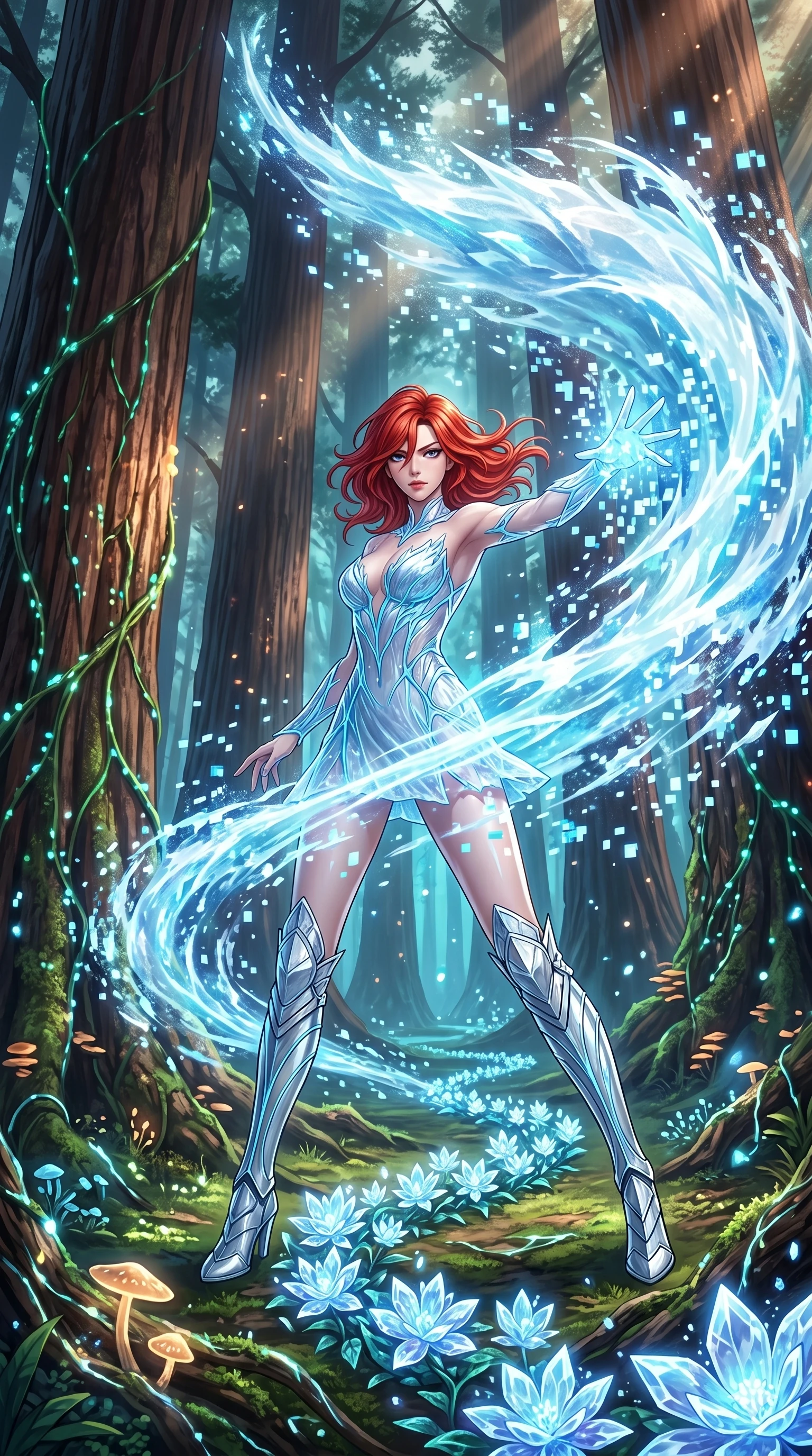 score_9, masterpiece, best quality, ultra-detailed, Set A: High-budget Anime Keyframe, Korean woman. Low angle cowboy shot filling the entire 9:16 frame with her statuesque presence. Theme: Primal Nature. unleashing a massive energy wave in a giant redwood forest with glowing vines, while she leaves a trail of 206 blooming crystal flowers. The atmosphere is filled with a blizzard of digital pixels. She has an absolutely perfect 8-heads proportion, an exceptionally tall and slender female figure with impossibly long slender legs and an ultra-slim waist. Sharp v-shaped jawline, high-bridge nose, intricate jewel-like eyes with depth, glossy lips. Wearing Frozen-crystal mini-dress with ice-blue glowing veins and silver armored boots. Cinematic lighting, vivid colors, dramatic shadows, 2k, ultra detail, master piece, 9:16 ratio
