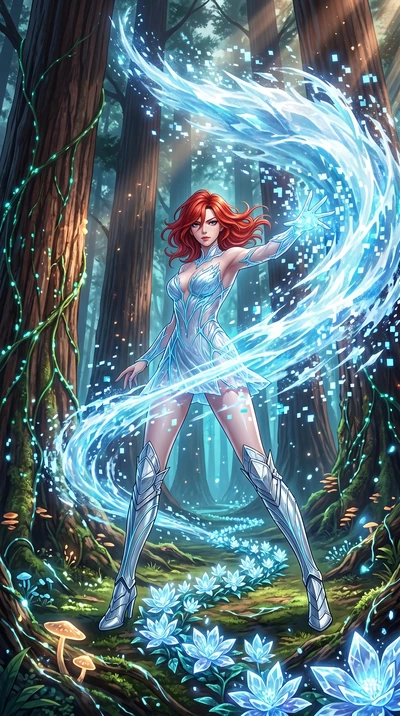 score_9, masterpiece, best quality, ultra-detailed, Set A: High-budget Anime Keyframe, Korean woman. Low angle cowboy shot filling the entire 9:16 frame with her statuesque presence. Theme: Primal Nature. unleashing a massive energy wave in a giant r