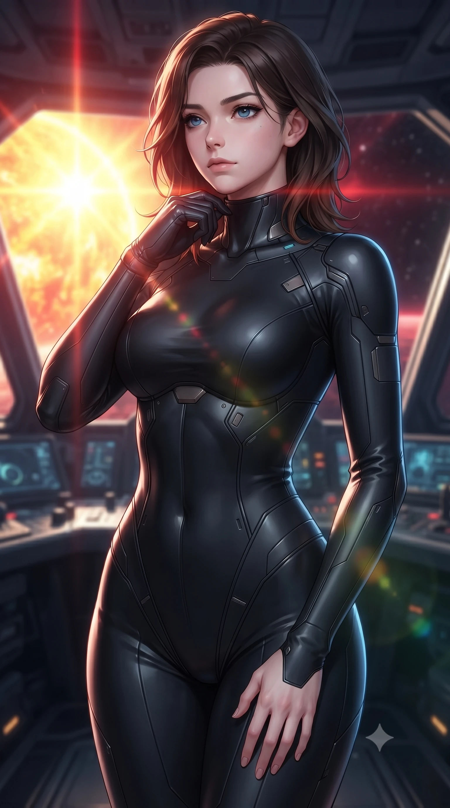 score_9, masterpiece, best quality, ultra-detailed, high-budget anime keyframe, editorial fashion photography, tasteful artistic composition, Korean woman. close-up cowboy shot from the waist and thighs up, the character dominates the composition, filling the frame with her large presence, background elements kept in soft focus. adjusting the high collar of her body-hugging suit, looking past the camera with quiet, sharp focus and a composed expression, the background shows a soft-focus a high-tech pilot cockpit facing a blinding solar storm in orbit. She has an exceptionally elegant, slender, and willowy female figure with an ultra-slim waist, a gracefully sculpted slender torso, and a refined silhouette. sharp v-shaped jawline, high-bridge nose, intricate jewel-like eyes with depth, thick eyelashes, glossy lips with a natural sheen. wearing a form-contouring form-fitting cybernetic combat suit in matte black latex, tracing her willowy silhouette with a high neck. intense yellow and crimson light flares from the sun casting dynamic reflections. ultra-reflective glossy finish, specular highlights, metallic sheen, high-contrast stereoscopic depth, volumetric dynamic lighting, 2k, ultra detail, master piece, 9:16 ratio