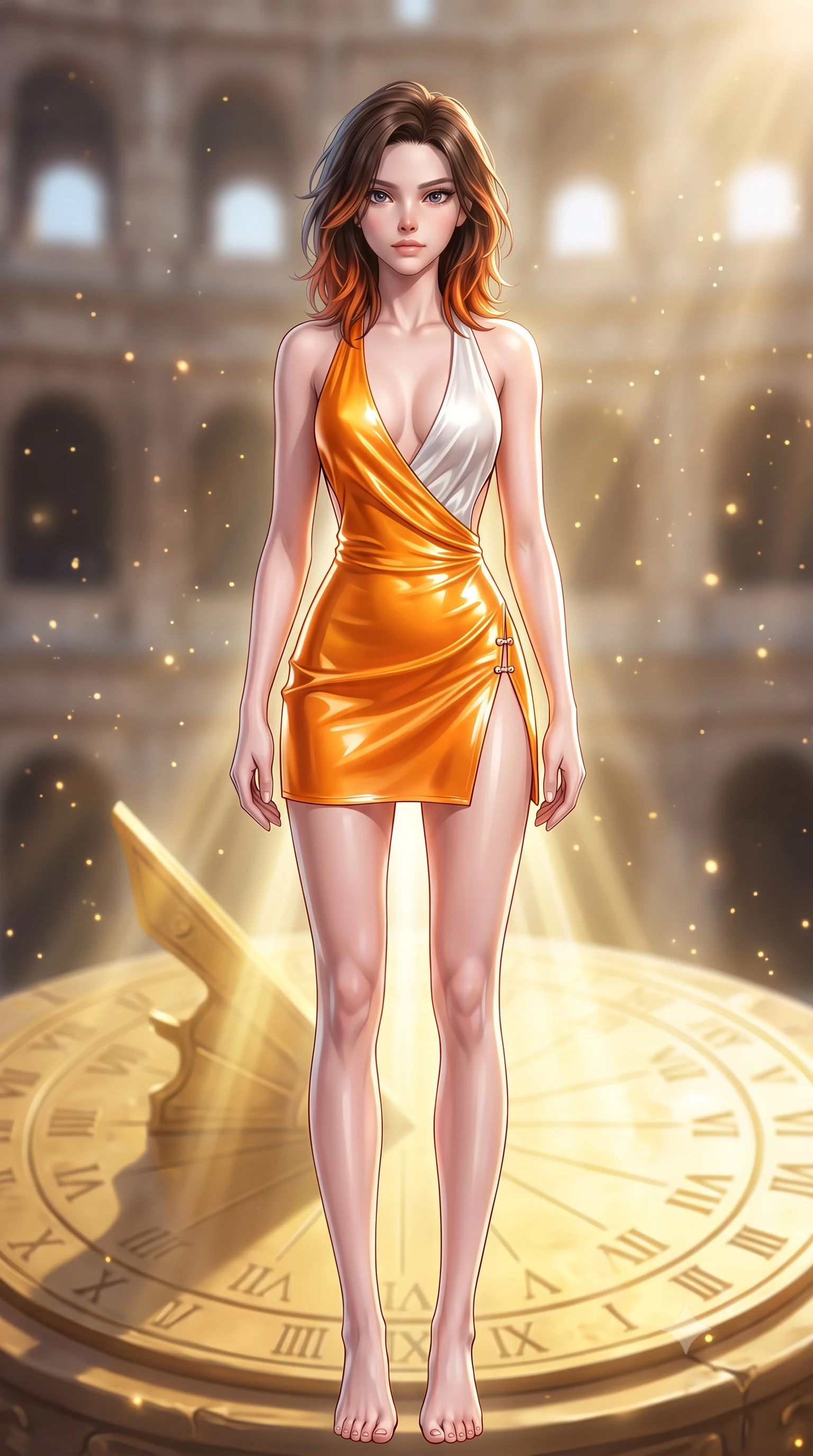 score_9, masterpiece, best quality, ultra-detailed, high-budget anime keyframe, semi-realistic 3D game render, editorial fashion photography, tasteful artistic composition, Korean woman. low angle full-body shot from head to toe showing her feet, filling the entire 9:16 vertical frame with her statuesque presence, stretching her vertical silhouette. performing an alluring mid-air vault with flawless poise, looking directly into the camera with smoldering intensity while arching her spine in a fluid stretch beneath a colossal golden sundial as intense volumetric sunbeams trace her slender torso. The composition keeps background elements in soft focus with creamy bokeh. sunlit colosseum tiers and floating golden dust motes softened in luminous shallow depth of field. She has an absolutely perfect, statuesque 8.5-heads proportion, an exceptionally tall and slender model-like female figure with impossibly long slender legs, a toned flat midriff, and an ultra-slim waist. sharp v-shaped jawline, high-bridge nose, intricate jewel-like eyes with depth, thick eyelashes, glossy lips with a natural sheen, flawlessly proportioned anatomical accuracy, strict slender model proportions, natural body alignment, perfectly sculpted long slender limbs, ultra-slim waistline, clean dynamic posture without body distortion. wearing a form-contouring liquid satin halter-neck mini dress with a deep crossover cowl front, open back, and ultra-slender waist drape in vivid sunset amber orange and cloud white, crafted from ultra-reflective second-skin latex with a high-gloss glass-like polish, finished with an ultra-high side slit secured by miniature magnetic clasps, the precision-cut daring openings accentuating her delicate midriff, graceful bare collarbones, and ultra-slim feminine waistline. surrounded by a majestic, radiant, and intensely alluring solar goddess atmosphere. highly saturated vibrant anime colors, detailed shading with soft gradients, rich glossy textures, high-contrast stereoscopic depth, volumetric dynamic lighting, master piece, 9:16 ratio