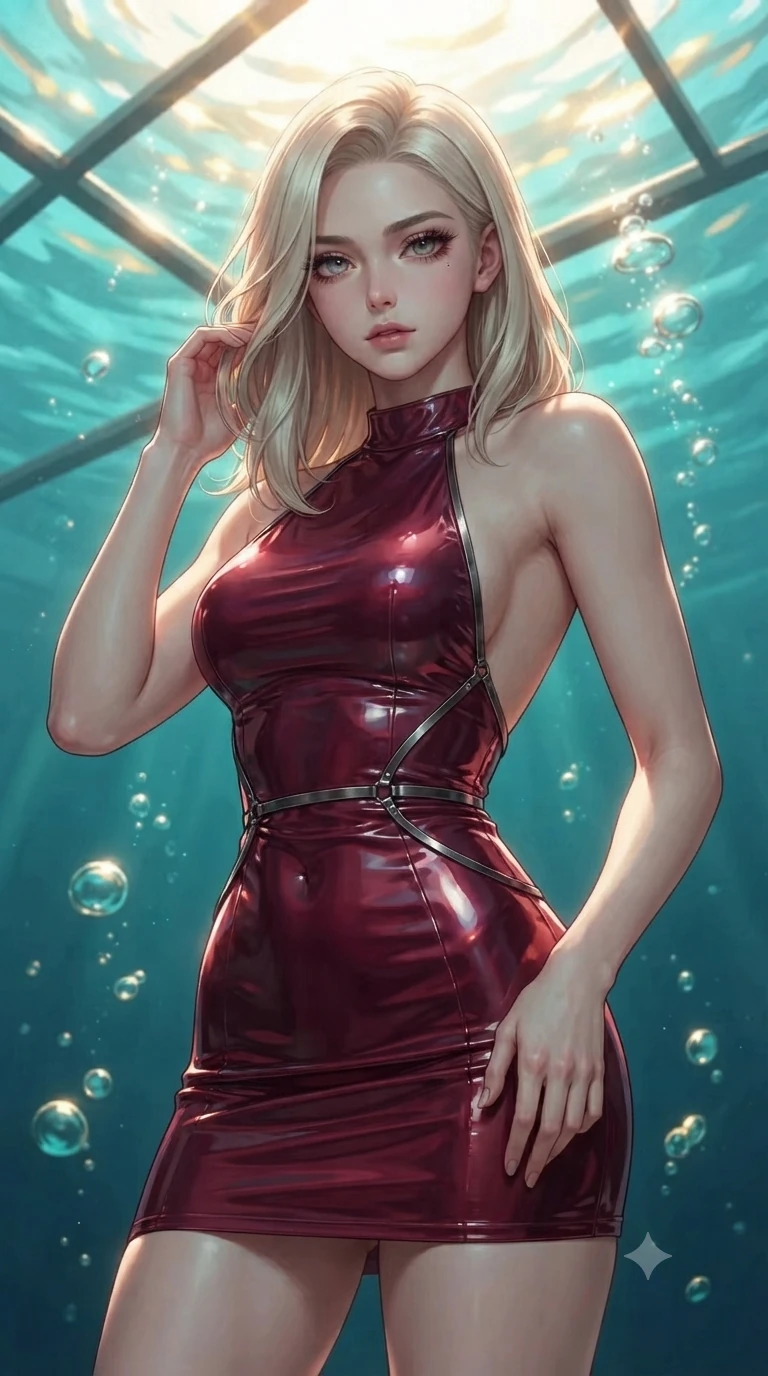 score_9, masterpiece, best quality, ultra-detailed, high-budget anime keyframe, editorial fashion photography, tasteful artistic composition, Caucasian woman. close-up cowboy shot from the waist and thighs up, the character dominates the composition, filling the frame with her large presence, background elements kept in soft focus. Casting a slow, direct gaze beneath heavy lashes with quiet intensity, poised beneath a glass ceiling as golden sunlight dances through turquoise water, rising air bubbles catching bright golden rim highlights. She has an exceptionally elegant, slender, and willowy female figure with an ultra-slim waist, a gracefully sculpted slender torso, and a refined silhouette. sharp v-shaped jawline, high-bridge nose, intricate jewel-like eyes with depth, thick eyelashes, glossy lips with a natural sheen. wearing backless liquid vinyl mini slip dress with bare shoulder halter neckline in deep crimson burgundy, made of high-gloss liquid vinyl, highlighted by a gunmetal metallic harness structure, highlighting her statuesque proportions and ultra-slim waistline. surrounded by an ethereal underwater aura with bright pearl rim lights. ultra-reflective glossy finish, specular highlights, metallic sheen, high-contrast stereoscopic depth, volumetric dynamic lighting, 2k, ultra detail, master piece, 9:16 ratio