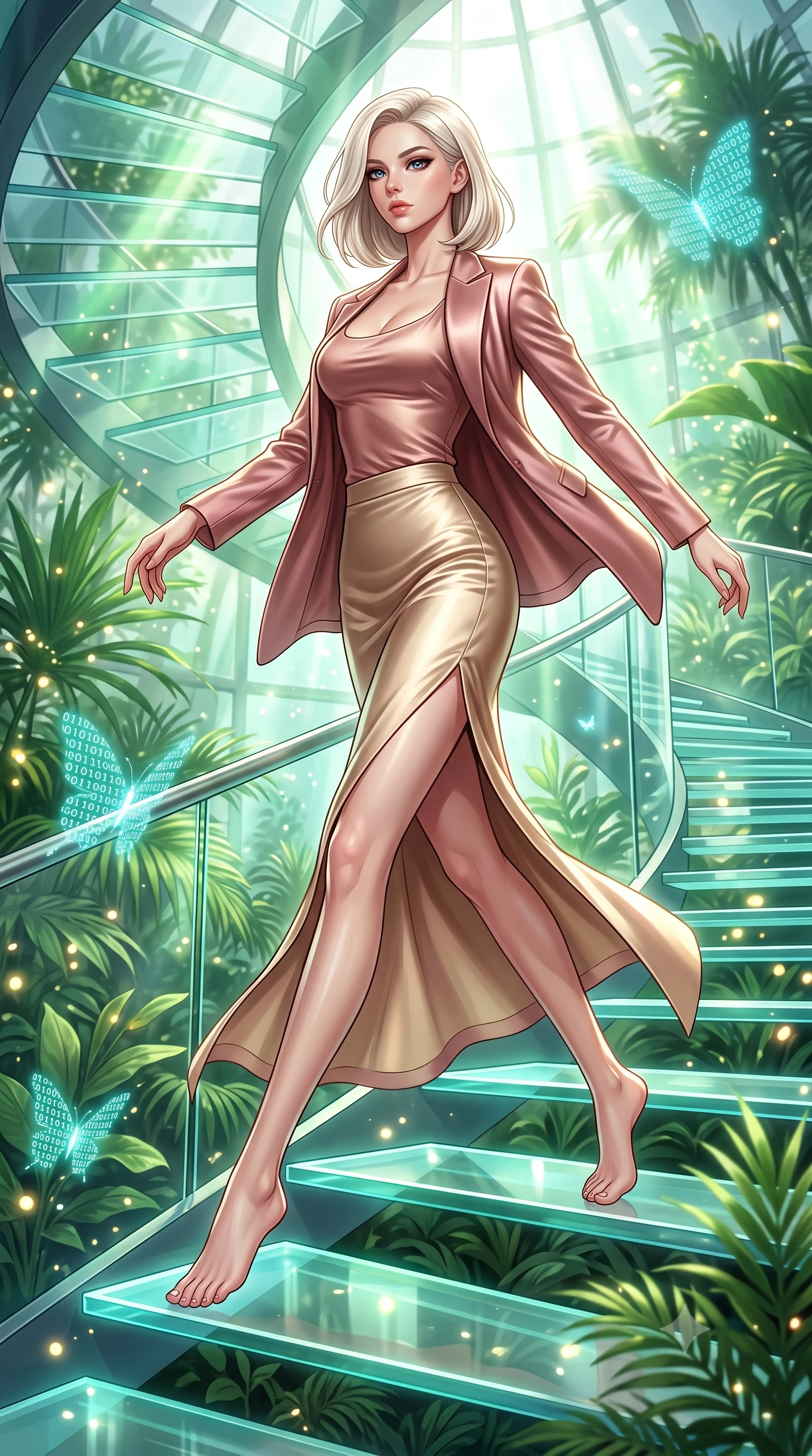 score_9, masterpiece, best quality, ultra-detailed, high-budget anime keyframe, editorial fashion photography, tasteful artistic composition, Caucasian woman. low angle full-body shot from head to toe showing her feet, filling the entire 9:16 vertical frame with her statuesque presence, stretching her vertical silhouette. leaping gracefully through mid-air with statuesque elegance, her impossibly long slender legs stretched in perfect balance while stepping along a vertical glass staircase enveloped by tropical volumetric sunbeams, glowing pollen particles and binary code butterflies drifting around her form. She has an absolutely perfect, statuesque 8.5-heads proportion, an exceptionally tall and slender model-like female figure with impossibly long slender legs and an ultra-slim waist. sharp v-shaped jawline, high-bridge nose, intricate jewel-like eyes with depth, thick eyelashes, glossy lips with a natural sheen, flawlessly proportioned anatomical accuracy, natural body alignment, perfectly sculpted elegant limbs, clean dynamic posture without body distortion. wearing a tailored silk blazer over a form-contouring scoop-neck top and slacks in dusty rose and champagne gold, crafted from lustrous satin jersey with fluid draping, finished with a sleek side slit ascending to mid-thigh, the elegant draped fit framing her graceful clavicle and slender torso. surrounded by a bright, airy ambiance with radiant white and green highlights. highly saturated vibrant anime colors, detailed shading with soft gradients, rich glossy textures, high-contrast stereoscopic depth, volumetric dynamic lighting, master piece, 9:16 ratio