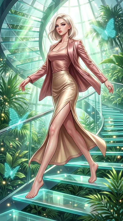 score_9, masterpiece, best quality, ultra-detailed, high-budget anime keyframe, editorial fashion photography, tasteful artistic composition, Caucasian woman. low angle full-body shot from head to toe showing her feet, filling the entire 9:16 vertica