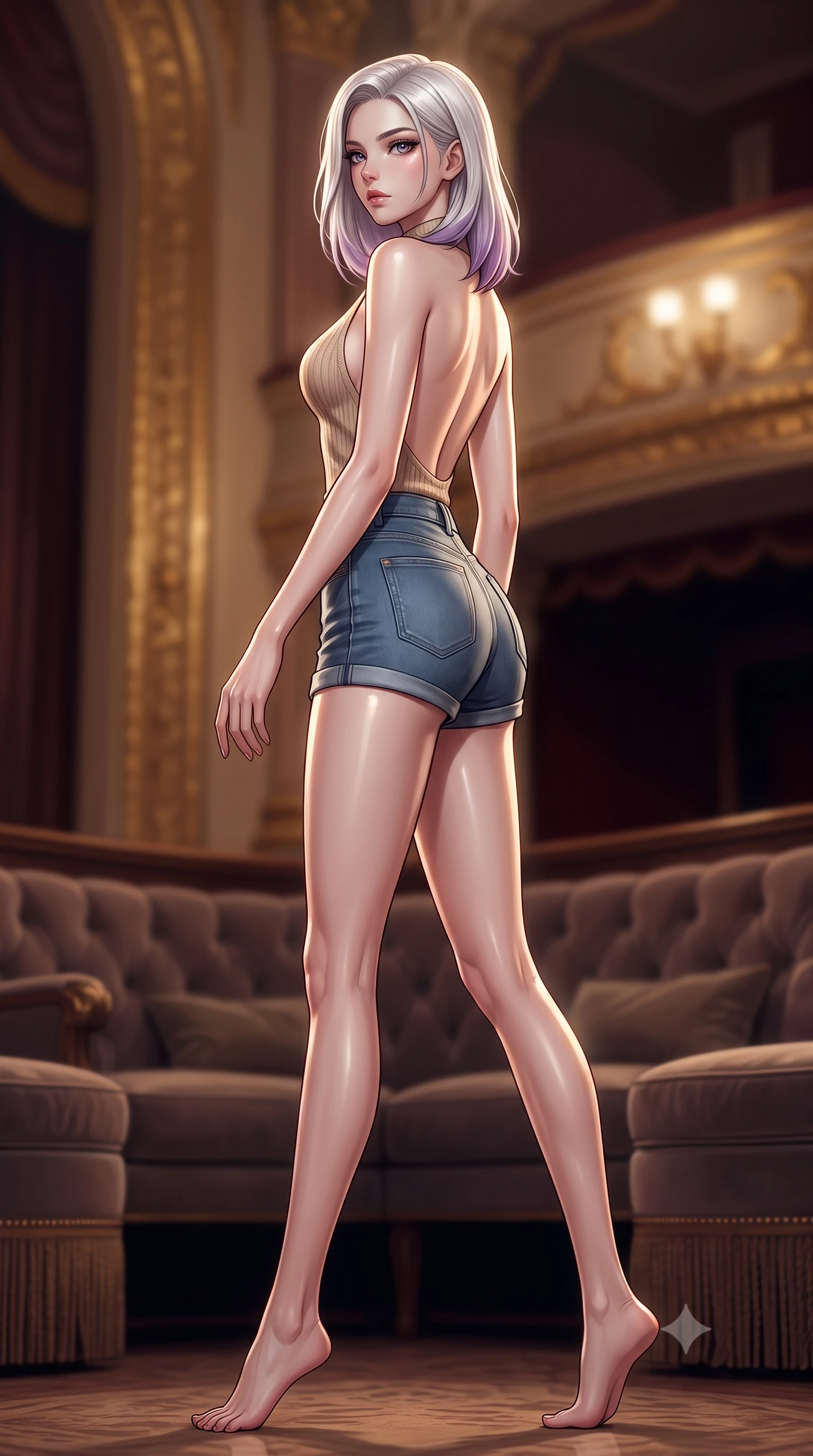 score_9, masterpiece, best quality, ultra-detailed, high-budget anime keyframe, editorial fashion photography, tasteful artistic composition, Caucasian woman. low angle full-body shot from head to toe showing her feet, filling the entire 9:16 vertical frame with her statuesque presence, stretching her vertical silhouette. stepping gracefully while looking back over her shoulder, her dress draped tightly to reveal her silhouette the background shows a soft-focus a velvet-lined lounge corner inside a historic opera house theater foyer. She has an absolutely perfect, statuesque 8.5-heads proportion, an exceptionally tall and slender model-like female figure with impossibly long slender legs and an ultra-slim waist. sharp v-shaped jawline, high-bridge nose, intricate jewel-like eyes with depth, thick eyelashes, glossy lips with a natural sheen. wearing a slim-fit backless knit top in beige wool, paired with high-waisted denim shorts. low-contrast warm ambient glow creating a calm and mysterious mood. ultra-reflective glossy finish, specular highlights, metallic sheen, high-contrast stereoscopic depth, volumetric dynamic lighting, 2k, ultra detail, master piece, 9:16 ratio