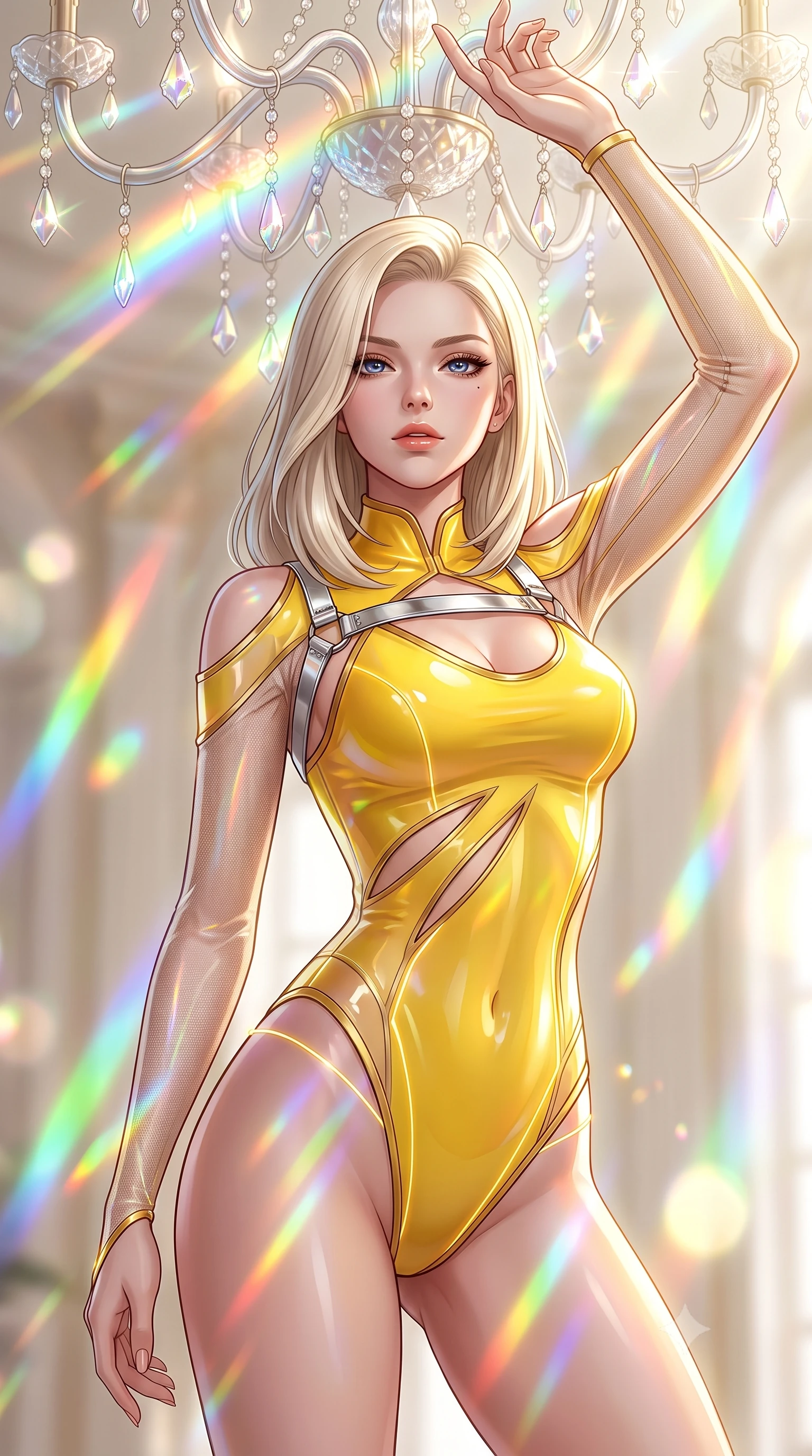 score_9, masterpiece, best quality, ultra-detailed, high-budget anime keyframe, semi-realistic 3D game render, editorial fashion photography, tasteful artistic composition, Caucasian woman. close-up cowboy shot from the waist and thighs up, the character dominates the composition, filling the frame with her large presence. extending one arm gracefully toward the light while her torso arches in a sleek, alluring curve with magnetic intensity while pausing beneath a crystal chandelier refracting sunlight into dazzling rainbow rays across her skin. The composition keeps background elements in soft focus with creamy bokeh. bright multi-colored light refractions creating a glowing, spectrum-lit backdrop. She has an exceptionally elegant, slender, and willowy female figure with an ultra-slim waist, a gracefully sculpted slender torso, toned flat midriff, and a refined slim silhouette. sharp v-shaped jawline, high-bridge nose, intricate jewel-like eyes with depth, thick eyelashes, glossy lips with a natural sheen, flawlessly proportioned anatomical accuracy, strict slender model proportions, natural body alignment, perfectly sculpted long slender limbs, ultra-slim waistline, clean dynamic posture without body distortion. wearing an ultra-sleek high-cut tech-bodysuit featuring dangerous diagonal slitted cutouts on the midriff and shoulders, reinforced by a metallic silver harness and sheer mesh sleeves in vibrant sunburst canary yellow and gold trim, tailored from semi-translucent cybernetic vinyl with glowing micro-filaments, reinforced by a sleek metallic chrome harness and delicate glowing micro-straps, the form-contouring material adhering flawlessly to her sculpted flat midriff and slender torso, emphasizing her long leg lines and perfectly proportioned willowy build. bathed in brilliant natural white daylight intersected by vivid saturated rainbow prism beams. highly saturated vibrant anime colors, detailed shading with soft gradients, rich glossy textures, high-contrast stereoscopic depth, volumetric dynamic lighting, master piece, 9:16 ratio