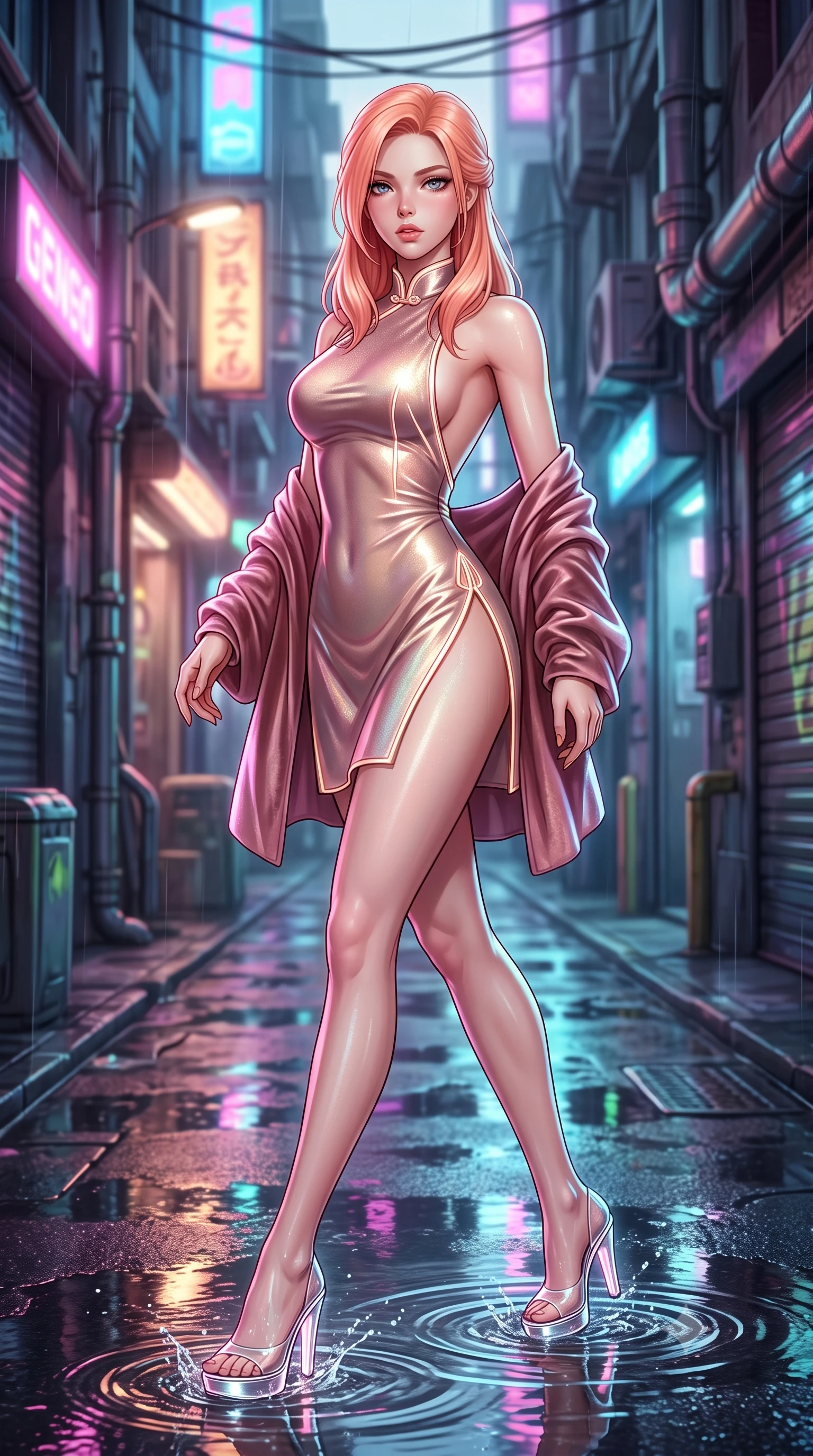 score_9, masterpiece, best quality, ultra-detailed, high-budget anime keyframe, semi-realistic 3D game render, editorial fashion photography, tasteful artistic composition, Japanese woman. low angle full-body shot from head to toe showing her feet, filling the entire 9:16 vertical frame with her statuesque presence, stretching her vertical silhouette. striding forward in a proud supermodel runway stride, hips swaying in an alluring kinetic rhythm that accentuates her curvy hourglass silhouette while striding through the rain-slicked alleyway beneath flashing neon signs, arching her back with sovereign poise as water ripples splash beneath her long slender legs. The composition keeps background elements in soft focus with creamy bokeh. cybernetic utility pipes and wet asphalt puddles softened in moody cyberpunk shallow focus. She has an exceptionally tall and slender model-like 8.5-heads proportion, an ultra-slim waist, a flat toned midriff, narrow delicate ribcage, and beautifully sculpted feminine hips creating a graceful, slim hourglass silhouette without any bulky heaviness, with impossibly long slender legs. sharp v-shaped jawline, high-bridge nose, intricate jewel-like eyes with depth, thick eyelashes, glossy parted lips with a natural sheen, intensely captivating and seductive bedroom-eyes expression, flawlessly proportioned anatomical accuracy, strict slender model proportions, natural body alignment, perfectly sculpted long slender limbs, ultra-slim waistline, clean dynamic posture without body distortion. wearing a modernized cyber-qipao mini dress with an ultra-high side slit ascending to the hip and glowing piping in dusky blush rose and champagne shimmer, crafted from luxurious metallic lamé that shifts radiance with every step, complemented by a plush velvet shawl draped loosely over her elbows, the dramatically scooped open back descending to the base of her spine, accentuating her razor-sharp statuesque lines and slim hourglass silhouette. illuminated by shimmering wet ground specular reflections accentuating her sculpted midriff, narrow waist, and curvy hips. highly saturated vibrant anime colors, detailed shading with soft gradients, rich glossy textures, high-contrast stereoscopic depth, volumetric dynamic lighting, master piece, 9:16 ratio