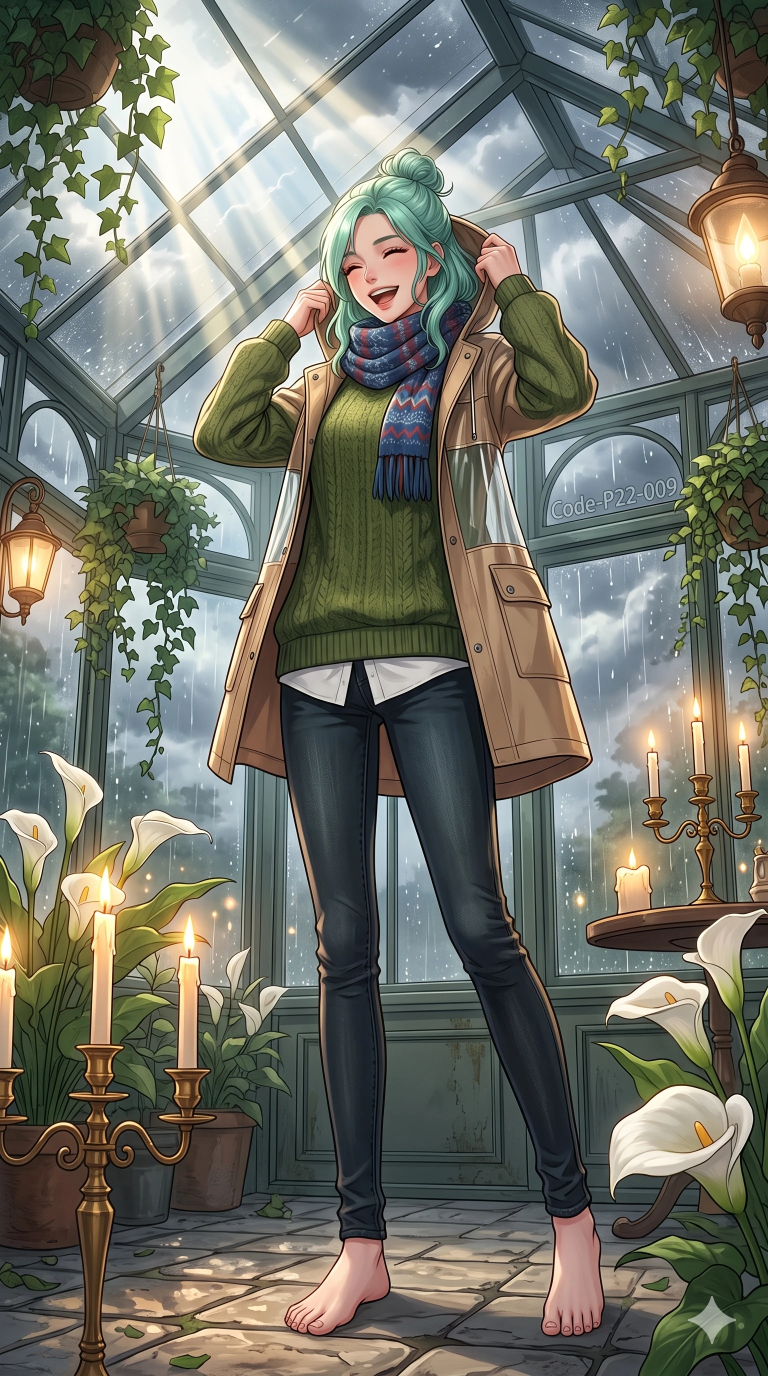 score_9, masterpiece, best quality, ultra-detailed, high-budget anime keyframe, vibrant anime aesthetic, Japanese woman. low angle full-body shot from head to toe showing her feet, filling the entire 9:16 vertical frame with her statuesque presence, stretching her vertical silhouette. She is adjusting her stylish raincoat hood, laughing with a radiant face, with a warm and inviting look with a gentle tilt of her head. inside a sunlit plant conservatory filled with white calla lilies and hanging ivy, as sunbeams pierce through storm clouds (Code-P22-009). She has an absolutely perfect 8-heads proportion, an exceptionally tall and slender female figure with impossibly long slender legs and an ultra-slim waist. V-shaped jawline, high-bridge nose, intricate jewel-like eyes with depth, thick eyelashes, glossy lips with a natural sheen. wearing an oversized warm sweater over a collared shirt and skinny jeans with a knitted scarf. She is illuminated by warm candlelight and soft gaslight from a cozy greenhouse cafe, tracing the elegant lines of her shoulders in the rainy afternoon. 2k, ultra detail, master piece, 9:16 ratio