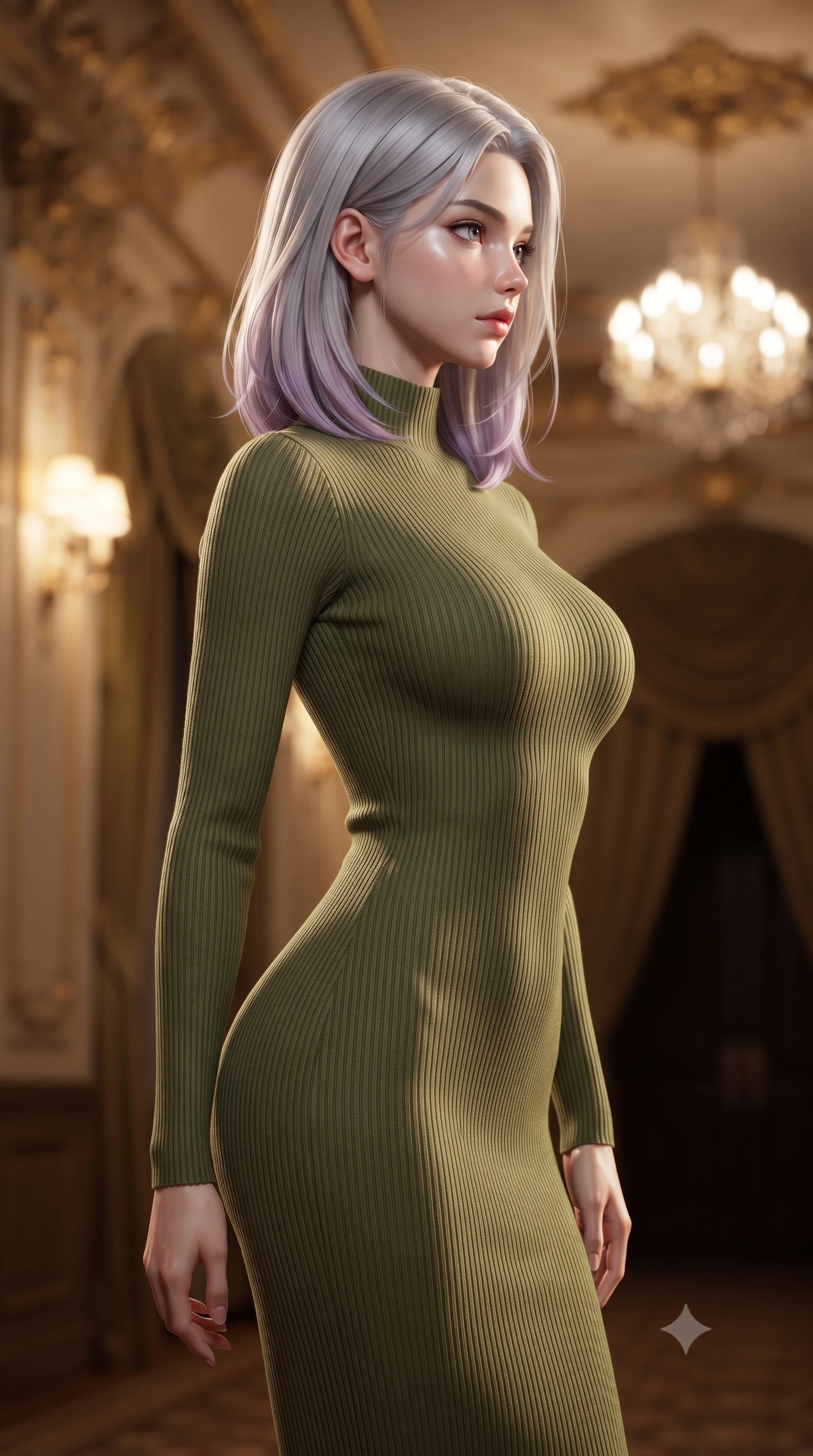 score_9, masterpiece, best quality, ultra-detailed, high-budget anime keyframe, editorial fashion photography, tasteful artistic composition, Caucasian woman. close-up cowboy shot from the waist and thighs up, the character dominates the composition, filling the frame with her large presence, background elements kept in soft focus. turning her face in sharp profile, casting a cold, mysterious, yet intensely alluring side gaze, the background shows a soft-focus a high-fashion photo shoot location inside a restored vintage theater lobby. She has an exceptionally elegant, slender, and willowy female figure with an ultra-slim waist, a gracefully sculpted slender torso, and a refined silhouette. sharp v-shaped jawline, high-bridge nose, intricate jewel-like eyes with depth, thick eyelashes, glossy lips with a natural sheen. wearing a tailored form-contouring ribbed knit bodycon midi dress in olive green, tracing her slender silhouette with a high neck. warm theater sconce lighting combined with a sharp white key light. ultra-reflective glossy finish, specular highlights, metallic sheen, high-contrast stereoscopic depth, volumetric dynamic lighting, 2k, ultra detail, master piece, 9:16 ratio