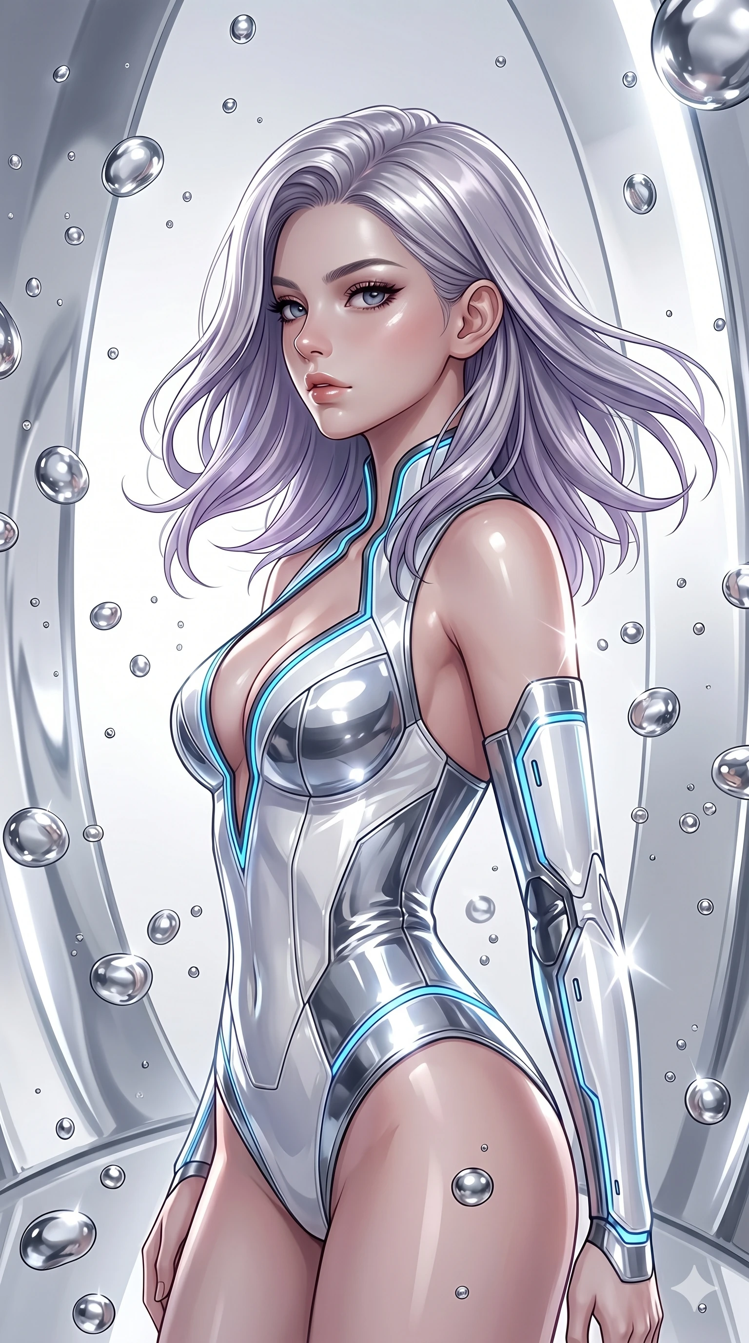 score_9, masterpiece, best quality, ultra-detailed, high-budget anime keyframe, editorial fashion photography, tasteful artistic composition, Caucasian woman, strictly human ears. Upper body close-up from the thighs up, character filling the screen for maximum presence. She is surrounded by floating mercury droplets and curved abstract mirrors that warp space. She strikes a striking fashion pose, looking over her shoulder with glossy, natural lips. She has an absolutely perfect 8-heads proportion, a tall and elegant figure with a refined silhouette and a defined waistline. V-shaped jawline, high-bridge nose, intricate jewel-like eyes with depth, thick eyelashes, glossy lips with a natural sheen. She is wearing a structured cybernetic bodice in glossy vinyl panels, paired with detached sleeves and a refined V-neckline detailed with glowing piping. The scene is bathed in highly reflective silver highlights and a stark white side studio light. 2k, ultra detail, master piece, 9:16 ratio