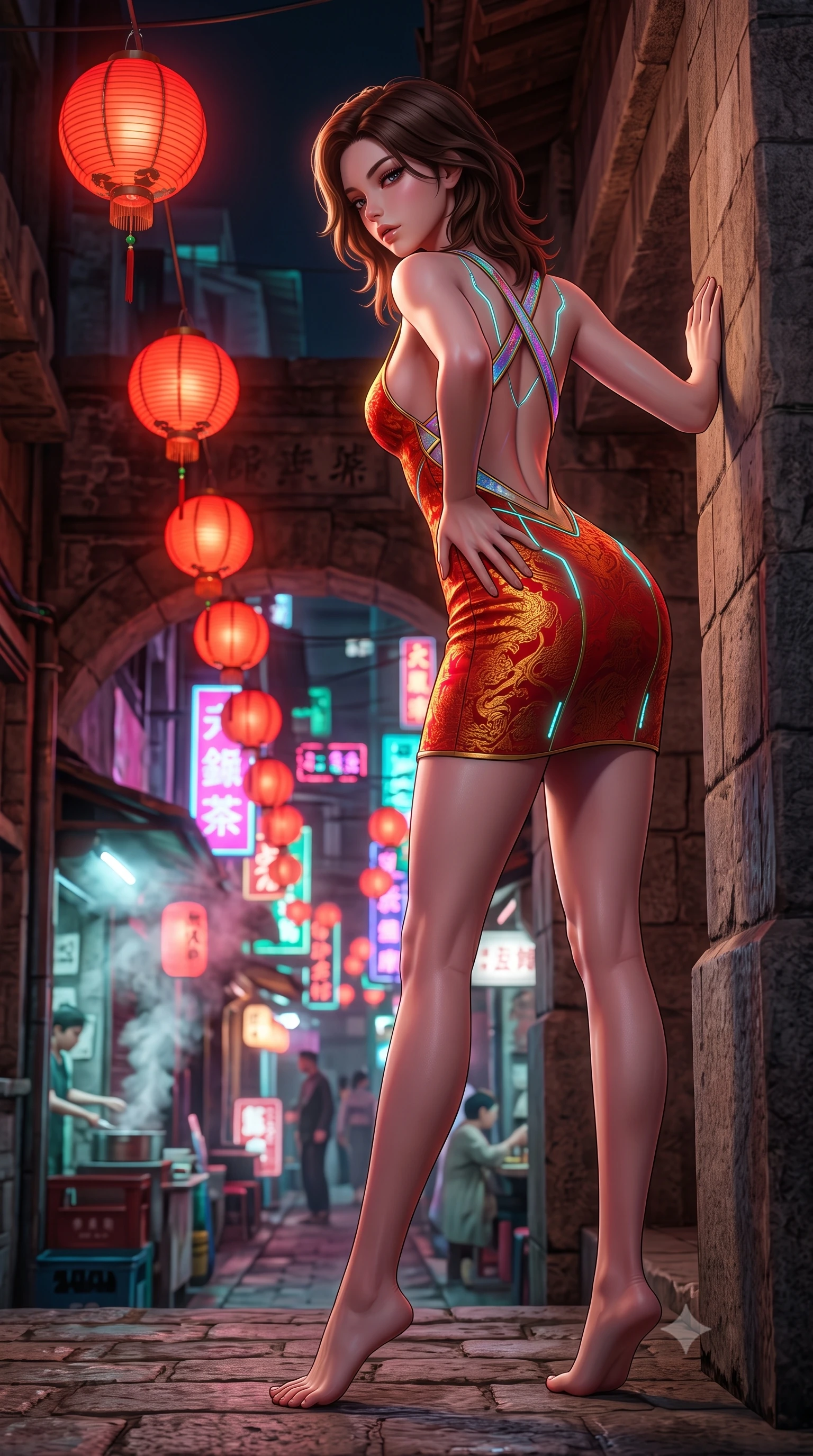 score_9, masterpiece, best quality, ultra-detailed, high-budget anime keyframe, semi-realistic 3D game render, editorial fashion photography, tasteful artistic composition, Korean woman. low angle full-body shot from head to toe showing her feet, filling the entire 9:16 vertical frame with her statuesque presence, stretching her vertical silhouette. leaning deep against the structural architecture with hips cocked in an unapologetically bold, seductive high-fashion stance while standing poised beneath hanging crimson paper lanterns, twisting her slender torso in an alluring S-curve while looking down at the neon-lit alley below. The composition keeps background elements in soft focus with creamy bokeh. swirling tea steam vapors and glowing neon kanji signs blurred into electric magenta, turquoise, and lantern-scarlet bokeh. She has an absolutely perfect, statuesque 8.5-heads proportion, an exceptionally tall and slender model-like female figure with impossibly long slender legs, a toned flat midriff, an ultra-slim waist, and beautifully sculpted feminine hips. sharp v-shaped jawline, high-bridge nose, intricate jewel-like eyes with depth, thick eyelashes, glossy parted lips with a natural sheen, intensely captivating and seductive bedroom-eyes expression, flawlessly proportioned anatomical accuracy, strict slender model proportions, natural body alignment, perfectly sculpted long slender limbs, ultra-slim waistline, clean dynamic posture without body distortion. wearing a daring open-back neon party dress with crossed holographic straps and bodycon fit in imperial vermilion red and liquid gold, woven from fine textured silk brocade with woven gold thread, accented with glowing cyan LED circuit lines tracing her hip bones and collarbones, the glove-like aerodynamic silhouette tightly following the natural contour of her hips and long slender legs with statuesque precision. surrounded by an enigmatic, sultry, and breathtakingly hypnotic cyber-femme fatale aura. highly saturated vibrant anime colors, detailed shading with soft gradients, rich glossy textures, high-contrast stereoscopic depth, volumetric dynamic lighting, master piece, 9:16 ratio