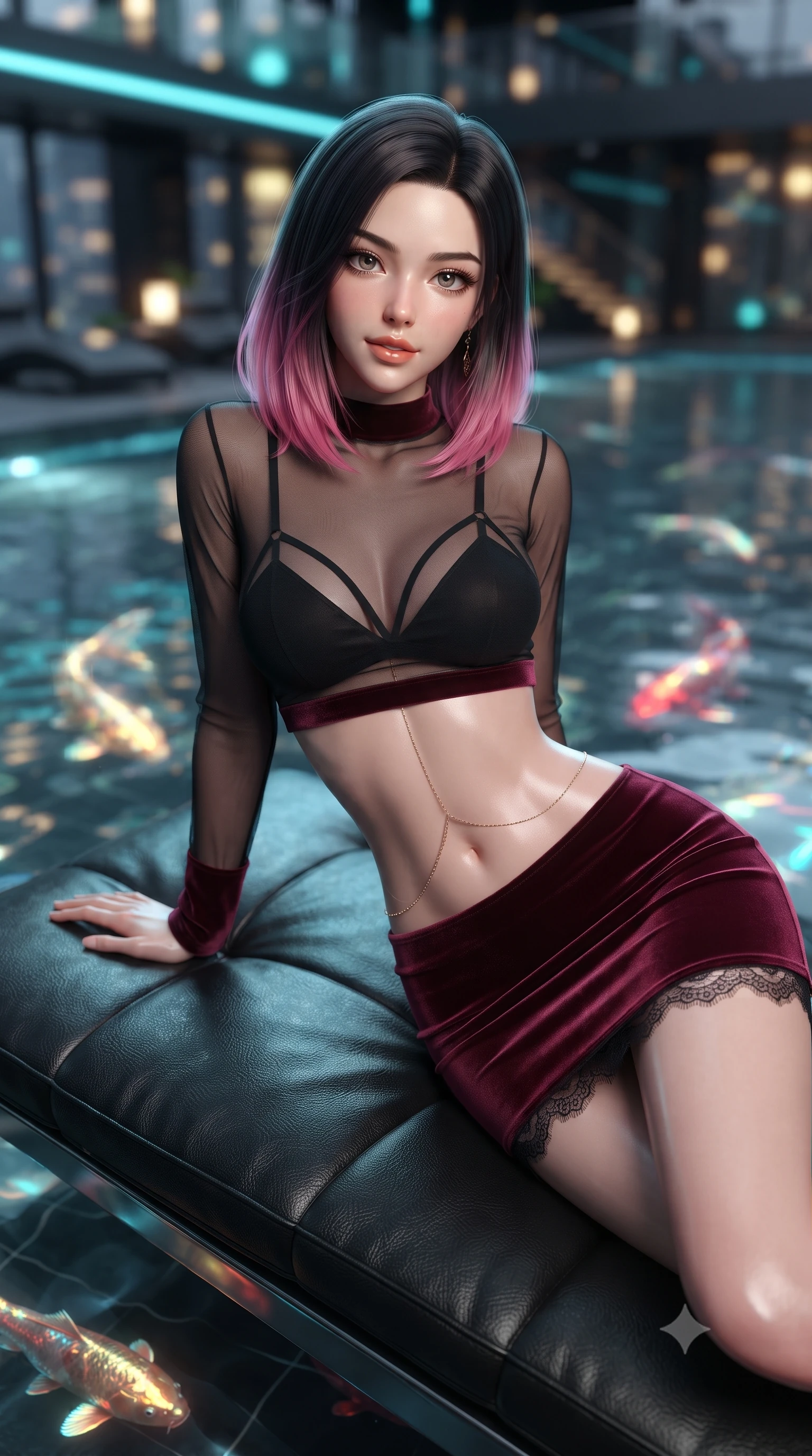 score_9, masterpiece, best quality, ultra-detailed, high-budget anime keyframe, editorial fashion photography, tasteful artistic composition, Korean woman. close-up cowboy shot from the waist and thighs up, the character dominates the composition, filling the frame with her large presence. leaning forward while arching her lower back to accentuate her curvy hips, looking into the camera with an intoxicating smoldering gaze and bedroom-eyes while lounging on a black leather pool lounger propped on one elbow, her flat midriff and long slender legs framed by swimming holographic light. The background shows a soft-focus swimming golden and crimson holographic koi fish in clear water, black titanium pool walls, and suspended catwalks blurred into gold, cyan, and charcoal bokeh. She has an exceptionally elegant, slender, and willowy female figure with an ultra-slim waist, flat toned midriff, narrow ribcage, and sculpted feminine hips creating an alluring, slim hourglass silhouette without bulk. sharp v-shaped jawline, high-bridge nose, sparkling eyes with hypnotic seductive depth, thick curled eyelashes, glossy parted lips with a natural dewy peach sheen, alluring bedroom-eyes with an enchanting coquettish smile, exuding magnetic siren charisma and sophisticated glamour, flawlessly proportioned anatomical accuracy, strict slender model proportions, natural body alignment, perfectly sculpted long slender limbs, ultra-slim waistline, clean dynamic posture without body distortion. wearing a sheer mesh long-sleeve crop top over an opaque strappy micro-bralette and a sleek leatherette mini skirt in deep bordeaux velvet and delicate black chantilly, made of sheer gossamer chiffon that drapes softly against skin with airy translucence, accented with a dainty gold belly chain resting across her flat midriff and curving hips, the glove-like clinging cut tightly following the natural contour of her hips and long slender legs with youthful 8.5-heads elegance. illuminated by water surface caustic reflections and sharp electric-cyan rim lights defining her delicate clavicles, narrow waist, and curvy hips. ultra-reflective glossy finish, specular highlights, rich textural contrasts, high-contrast stereoscopic depth, volumetric dynamic lighting, 2k, ultra detail, master piece, 9:16 ratio
