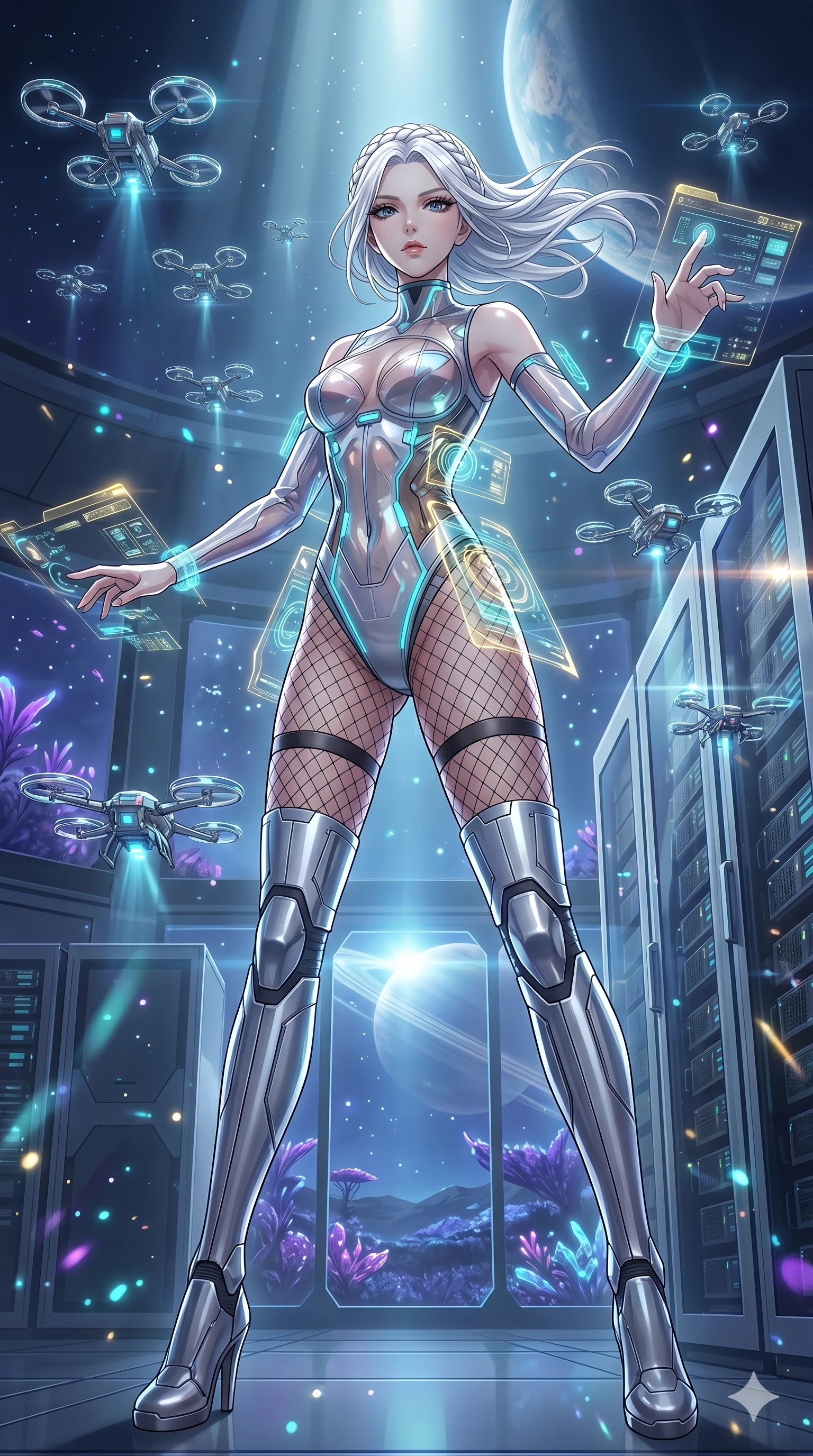 score_9, masterpiece, best quality, ultra-detailed, High-budget Anime Keyframe, vibrant colors, fluid line-art, expressive lighting, cinematic composition, Ufotable-style visual effects, top-tier animation quality, Japanese woman with delicate and elegant anime-inspired features. Dynamic full-body shot stretching the vertical silhouette, capturing her from a powerful low-angle perspective. Commanding a massive fleet of holographic drones within a high-security data center, her fingers dancing across invisible interfaces. She has an absolutely perfect 8-heads proportion, an exceptionally tall and slender female figure with impossibly long slender legs and an ultra-slim waist, her statuesque height and towering silhouette dominating the vertical 9:16 frame. Her face is a masterpiece featuring a sharp v-shaped jawline, high-bridge nose, intricate jewel-like eyes with depth, thick eyelashes, and glossy lips with a natural sheen. She is wearing a Asymmetrical high-cut tech-bodysuit with detached sleeves and glowing fiber-optic seams crafted from Transparent PVC with a high-gloss finish that reveals the intricate layers beneath, accompanied by sensual fishnet stockings and thigh-high metallic boots. The scene is set in a mysterious alien planet with bioluminescent purple flora and a giant ringed planet in the sky, illuminated by volumetric light beams cutting through a hazy atmosphere, creating a sense of depth. 2k, ultra detail, master piece, 9:16 ratio