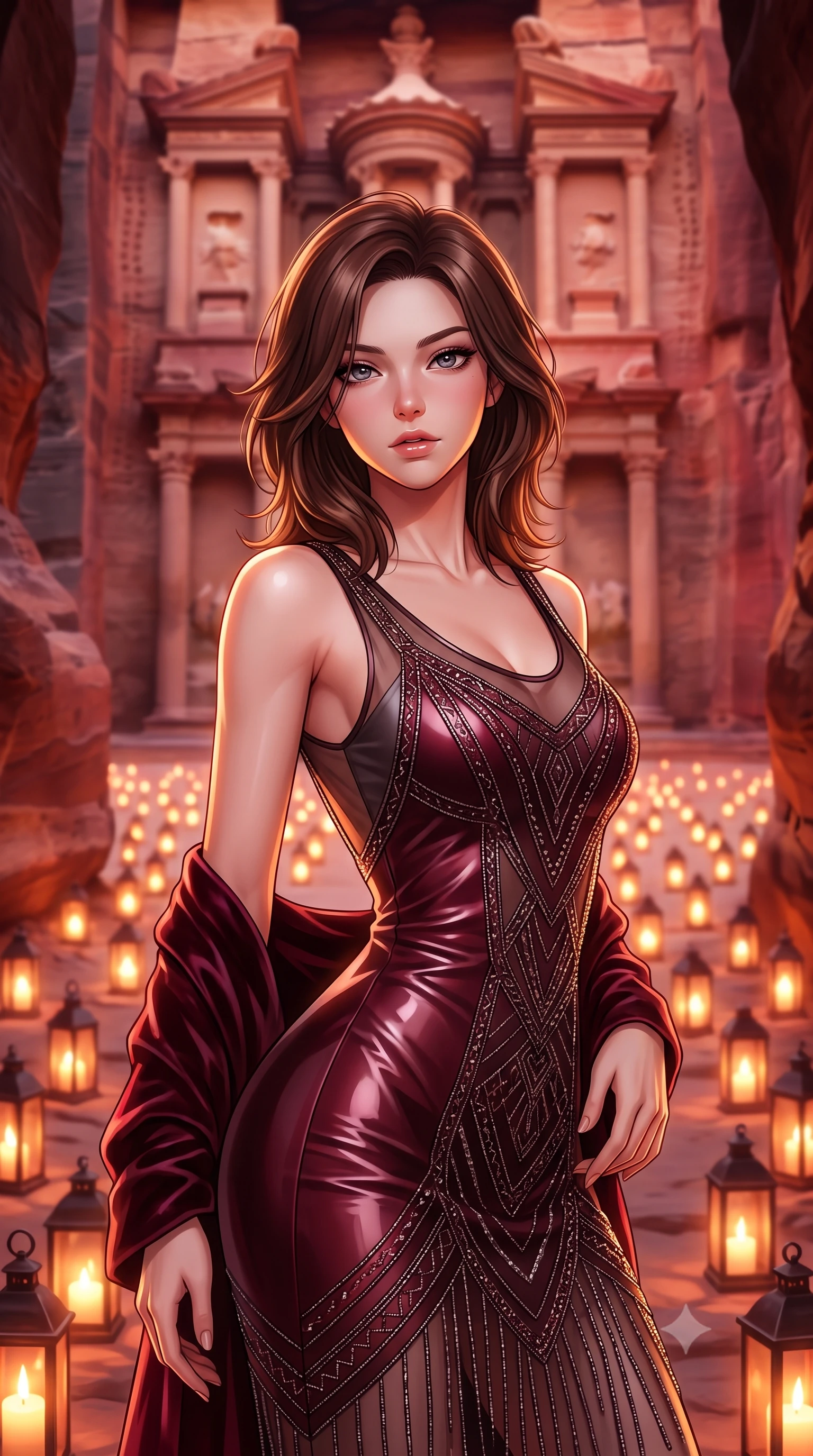 score_9, masterpiece, best quality, ultra-detailed, high-budget anime keyframe, semi-realistic 3D game render, editorial fashion photography, tasteful artistic composition, Korean woman. close-up cowboy shot from the waist and thighs up, the character dominates the composition, filling the frame with her large presence. leaning back with relaxed seductive grace, her sculpted collarbones and narrow waist highlighted as she casts smoldering bedroom-eyes directly into the camera while standing in the narrow rose-red sandstone canyon as hundreds of glowing paper lanterns illuminate the path toward the majestic carved Treasury facade. The composition keeps background elements in soft focus with creamy bokeh. hundreds of flickering candlelit lanterns and towering carved Corinthian columns of the Treasury blurred into glowing amber, rose, and starlight bokeh. She has an exceptionally elegant, slender, and willowy female figure with an ultra-slim waist, flat toned midriff, narrow ribcage, and sculpted feminine hips creating an alluring, slim hourglass silhouette without bulk. sharp v-shaped jawline, high-bridge nose, intricate jewel-like eyes with depth, thick eyelashes, glossy parted lips with a natural sheen, intensely captivating and seductive bedroom-eyes expression, flawlessly proportioned anatomical accuracy, strict slender model proportions, natural body alignment, perfectly sculpted long slender limbs, ultra-slim waistline, clean dynamic posture without body distortion. wearing a sheer vintage mesh flapper dress adorned with intricate geometric beadwork over an opaque silk slip in deep wine burgundy and brushed dark platinum, tailored from second-skin aerodynamic stretch vinyl with specular wet sheen, complemented by a plush velvet shawl draped loosely over her elbows, the precision-cut side openings and low-back scoop framing her graceful spine and the sensual sweep of her slim, toned hips. illuminated by warm sandstone ambient reflections sharply contouring her razor-sharp jawline, narrow waist, and curvy hips. highly saturated vibrant anime colors, detailed shading with soft gradients, rich glossy textures, high-contrast stereoscopic depth, volumetric dynamic lighting, master piece, 9:16 ratio