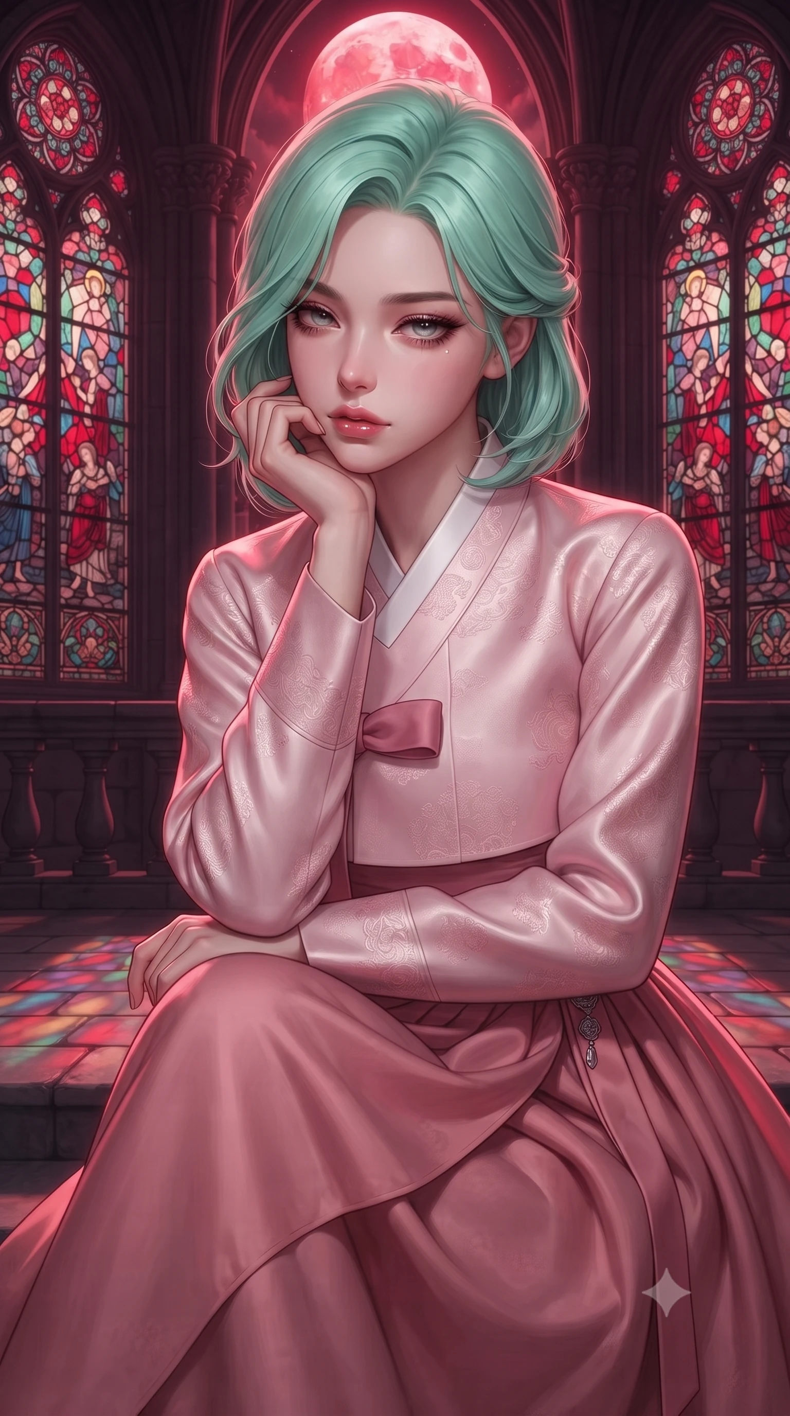 score_9, masterpiece, best quality, ultra-detailed, high-budget anime keyframe, editorial fashion photography, tasteful artistic composition, Japanese woman. close-up cowboy shot from the waist and thighs up, the character dominates the composition, filling the frame with her large presence, background elements kept in soft focus. resting her chin on the backs of her fingers, casting a heavy-lidded, sultry look past the camera the background shows a soft-focus a secluded cathedral terrace behind high stained-glass windows under a blood moon. She has an exceptionally elegant, slender, and willowy female figure with an ultra-slim waist, a gracefully sculpted slender torso, and a refined silhouette. sharp v-shaped jawline, high-bridge nose, intricate jewel-like eyes with depth, thick eyelashes, glossy lips with a natural sheen. wearing a tailored modern fusion hanbok jeogori in light pink silk, paired with a high-waisted wrap skirt. rich crimson moonlight filtering through stained glass, painting colorful patterns on stone. ultra-reflective glossy finish, specular highlights, metallic sheen, high-contrast stereoscopic depth, volumetric dynamic lighting, 2k, ultra detail, master piece, 9:16 ratio