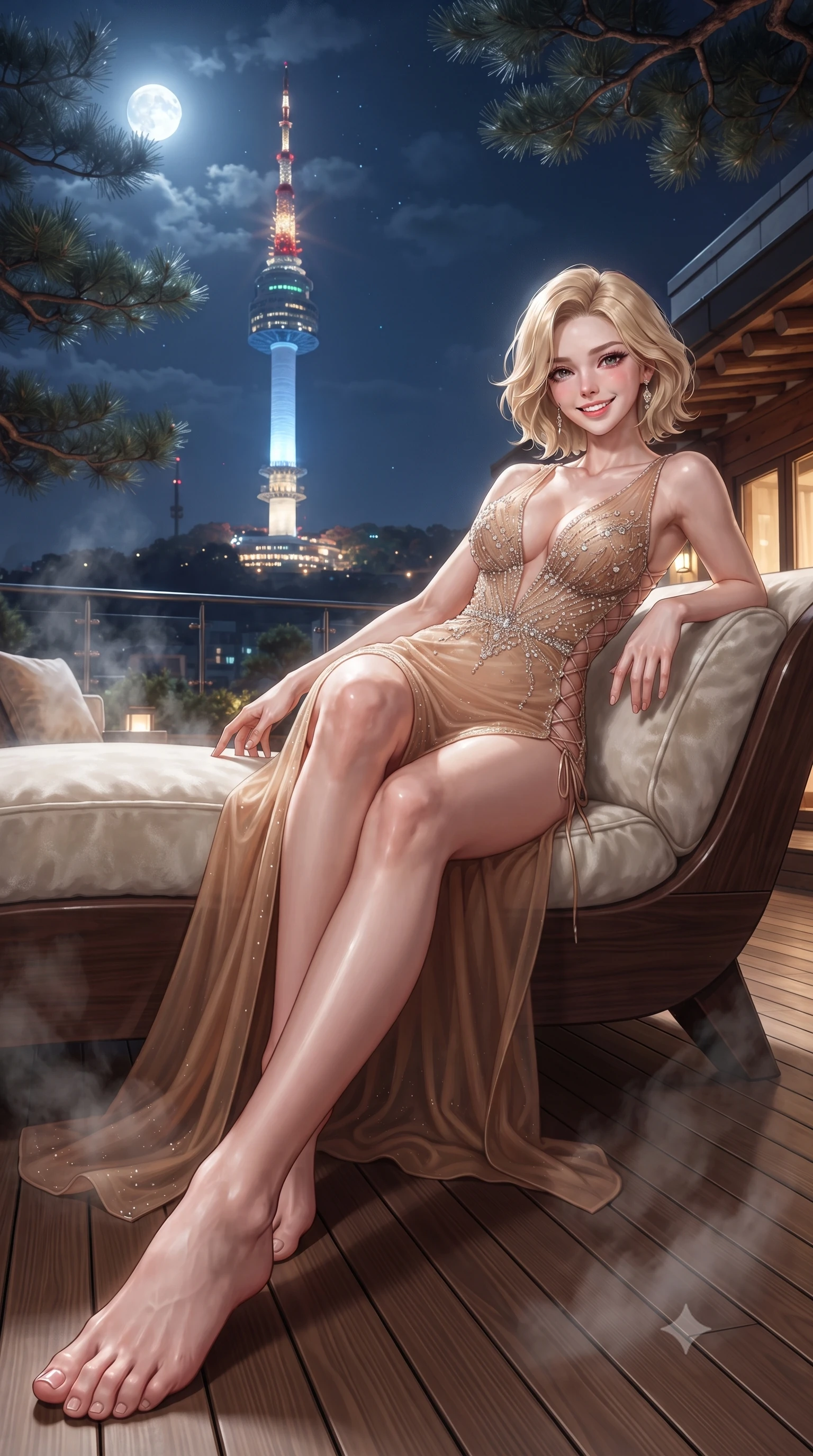 score_9, masterpiece, best quality, ultra-detailed, high-budget anime keyframe, editorial fashion photography, tasteful artistic composition, Caucasian woman. low angle full-body shot from head to toe showing her feet, filling the entire 9:16 vertical frame with her statuesque presence, stretching her vertical silhouette. reclining gracefully across the plush chaise lounge with one leg extended, her sculpted silhouette and flat midriff radiating magnetic nocturnal glamour while standing poised on the aromatic hinoki wood deck as steam rises into the crisp night air, arching her spine with siren allure as N Seoul Tower blazes above. The surrounding environment is rendered in vivid detail and crisp panoramic clarity: detailed sheer silk chiffon slip dress with eyelash lace cups, high side slit, and Korean master woodcraft in razor-sharp precision. She has an exceptionally tall and slender model-like 8.5-heads proportion, an ultra-slim waist, a flat toned midriff, narrow delicate ribcage, and beautifully sculpted feminine hips creating a graceful, slim hourglass silhouette without any bulky heaviness, with impossibly long slender legs. sharp v-shaped jawline, high-bridge nose, intricate jewel-like sparkling eyes with depth, thick eyelashes, glossy parted lips with a natural peach sheen, bright cheerful beaming smile with an enchanting and coquettish sensual glint, exuding both youthful cute charm and seductive allure, flawlessly proportioned anatomical accuracy, strict slender model proportions, natural body alignment, perfectly sculpted long slender limbs, ultra-slim waistline, clean dynamic posture without body distortion. wearing a plunge-front sheer mesh cocktail gown with delicate crystal beading and an ultra-daring hip-high leg slit in Beverly Hills honey champagne and warm toasted caramel, woven from fine semi-opaque stretch illusion mesh tracing her slender contours, featuring fine criss-cross lace-up side ties revealing tantalizing glimpses of her hip curve, the glove-like clinging cut tightly following the natural contour of her hips and long slender legs with youthful 8.5-heads elegance. bathed in cool silver moonlight filtering through pine branches combined with the colorful beacon glow of Seoul Tower. ultra-reflective glossy finish, specular highlights, rich textural contrasts, high-contrast stereoscopic depth, volumetric dynamic lighting, 2k, ultra detail, master piece, 9:16 ratio
