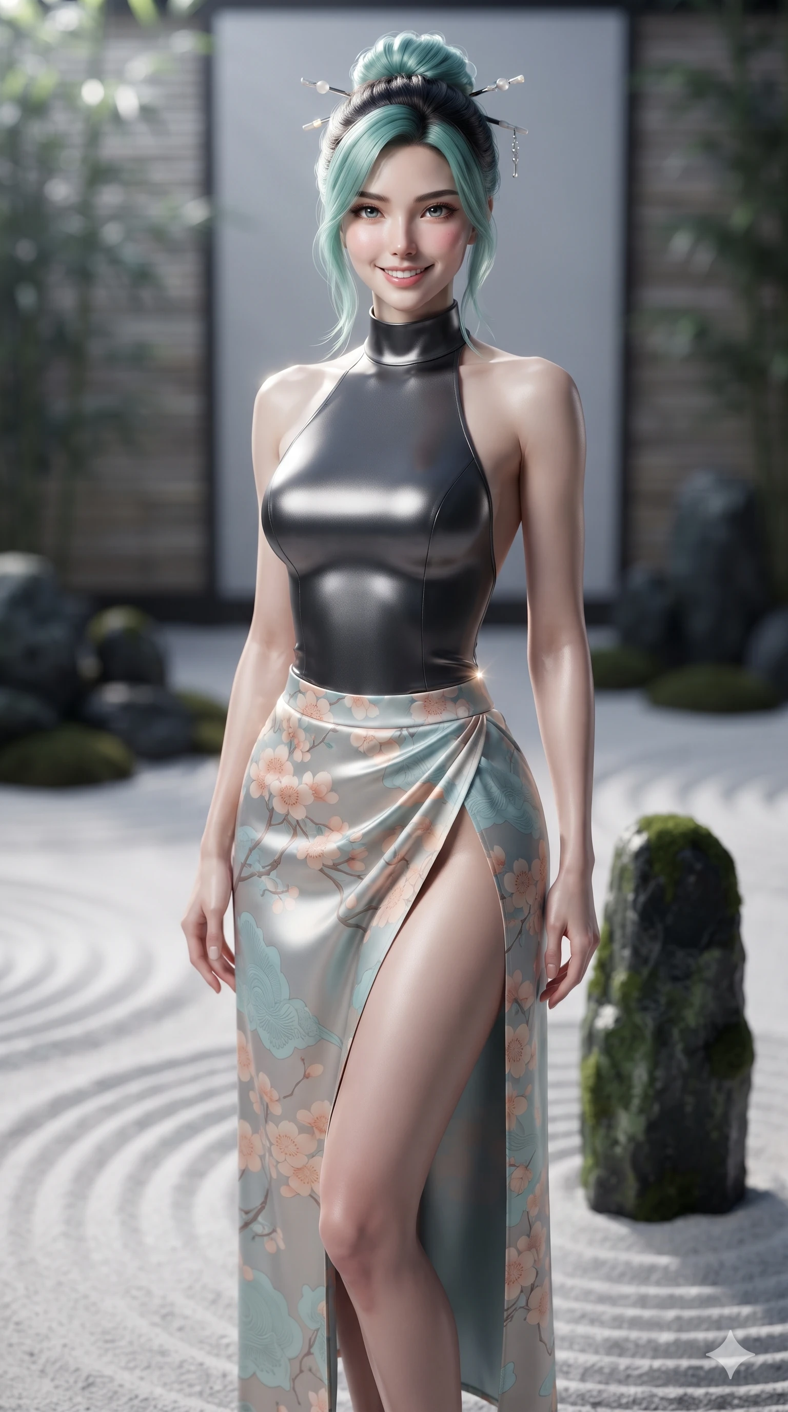 score_9, masterpiece, best quality, ultra-detailed, high-budget anime keyframe, editorial fashion photography, tasteful artistic composition, Japanese woman. close-up cowboy shot from the waist and thighs up, the character dominates the composition, filling the frame with her large presence. smiling with quiet, magnetic self-assurance directly into the camera, her sculpted waistline catching specular moonbeam highlights while standing tall beside a solitary upright scholar stone in the raked sand garden, arching her lower back to emphasize her curvy hips. The background shows a soft-focus concentric raked ripples in white granite sand, dark moss-rimmed scholar stone groupings, and bamboo screens blurred into silver, pearl, and charcoal bokeh. She has an exceptionally elegant, slender, and willowy female figure with an ultra-slim waist, flat toned midriff, narrow ribcage, and sculpted feminine hips creating an alluring, slim hourglass silhouette without bulk. sharp v-shaped jawline, high-bridge nose, sparkling eyes with hypnotic seductive depth, thick curled eyelashes, glossy parted lips with a natural dewy peach sheen, alluring bedroom-eyes with an enchanting coquettish smile, exuding magnetic siren charisma and sophisticated glamour, flawlessly proportioned anatomical accuracy, strict slender model proportions, natural body alignment, perfectly sculpted long slender limbs, ultra-slim waistline, clean dynamic posture without body distortion. wearing a sleek high-neck backless silk halter leotard styled with a high-slit chima wrap skirt revealing her long slender legs in pastel peach blossom and celadon porcelain blue, made of liquid dark mercury jersey with seamless sculpting hold and fluid drape, finished with delicate mother-of-pearl hairpin ornaments glinting in her dark glossy hair, the form-fitting cut adhering flawlessly to her sculpted flat midriff and slender torso, emphasizing her long leg lines and perfectly proportioned willowy build. illuminated by moonlit sand ripple bounce and sharp silver-topaz rim lights sculpting her razor-sharp jawline, narrow waist, and curvy hips. ultra-reflective glossy finish, specular highlights, rich textural contrasts, high-contrast stereoscopic depth, volumetric dynamic lighting, 2k, ultra detail, master piece, 9:16 ratio