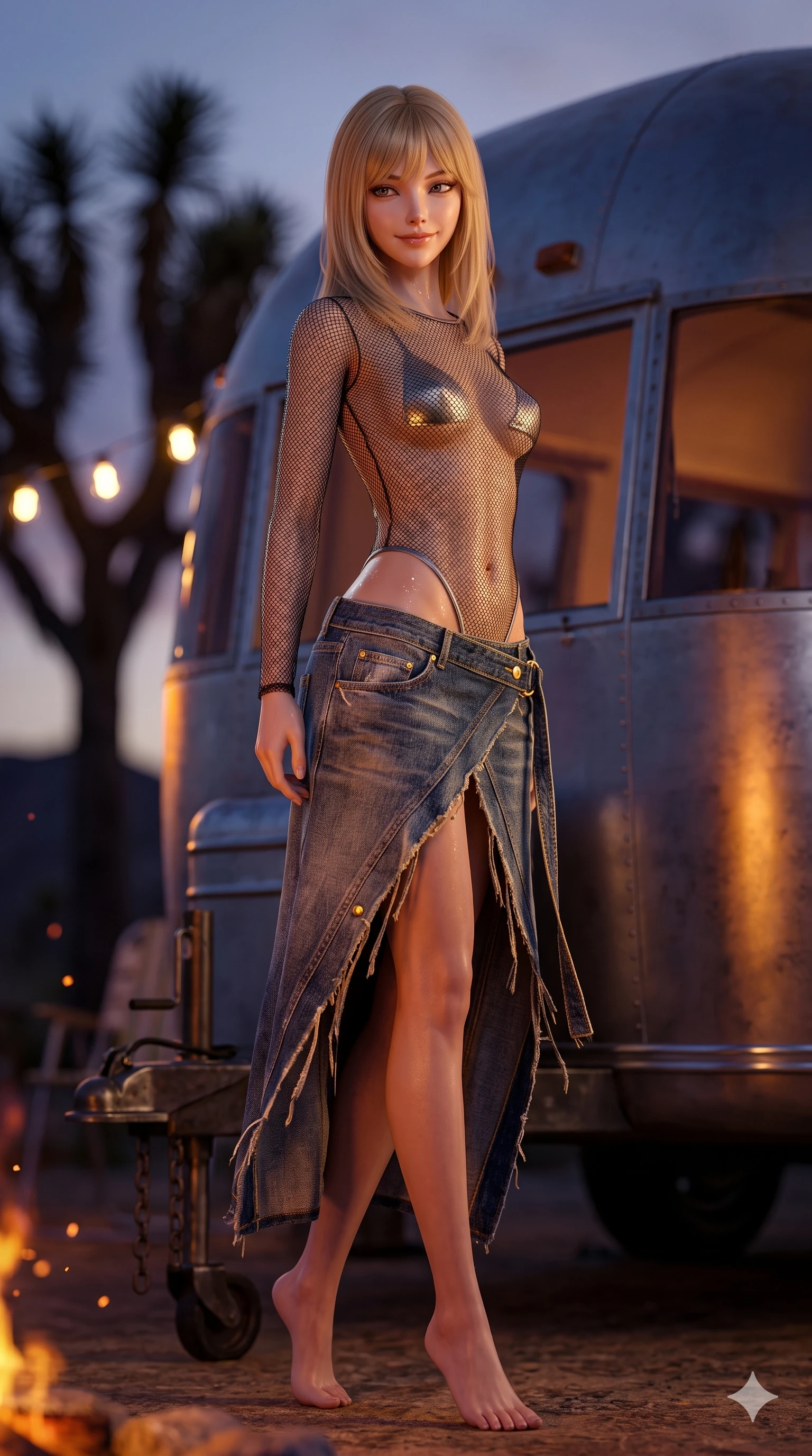 score_9, masterpiece, best quality, ultra-detailed, high-budget anime keyframe, semi-realistic 3D game render, editorial fashion photography, tasteful artistic composition, Japanese woman. low angle full-body shot from head to toe showing her feet, filling the entire 9:16 vertical frame with her statuesque presence, stretching her vertical silhouette. executing a slow, graceful pivot turn as her wrap skirt sways around her slender legs, glancing back with an enchanting, teasing sensual expression while twisting her slender torso in an alluring contrapposto stance beside the trailer hitch, warm fire embers and aluminum reflections tracing her flat midriff and hips. The background shows a soft-focus curved aluminum trailer reflections, glowing camp string lights, and distant Joshua tree silhouettes blurred into silver, amber, and indigo bokeh. She has an absolutely perfect, statuesque 8.5-heads proportion, an exceptionally tall and slender model-like female figure with impossibly long slender legs, an ultra-slim waist, a flat toned midriff, narrow delicate ribcage, and beautifully sculpted feminine hips creating a graceful, slim hourglass silhouette without any bulky heaviness. sharp v-shaped jawline, high-bridge nose, sparkling eyes with hypnotic seductive depth, thick curled eyelashes, glossy parted lips with a natural dewy peach sheen, alluring bedroom-eyes with an enchanting coquettish smile, exuding magnetic siren charisma and sophisticated glamour, flawlessly proportioned anatomical accuracy, strict slender model proportions, natural body alignment, perfectly sculpted long slender limbs, ultra-slim waistline, clean dynamic posture without body distortion. wearing a provocative ultra-sheer fishnet long-sleeve bodysuit layered over metallic micro-pasties and micro-thong in high-contrast coastal monochrome with gold hardware, woven from bespoke sun-bleached selvedge denim with rich tactile slub texture, finished with glistening drops of seawater beading across her sculpted shoulders and flat midriff, the impeccably tailored cut draping gracefully along her slender figure with aristocratic western poise. illuminated by aluminum trailer reflection bounce and sharp amber-gold rim lighting sculpting her jawline, flat midriff, and voluptuous hip curves. highly saturated vibrant anime colors, detailed shading with soft gradients, rich glossy textures, high-contrast stereoscopic depth, volumetric dynamic lighting, master piece, 9:16 ratio
