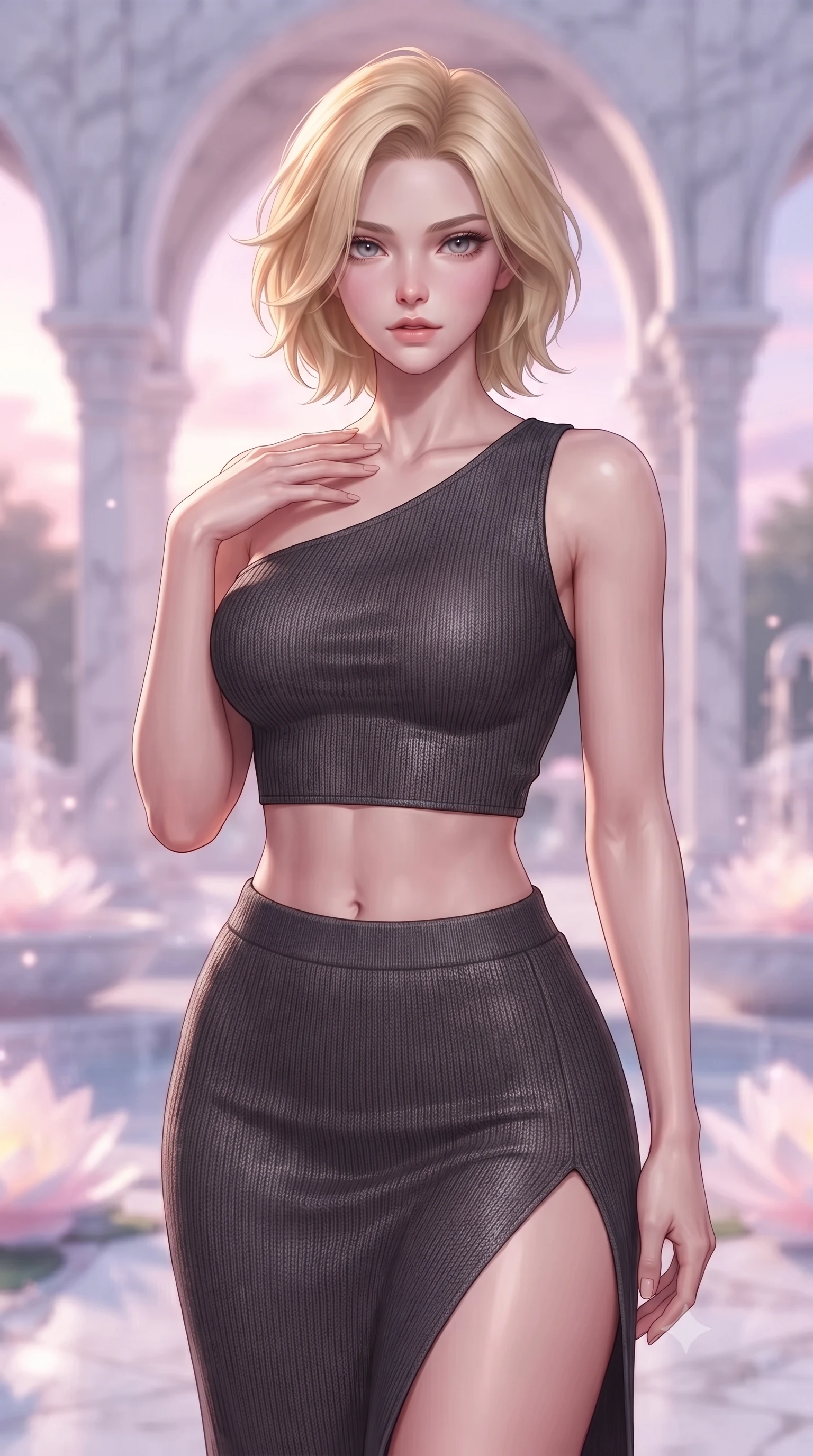 score_9, masterpiece, best quality, ultra-detailed, high-budget anime keyframe, editorial fashion photography, tasteful artistic composition, Caucasian woman. close-up cowboy shot from the waist and thighs up, the character dominates the composition, filling the frame with her large presence, background elements kept in soft focus. standing with one hand resting on her collarbone, looking at the viewer with bedroom-eyes the background shows a soft-focus a secluded cloud palace courtyard with white marble arches and glowing lotus fountains. She has an exceptionally elegant, slender, and willowy female figure with an ultra-slim waist, a gracefully sculpted slender torso, and a refined silhouette. sharp v-shaped jawline, high-bridge nose, intricate jewel-like eyes with depth, thick eyelashes, glossy lips with a natural sheen. wearing a body-hugging asymmetric one-shoulder crop top in charcoal knit, paired with a high-slit skirt. soft pink and lavender sunset scatter light painting the marble. highly saturated vibrant anime colors, detailed shading with soft gradients, rich glossy textures, high-contrast stereoscopic depth, volumetric dynamic lighting, master piece, 9:16 ratio