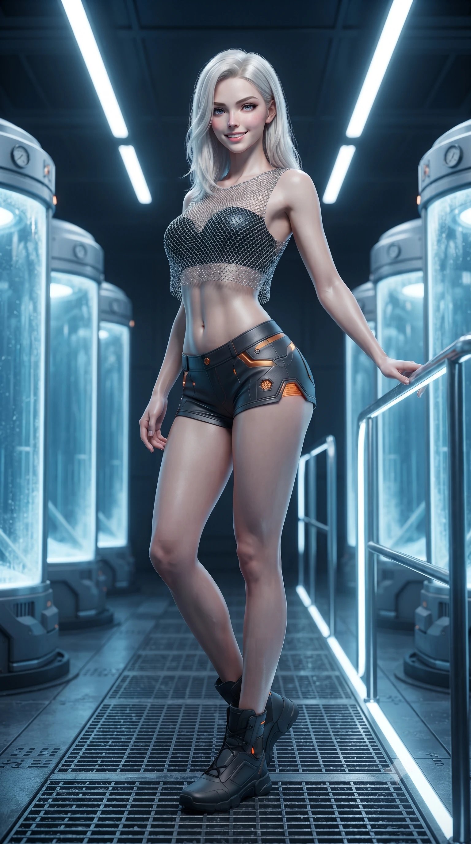 score_9, masterpiece, best quality, ultra-detailed, high-budget anime keyframe, editorial fashion photography, tasteful artistic composition, Caucasian woman. low angle full-body shot from head to toe showing her feet, filling the entire 9:16 vertical frame with her statuesque presence, stretching her vertical silhouette. standing in a tall, confident posture with one hand on a glowing metal railing, stretching her statuesque body as she arches her lower back to emphasize her sculpted feminine hips and slender waist while standing poised between rows of glowing vertical cryo-capsules, arching her back with ice-cold, sovereign elegance. The surrounding environment is rendered in vivid detail and crisp panoramic clarity: sharp frost rime on pod glass, cryogenic valve pressure dials, and textured steel floor grating in deep focus. She has an absolutely perfect, statuesque 8.5-heads proportion, an exceptionally tall and slender model-like female figure with impossibly long slender legs, an ultra-slim waist, a flat toned midriff, narrow delicate ribcage, and beautifully sculpted feminine hips creating a graceful, slim hourglass silhouette without any bulky heaviness. sharp v-shaped jawline, high-bridge nose, intricate jewel-like sparkling eyes with depth, thick eyelashes, glossy parted lips with a natural sheen, bright confident smile with an enchanting and coquettish sensual glint, exuding both youthful magnetic charm and sovereign high-tech allure, flawlessly proportioned anatomical accuracy, strict slender model proportions, natural body alignment, perfectly sculpted long slender limbs, ultra-slim waistline, clean dynamic posture without body distortion. wearing a delicate silver chainmail mesh crop top layered over a sculpted matte black bandeau with low-rise combat shorts in stealth charcoal slate and molten laser orange, tailored from brushed aeronautical titanium alloy with matte satin sheen, accented with subtle hexagonal heat-sink vents glowing with dim orange thermal heat, the precision-cut side openings and low-back scoop framing her graceful spine and the sensual sweep of her slim, toned hips. illuminated by overhead cold-white strip lights and sharp crystalline silver rim lights carving her slim waist, hips, and jawline. ultra-reflective glossy finish, specular highlights, rich textural contrasts, high-contrast stereoscopic depth, volumetric dynamic lighting, 2k, ultra detail, master piece, 9:16 ratio