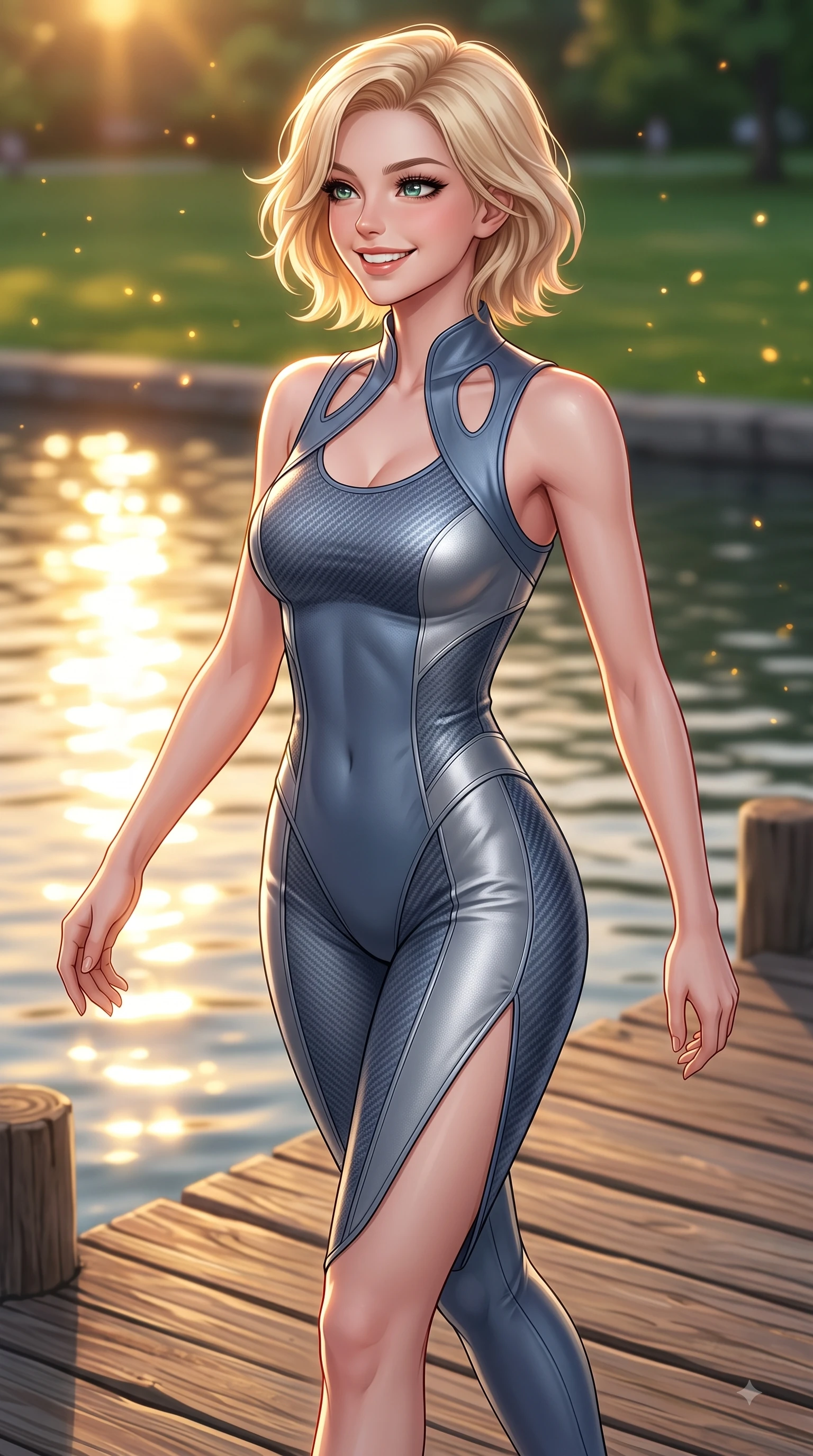 score_9, masterpiece, best quality, ultra-detailed, high-budget anime keyframe, editorial fashion photography, tasteful artistic composition, Caucasian woman. close-up cowboy shot from the waist and thighs up, the character dominates the composition, filling the frame with her large presence, background elements kept in soft focus. Radiant youthful grin reflecting college charm while casting a playful, joyful side-gaze with heavy lashes while walking across a wooden river pier as golden hour sunbursts reflect off calm water, green park lawns scattered with golden evening light motes and gentle breezes. She has an exceptionally elegant, slender, and willowy female figure with an ultra-slim waist, a gracefully sculpted slender torso, and a refined silhouette. sharp v-shaped jawline, high-bridge nose, intricate jewel-like eyes with depth, thick eyelashes, glossy lips with a natural sheen, flawlessly proportioned anatomical accuracy, natural body alignment, perfectly sculpted elegant limbs, clean dynamic posture without body distortion. wearing a form-fitting ribbed activewear set with elegant collar cutouts in slate blue and metallic silver, made of fine carbon-fiber weave and soft matte leather, finished with a sleek side slit ascending to mid-thigh, the elegant draped fit framing her graceful clavicle and slender torso. illuminated by soft glowing sunset reflections with cheerful golden rim lights. highly saturated vibrant anime colors, detailed shading with soft gradients, rich glossy textures, high-contrast stereoscopic depth, volumetric dynamic lighting, master piece, 9:16 ratio
