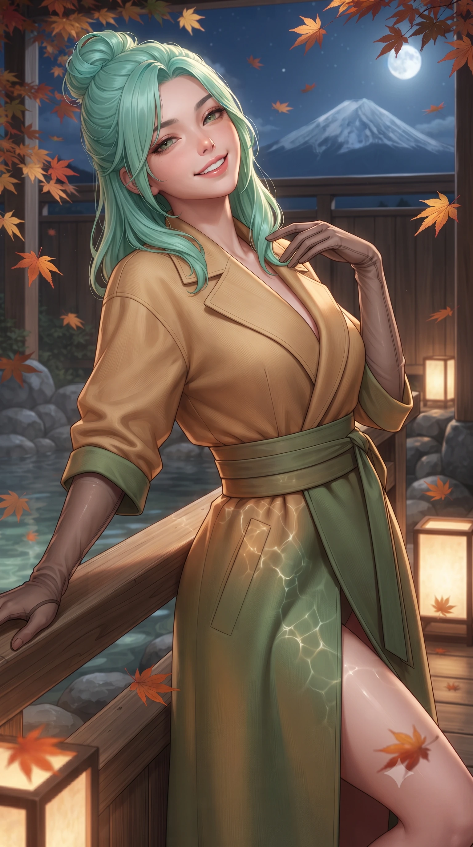 score_9, masterpiece, best quality, ultra-detailed, high-budget anime keyframe, editorial fashion photography, tasteful artistic composition, Japanese woman. close-up cowboy shot from the waist and thighs up, the character dominates the composition, filling the frame with her large presence. leaning back against the balustrade with relaxed seductive grace, head tilted back slightly while casting a hypnotic, heavy-lidded gaze while twisting her slender torso in an alluring contrapposto stance beside floating Japanese maple leaves, mineral spring caustics tracing her flat midriff and curvy hips. The surrounding environment is rendered in vivid detail and crisp panoramic clarity: sharp natural hinoki wood grain, smooth river stone masonry of the bath, and delicate Japanese maple leaf veins in deep focus. She has an exceptionally elegant, slender, and willowy female figure with an ultra-slim waist, flat toned midriff, narrow ribcage, and sculpted feminine hips creating an alluring, slim hourglass silhouette without bulk. sharp v-shaped jawline, high-bridge nose, intricate jewel-like sparkling eyes with depth, thick eyelashes, glossy parted lips with a natural peach sheen, bright cheerful beaming smile with an enchanting and coquettish sensual glint, exuding both youthful cute charm and seductive allure, flawlessly proportioned anatomical accuracy, strict slender model proportions, natural body alignment, perfectly sculpted long slender limbs, ultra-slim waistline, clean dynamic posture without body distortion. wearing a bespoke Japanese minimalist silk kimono-collar structured trench coat with obi sash belt in Japanese hinoki cedar honey and Kyoto matcha jade, crafted from bespoke double-faced cashmere with an exceptionally soft tactile finish, complemented by sheer opera-length evening gloves tracing her slender arms, the impeccably tailored cut draping gracefully along her slender figure with aristocratic poise. bathed in the warm 2500K glow of Japanese washi paper floor lanterns mixed with crisp silver moonlight on Mount Fuji's snows. ultra-reflective glossy finish, specular highlights, rich textural contrasts, high-contrast stereoscopic depth, volumetric dynamic lighting, 2k, ultra detail, master piece, 9:16 ratio
