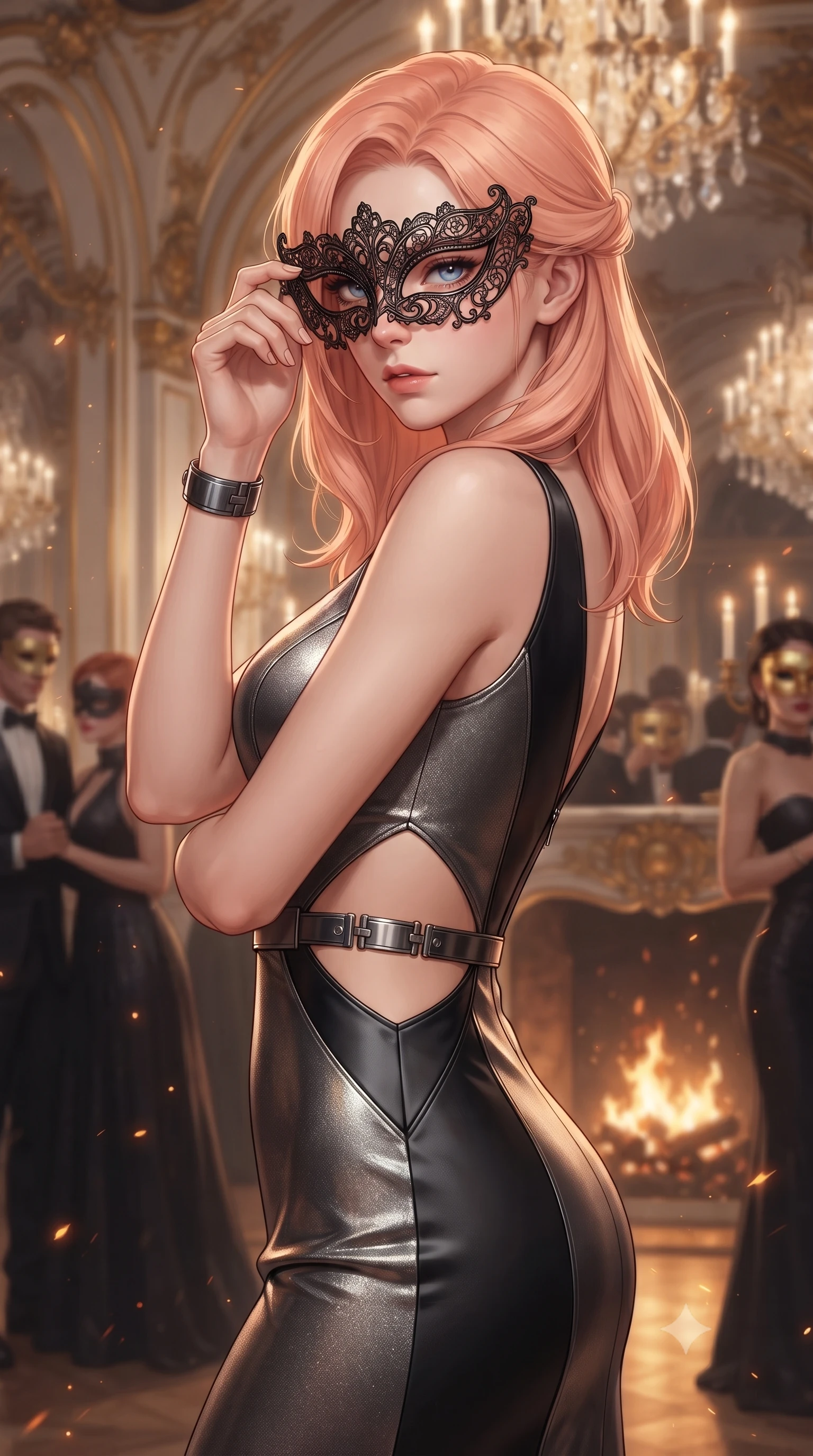 score_9, masterpiece, best quality, ultra-detailed, high-budget anime keyframe, editorial fashion photography, tasteful artistic composition, Japanese woman. close-up cowboy shot from the waist and thighs up, the character dominates the composition, filling the frame with her large presence. turning over her shoulder with an indomitable, smoldering gaze, her soft hair framing her razor-sharp v-shaped jawline while attending a lavish masquerade ball in an opulent baroque mansion, holding an intricate filigree lace mask to her captivating eyes. The composition keeps background elements in soft focus with creamy bokeh. flickering fireplace sparks and gold leaf mask reflections scattering warm radiant light motes. She has an exceptionally elegant, slender, and willowy female figure with an ultra-slim waist, a gracefully sculpted slender torso, toned flat midriff, and a refined slim silhouette. sharp v-shaped jawline, high-bridge nose, intricate jewel-like eyes with depth, thick eyelashes, glossy lips with a natural sheen, captivating and magnetic expression, flawlessly proportioned anatomical accuracy, strict slender model proportions, natural body alignment, perfectly sculpted long slender limbs, ultra-slim waistline, clean dynamic posture without body distortion. wearing a sculpted metallic lamé evening dress with delicate side-waist diamond cutouts in brushed dark platinum and obsidian leather, tailored from liquid silk jersey adhering flawlessly to her slender build, accented with concealed lockpick wristbands and polished dark chrome hardware, the sleek tailored cut tightly hugging her graceful clavicle, narrow waist, and feminine curves with statuesque precision. bathed in romantic warm candelabra glow and dramatic fireplace ember uplights. ultra-reflective glossy finish, specular highlights, rich textural contrasts, high-contrast stereoscopic depth, volumetric dynamic lighting, 2k, ultra detail, master piece, 9:16 ratio