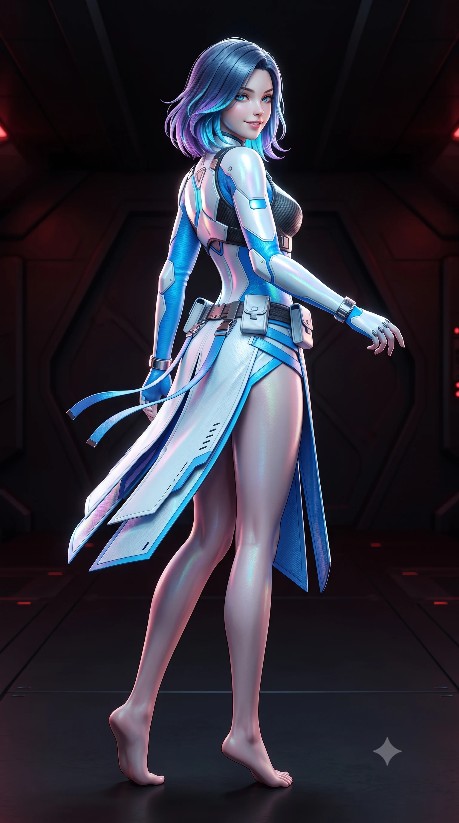 score_9, masterpiece, best quality, ultra-detailed, high-budget anime keyframe, semi-realistic 3D game render, editorial fashion photography, tasteful artistic composition, Caucasian woman. low angle full-body shot from head to toe showing her feet, filling the entire 9:16 vertical frame with her statuesque presence, stretching her vertical silhouette. executing a cheerful mid-motion pivot turn as her tactical belt and ribbons flutter around her slender legs, glancing over her shoulder with an intoxicating, teasing bedroom-gaze while walking silently across the radar-absorbent matte black deck, arching her back with sovereign covert-ops grace. The background shows a soft-focus angular radar-deflecting cruiser bulkheads and low-intensity red tactical lights softened in covert military shallow focus. She has an absolutely perfect, statuesque 8.5-heads proportion, an exceptionally tall and slender model-like female figure with impossibly long slender legs, an ultra-slim waist, a flat toned midriff, narrow delicate ribcage, and beautifully sculpted feminine hips creating a graceful, slim hourglass silhouette without any bulky heaviness. sharp v-shaped jawline, high-bridge nose, intricate jewel-like sparkling eyes with depth, thick eyelashes, glossy parted lips with a natural sheen, bright confident smile with an enchanting and coquettish sensual glint, exuding both youthful magnetic charm and sovereign high-tech allure, flawlessly proportioned anatomical accuracy, strict slender model proportions, natural body alignment, perfectly sculpted long slender limbs, ultra-slim waistline, clean dynamic posture without body distortion. wearing a cyber-samurai tactical suit featuring a shortened carbon chestplate and high-slit armored wrap skirt in arctic snowflake white and electric plasma blue, made of high-grade ballistic nylon with precision laser-cut perforations, finished with polished chrome buckle hardware and modular magnetic holster clasps, the liquid-tight tailored fabric clinging flawlessly to her narrow waist and rounded feminine hips, emphasizing every millimeter of her sculpted slim hourglass curves without any bulky heaviness. illuminated by active-camouflage iridescent shimmers and sharp silver rim lights sculpting her razor-sharp jawline, narrow waist, and curvy hips. highly saturated vibrant anime colors, detailed shading with soft gradients, rich glossy textures, high-contrast stereoscopic depth, volumetric dynamic lighting, master piece, 9:16 ratio