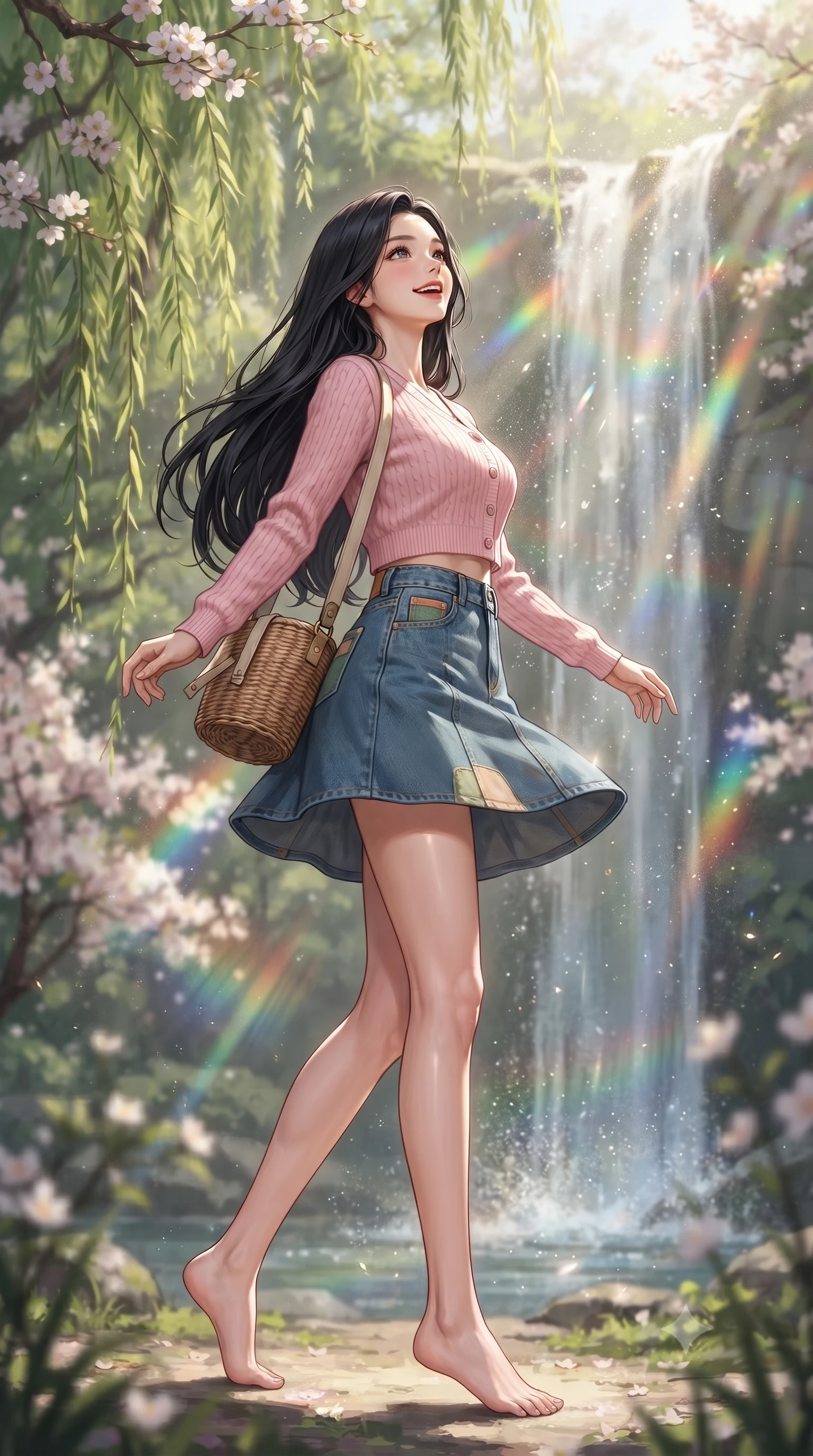 score_9, masterpiece, best quality, ultra-detailed, high-budget anime keyframe, editorial fashion photography, tasteful artistic composition, Korean woman. low angle full-body shot from head to toe showing her feet, filling the entire 9:16 vertical frame with her statuesque presence, stretching her vertical silhouette. performing a cheerful mid-motion turn with effortless poise, her skirt fluttering softly as she smiles into the camera while looking up at the shimmering waterfall with wonder and joy, water spray catching miniature rainbows in the sunlight. The composition keeps background elements in soft focus with creamy bokeh. ancient weeping willow branches and blooming woodland blossoms softened in dreamy shallow focus. She has an absolutely perfect, statuesque 8.5-heads proportion, an exceptionally tall and slender model-like female figure with impossibly long slender legs, a toned flat midriff, and an ultra-slim waist. sharp v-shaped jawline, high-bridge nose, intricate jewel-like eyes with depth, thick eyelashes, glossy lips with a natural sheen, pure and lovely fresh girlhood expression, flawlessly proportioned anatomical accuracy, strict slender model proportions, natural body alignment, perfectly sculpted long slender limbs, ultra-slim waistline, clean dynamic posture without body distortion. wearing a lovely baby-pink cropped knit cardigan paired with a high-waisted denim A-line mini skirt in warm apricot and sage green, tailored from crisp organic cotton poplin, accessorized with a rustic woven wicker bag and canvas strap, the tailored casual silhouette highlighting her fresh and youthful presence and perfectly proportioned slender frame. bathed in ethereal sunbeams piercing through waterfall mist, creating radiant rainbow refractions. ultra-reflective glossy finish, specular highlights, rich natural textures, high-contrast stereoscopic depth, volumetric dynamic lighting, 2k, ultra detail, master piece, 9:16 ratio