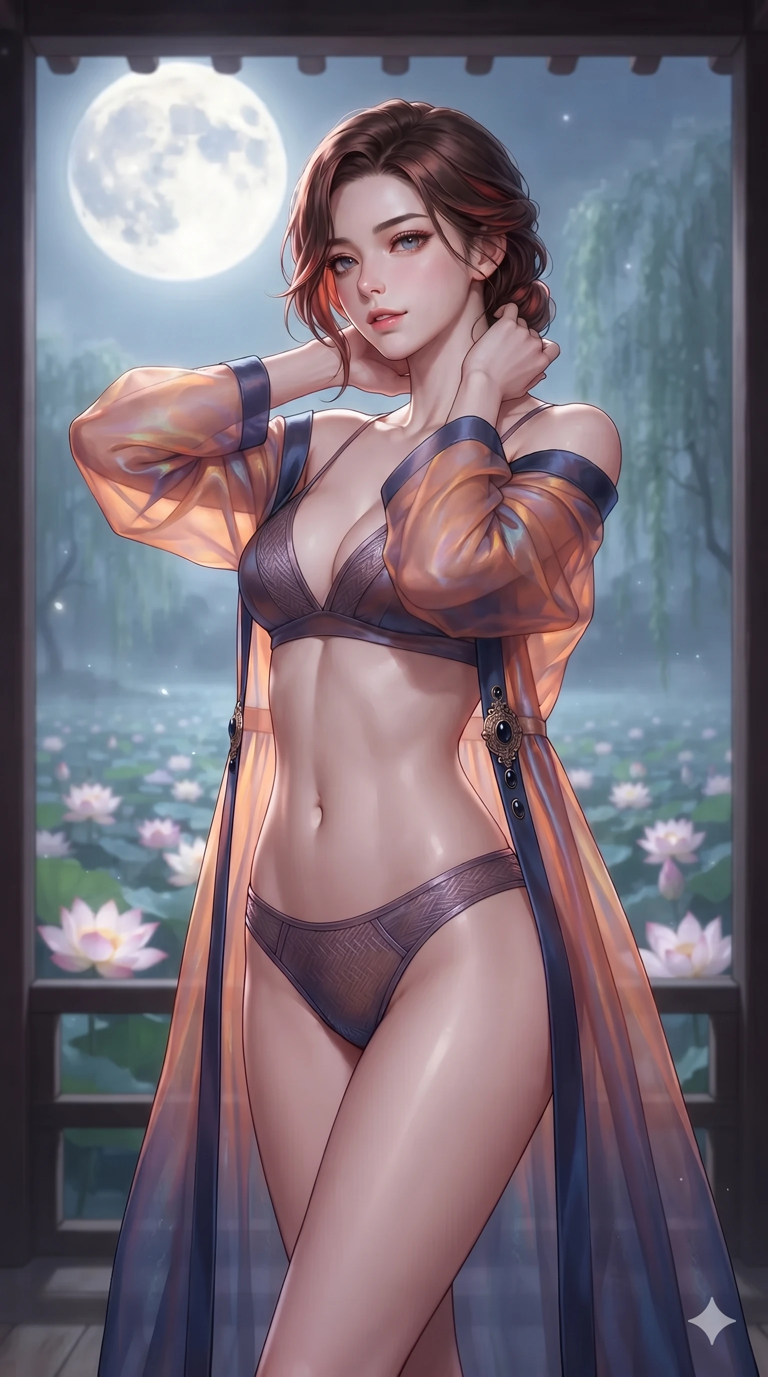 score_9, masterpiece, best quality, ultra-detailed, high-budget anime keyframe, editorial fashion photography, tasteful artistic composition, Korean woman. close-up cowboy shot from the waist and thighs up, the character dominates the composition, filling the frame with her large presence. resting both hands lightly behind her neck with elbows raised, arching her spine to highlight her narrow waist, flat midriff, and breathtaking collarbones while standing poised at the edge of the open-air pavilion, looking out over the blooming lotus blossoms with sleepy, seductive bedroom-eyes. The background shows a soft-focus the giant glowing harvest full moon, floating lotus blossoms, and misty willow trees blurred into silver, jade, and amethyst bokeh. She has an exceptionally elegant, slender, and willowy female figure with an ultra-slim waist, flat toned midriff, narrow ribcage, and sculpted feminine hips creating an alluring, slim hourglass silhouette without bulk. sharp v-shaped jawline, high-bridge nose, sparkling eyes with hypnotic seductive depth, thick curled eyelashes, glossy parted lips with a natural dewy peach sheen, alluring bedroom-eyes with an enchanting coquettish smile, exuding magnetic siren charisma and sophisticated glamour, flawlessly proportioned anatomical accuracy, strict slender model proportions, natural body alignment, perfectly sculpted long slender limbs, ultra-slim waistline, clean dynamic posture without body distortion. wearing a translucent iridescent organza durumagi robe slipping off bare shoulders over a matching satin micro-bralette and wrap briefs in sunset tangerine orange and deep navy indigo, woven from bespoke Korean ramie fabric with crisp tactile slub texture, accented with an authentic engraved gold medallion and obsidian cabochons, the precision-cut side openings and low-back scoop framing her graceful spine and the sensual sweep of her slim, toned hips. bathed in pure silver moonlight cascading directly from the harvest full moon above. ultra-reflective glossy finish, specular highlights, rich textural contrasts, high-contrast stereoscopic depth, volumetric dynamic lighting, 2k, ultra detail, master piece, 9:16 ratio