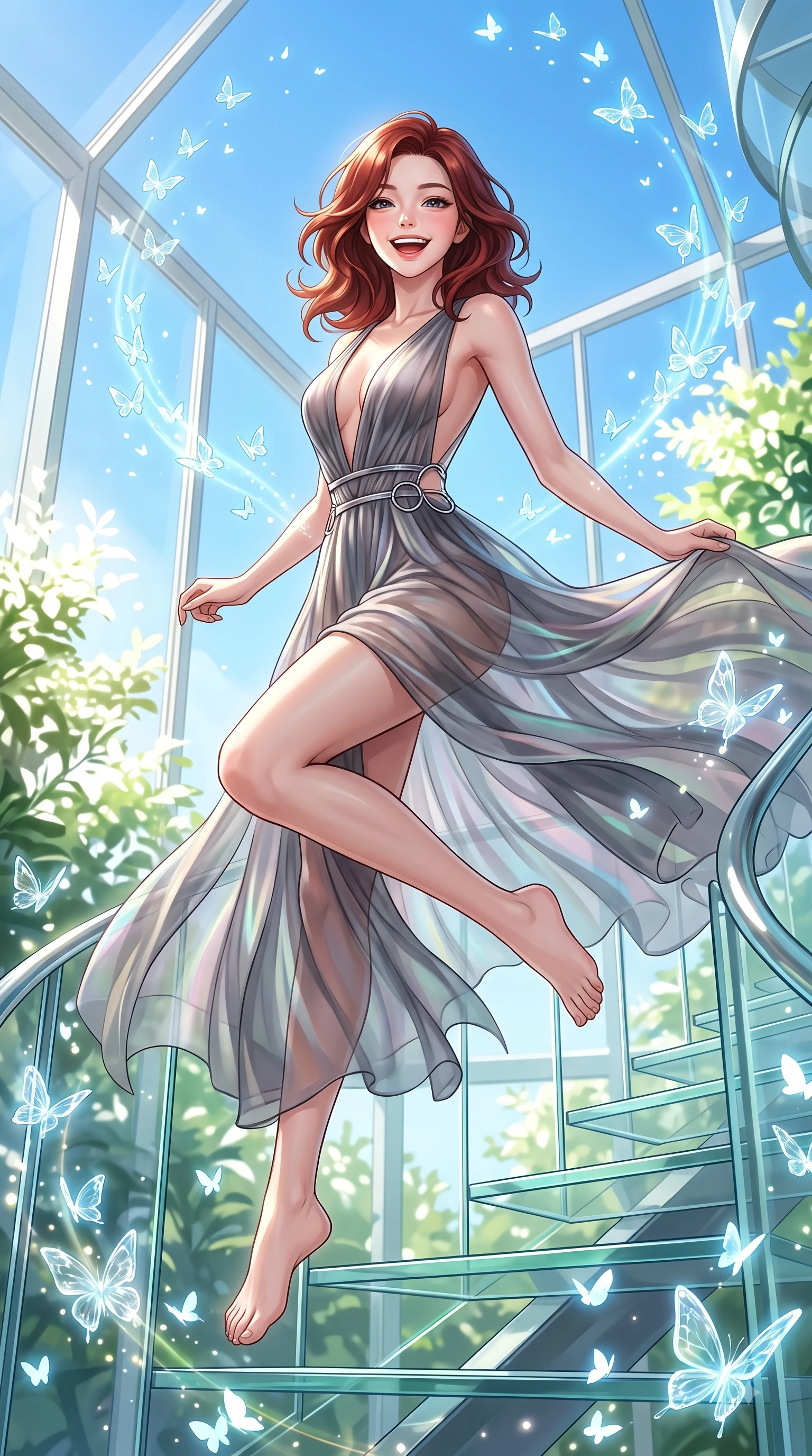 score_9, masterpiece, best quality, ultra-detailed, high-budget anime keyframe, editorial fashion photography, tasteful artistic composition, Korean woman. low angle full-body shot from head to toe showing her feet, filling the entire 9:16 vertical frame with her statuesque presence, stretching her vertical silhouette. leaping with pure joy through mid-air with a radiant bright smile, her impossibly long slender legs stretched in perfect balance while ascending a vertical glass spiral staircase with a cheerful beaming expression, hundreds of bioluminescent glass butterflies fluttering around her in cheerful light trails. She has an absolutely perfect, statuesque 8.5-heads proportion, an exceptionally tall and slender model-like female figure with impossibly long slender legs and an ultra-slim waist. sharp v-shaped jawline, high-bridge nose, intricate jewel-like eyes with depth, thick eyelashes, glossy lips with a natural sheen, flawlessly proportioned anatomical accuracy, natural body alignment, perfectly sculpted elegant limbs, clean dynamic posture without body distortion. wearing a translucent iridescent chiffon gown with a plunging neckline and open back in charcoal grey and platinum, woven from fine semi-opaque sheer organza, accented with delicate chrome ring hardware framing her waist, the sleek second-skin texture accentuating her magnetic presence. surrounded by a bright, airy greenhouse ambiance with radiant white and green highlights. highly saturated vibrant anime colors, detailed shading with soft gradients, rich glossy textures, high-contrast stereoscopic depth, volumetric dynamic lighting, master piece, 9:16 ratio