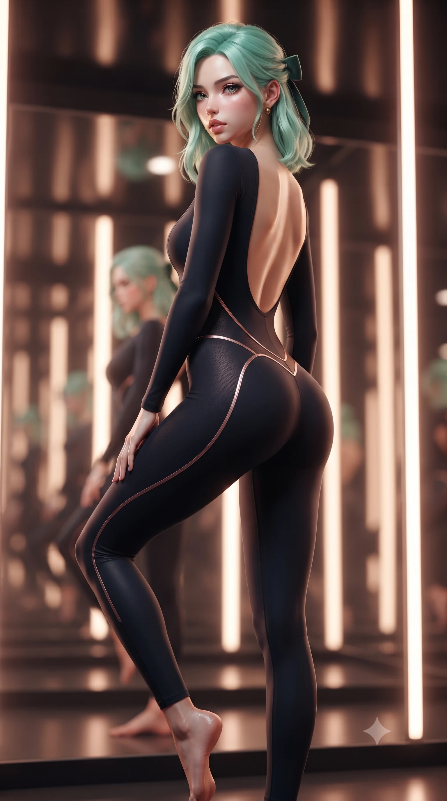 score_9, masterpiece, best quality, ultra-detailed, high-budget anime keyframe, editorial fashion photography, tasteful artistic composition, Japanese woman. low angle full-body shot from head to toe showing her feet, filling the entire 9:16 vertical frame with her statuesque presence, stretching her vertical silhouette. reclining on her side in an elegant Cleopatra pose with one knee drawn up, the dramatic contour of her rounded hips and long slender legs commanding the 9:16 vertical frame while standing with her back to the floor-to-ceiling mirror, looking over her bare shoulder with hips cocked dramatically in an alluring high-fashion stance. The composition keeps background elements in soft focus with creamy bokeh. infinite studio mirror reflections and warm vertical light tubes blurred into glowing amber, rose-gold, and ivory bokeh. She has an absolutely perfect, statuesque 8.5-heads proportion, an exceptionally tall and slender model-like female figure with impossibly long slender legs, a toned flat midriff, an ultra-slim waist, and beautifully sculpted feminine hips. sharp v-shaped jawline, high-bridge nose, intricate jewel-like eyes with depth, thick eyelashes, glossy parted lips with a natural sheen, intensely captivating and seductive bedroom-eyes expression, flawlessly proportioned anatomical accuracy, strict slender model proportions, natural body alignment, perfectly sculpted long slender limbs, ultra-slim waistline, clean dynamic posture without body distortion. wearing an aerodynamic compression bodysuit featuring a wide open back and reinforced hip contour seams in midnight obsidian black and rose gold, tailored from breathable technical athletic mesh and liquid-finish track nylon, complemented by a delicate velvet hair ribbon and gold stud earrings, the second-skin form-contouring cut accentuating her sculpted flat midriff, narrow waistline, and dramatically curvy hips without adding bulk. surrounded by a disciplined, sensual, and exquisitely graceful haute-couture dancer aura. ultra-reflective glossy finish, specular highlights, rich textural contrasts, high-contrast stereoscopic depth, volumetric dynamic lighting, 2k, ultra detail, master piece, 9:16 ratio