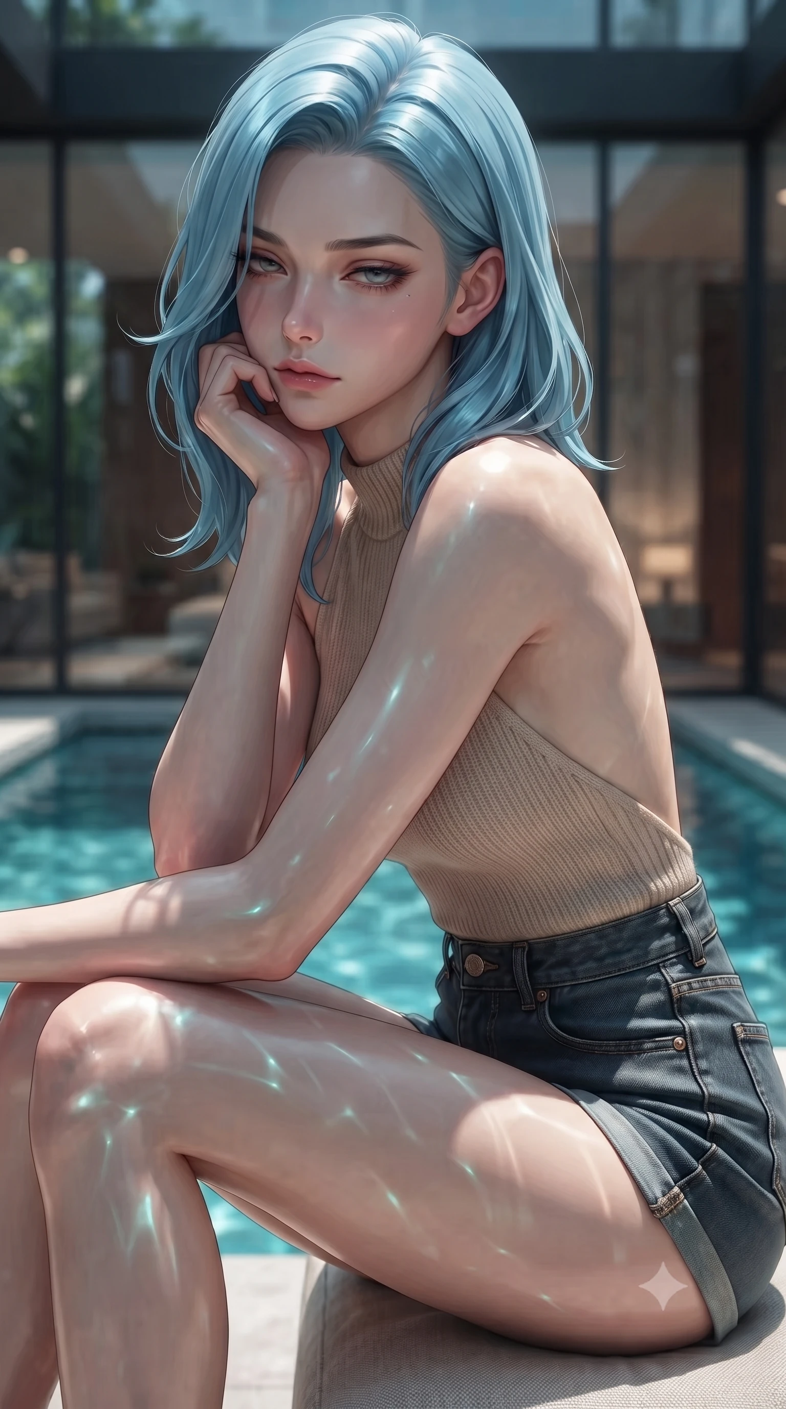 score_9, masterpiece, best quality, ultra-detailed, high-budget anime keyframe, editorial fashion photography, tasteful artistic composition, Korean woman woman. close-up cowboy shot from the waist and thighs up, the character dominates the composition, filling the frame with her large presence, background elements kept in soft focus. resting her chin on the backs of her fingers, casting a heavy-lidded, sultry look past the camera the background shows a soft-focus a luxury villa bedroom with glass walls looking directly into a quiet private swimming pool. She has an exceptionally elegant, slender, and willowy female figure with an ultra-slim waist, a gracefully sculpted slender torso, and a refined silhouette. sharp v-shaped jawline, high-bridge nose, intricate jewel-like eyes with depth, thick eyelashes, glossy lips with a natural sheen. wearing a form-contouring backless knit top in beige wool, paired with high-waisted denim shorts. shifting aqua light reflections from the pool water mapping across her features. ultra-reflective glossy finish, specular highlights, metallic sheen, high-contrast stereoscopic depth, volumetric dynamic lighting, 2k, ultra detail, master piece, 9:16 ratio