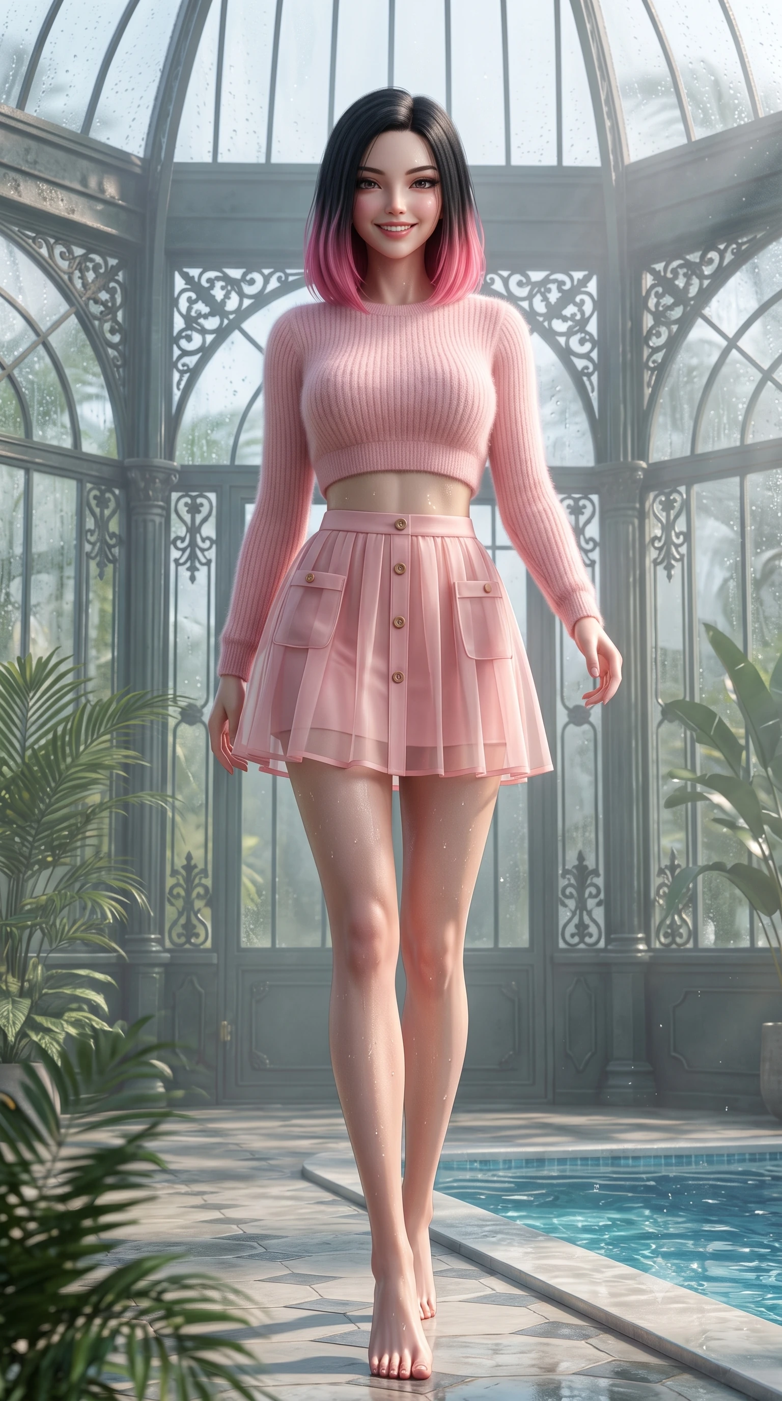 score_9, masterpiece, best quality, ultra-detailed, high-budget anime keyframe, semi-realistic 3D game render, editorial fashion photography, tasteful artistic composition, Korean woman. low angle full-body shot from head to toe showing her feet, filling the entire 9:16 vertical frame with her statuesque presence, stretching her vertical silhouette. stepping forward gracefully in mid-motion with a radiant beaming smile, hips swaying in an alluring kinetic rhythm that accentuates her curvy hourglass silhouette and long slender legs while leaning against a curved structural glasshouse pillar with hips cocked back, casting an enchanting, sultry bedroom-gaze through tropical mist. The surrounding environment is rendered in vivid detail and crisp panoramic clarity. detailed dress weave, moisture beads on skin, and Victorian glasshouse architecture in high clarity. She has an exceptionally tall and slender model-like 8.5-heads proportion, an ultra-slim waist, a flat toned midriff, narrow delicate ribcage, and beautifully sculpted feminine hips creating a graceful, slim hourglass silhouette without any bulky heaviness, with impossibly long slender legs. sharp v-shaped jawline, high-bridge nose, intricate jewel-like sparkling eyes with depth, thick eyelashes, glossy parted lips with a natural peach sheen, bright cheerful beaming smile with an enchanting and coquettish sensual glint, exuding both youthful cute charm and seductive allure, flawlessly proportioned anatomical accuracy, strict slender model proportions, natural body alignment, perfectly sculpted long slender limbs, ultra-slim waistline, clean dynamic posture without body distortion. wearing a soft angora crop knit sweater with a sheer pleated organza mini skirt over an opaque silk slip in cherry blossom pink and soft rose gold, formed from supple second-skin stretch ribbed knit clinging to her form, finished with neat front wooden buttons and delicate pocket details, the form-fitting cut adhering flawlessly to her sculpted flat midriff and slender torso, emphasizing her long leg lines and perfectly proportioned willowy build. illuminated by sparkling pool water caustics sharply sculpting her razor-sharp jawline, narrow waist, and curvy hips. highly saturated vibrant anime colors, detailed shading with soft gradients, rich glossy textures, high-contrast stereoscopic depth, volumetric dynamic lighting, master piece, 9:16 ratio