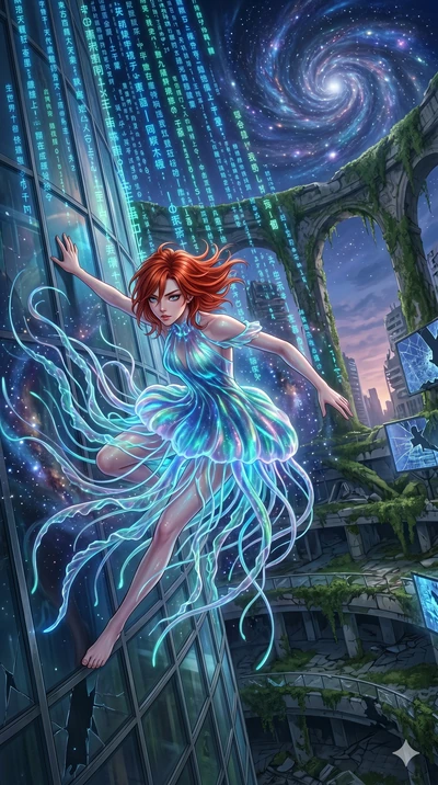 score_9, masterpiece, best quality, ultra-detailed, Set A: High-budget Anime Keyframe, Japanese woman. Upper body close-up from the thighs up, character filling the screen for maximum presence. Theme: Historical Remix. sliding down a glass skyscraper