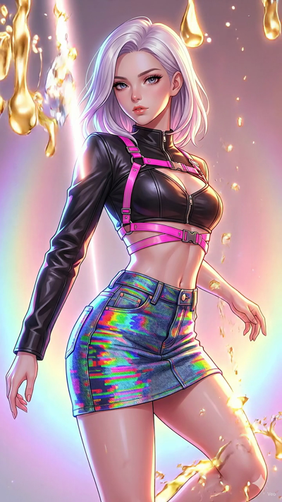 A high-budget anime film style video. Bright volumetric light beams stream through hanging crystals, refracting into dynamic, rotating rainbow flares that sweep across the frame. Shimmering dust motes float through the illuminated beams. The camera m