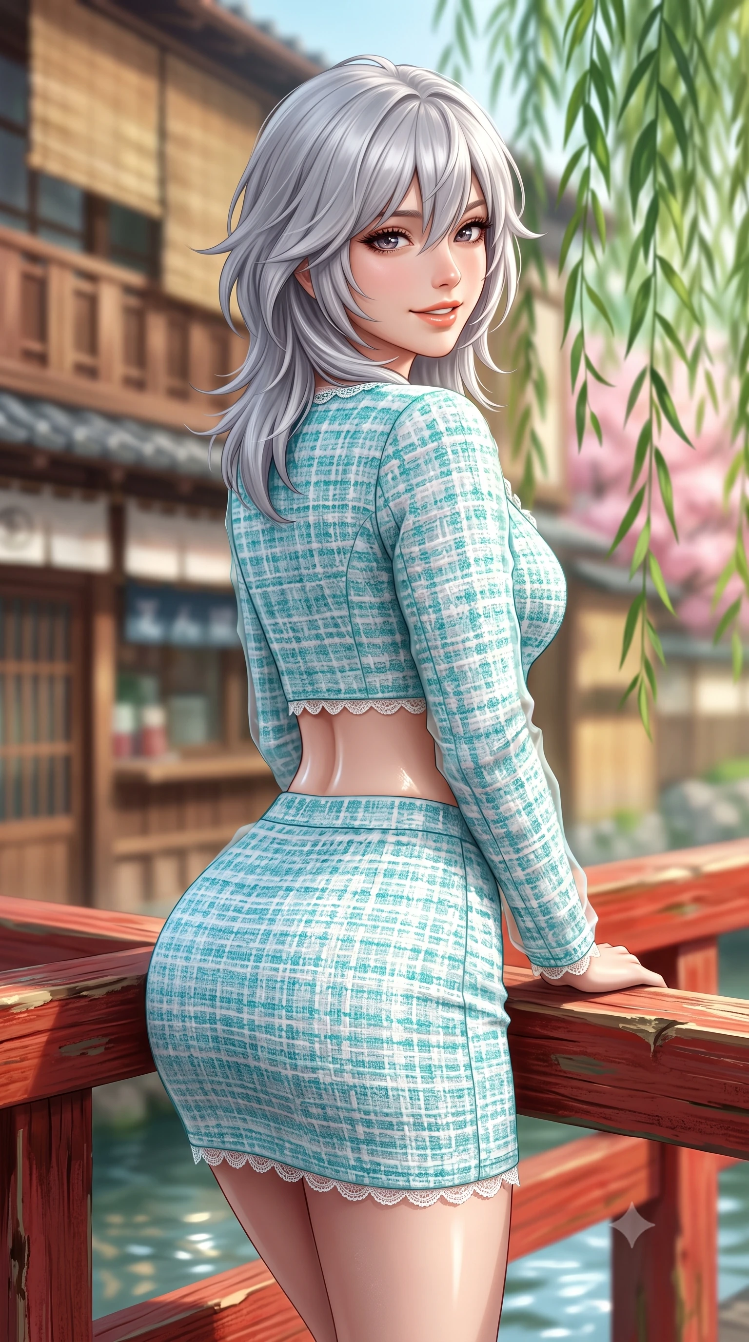 score_9, masterpiece, best quality, ultra-detailed, high-budget anime keyframe, semi-realistic 3D game render, editorial fashion photography, tasteful artistic composition, Japanese woman. close-up cowboy shot from the waist and thighs up, the character dominates the composition, filling the frame with her large presence. posing in an alluring rear three-quarter angle, turning over a bare shoulder with an intoxicating cute smile, her hips cocked back to highlight her slim hourglass curve while leaning against the red-lacquered wooden bridge railing with hips cocked back, looking over a bare shoulder with shy yet deliciously coquettish eyes. The composition keeps background elements in soft focus with dreamy creamy bokeh. swaying emerald weeping willow branches and historic wooden teahouse facades blurred into soft jade, amber, and cherry blossom bokeh. She has an exceptionally elegant, slender, and willowy female figure with an ultra-slim waist, flat toned midriff, narrow ribcage, and sculpted feminine hips creating an alluring, slim hourglass silhouette without bulk. sharp v-shaped jawline, high-bridge nose, intricate jewel-like sparkling eyes with depth, thick eyelashes, glossy parted lips with a natural peach sheen, bright cheerful beaming smile with an enchanting and coquettish sensual glint, exuding both youthful cute charm and seductive allure, flawlessly proportioned anatomical accuracy, strict slender model proportions, natural body alignment, perfectly sculpted long slender limbs, ultra-slim waistline, clean dynamic posture without body distortion. wearing a cute pastel tweed two-piece set with a cropped jacket and ultra-fitted high-waisted mini skirt tracing her hips in ocean turquoise and sea-salt white, woven from layered gossamer organza with weightless flutter, finished with delicate lace scallop edging along the neckline, the form-contouring cut accentuating her sculpted flat midriff, narrow delicate ribcage, and gracefully curvy hips with supermodel precision. illuminated by crystal water specular reflections accentuating her sculpted midriff, narrow waist, and curvy hips. highly saturated vibrant anime colors, detailed shading with soft gradients, rich glossy textures, high-contrast stereoscopic depth, volumetric dynamic lighting, master piece, 9:16 ratio